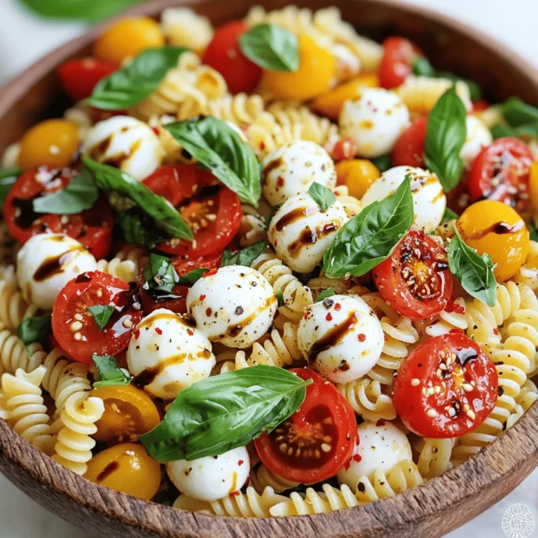 For the perfect Caprese pasta salad, you need these fresh ingredients: - 8 oz (225g) pasta (fusilli or bowtie works best) - 1 cup cherry tomatoes, halved - 1 cup mozzarella balls (bocconcini), drained and rinsed - 1/2 cup fresh basil leaves, torn - 1/4 cup extra virgin olive oil - 2 tablespoons balsamic reduction - 1 teaspoon garlic powder - Salt, to taste - Freshly ground black pepper, to taste - Optional: 1/4 teaspoon red pepper flakes for heat If you need alternatives, here are some great options: - Use gluten-free pasta if you are gluten-sensitive. - For a dairy-free option, try using vegan cheese or omit it entirely. - Swap balsamic reduction with lemon juice for a zesty twist. - Add in arugula or spinach if you want more greens. To make your salad pop, consider these seasoning options: - Fresh herbs like oregano or thyme can add depth. - A sprinkle of lemon zest brightens the flavors. - For a smoky taste, use smoked sea salt instead of regular salt. - Mix in a teaspoon of Dijon mustard for a tangy kick. These ingredients and options give your Caprese pasta salad a fresh, vibrant taste. Enjoy the process of mixing and matching to make it your own! Start by boiling water in a large pot. Add a good pinch of salt for flavor. Once the water boils, add 8 ounces of pasta. I like using fusilli or bowtie for fun shapes. Cook according to the package until al dente. This means it should be firm but not hard. Drain the pasta in a colander and rinse it with cold water. This stops the cooking and cools the pasta. Set it aside to cool completely. In a large mixing bowl, combine 1 cup of halved cherry tomatoes, 1 cup of drained mozzarella balls, and 1/2 cup of torn basil leaves. This fresh mix adds color and taste. In a small bowl, whisk together 1/4 cup of extra virgin olive oil, 2 tablespoons of balsamic reduction, 1 teaspoon of garlic powder, and salt and pepper to taste. If you like some spice, add 1/4 teaspoon of red pepper flakes. Pour this dressing over the tomatoes, mozzarella, and basil. Add the cooled pasta and toss gently. Make sure everything gets coated well. After mixing, taste your salad. If you want more flavor, adjust salt and pepper. Cover the bowl with plastic wrap or use an airtight container. Refrigerate for about 30 minutes. This lets the flavors blend and get even better. Serve the Caprese pasta salad chilled or at room temperature. For a pretty touch, add extra basil leaves on top right before serving. Enjoy your fresh, tasty dish! When you make Caprese pasta salad, some errors can ruin the dish. Here are a few to keep in mind: - Overcooking the pasta: Aim for al dente. This keeps the pasta firm. - Not rinsing the pasta: Rinse it under cold water to stop cooking. - Using low-quality ingredients: Fresh, high-quality tomatoes and mozzarella make a big difference. - Skipping the chill time: Letting the salad rest helps the flavors blend well. You can easily add your twist to this salad. Here are some ideas: - Add protein: Toss in grilled chicken, shrimp, or chickpeas for a filling meal. - Change the pasta: Try whole wheat or gluten-free pasta for different textures. - Switch up the herbs: Use parsley or mint if you want a new flavor. - Add veggies: Spinach, arugula, or bell peppers can make it even fresher. Caprese pasta salad pairs well with many dishes and drinks. Here are some great options: - Grilled meats: Chicken, steak, or fish complement the salad nicely. - Bruschetta: A tasty starter that matches the Italian theme. - Wines: A crisp white wine or light red enhances the meal. - Lemonade or iced tea: These drinks balance the salad’s rich flavors. {{image_4}} To make a vegan Caprese pasta salad, swap mozzarella with vegan cheese. You can also use avocado for a creamy texture. Fresh basil and cherry tomatoes still add bright flavors. Use olive oil and balsamic reduction for the dressing. This version is just as fresh and tasty but plant-based. You can boost your salad's protein by adding chickpeas or grilled chicken. Cubed tofu also works well for a plant-based option. Just mix your choice of protein with the pasta, tomatoes, and mozzarella. It will make your salad filling and nutritious. Change your ingredients with the seasons. In summer, add zucchini or bell peppers. In fall, roasted butternut squash or kale can bring warmth and flavor. Winter salads can include roasted Brussels sprouts or even pomegranate seeds for a pop of color. This way, you enjoy fresh tastes all year long. To keep your Caprese pasta salad fresh, store it in an airtight container. Make sure to press out as much air as possible. This helps avoid sogginess and keeps the flavors bright. If you have leftover dressing, store it separately. This way, you can drizzle it on just before serving. When stored properly in the fridge, Caprese pasta salad lasts about 3 days. After that, the ingredients may lose their crunch and flavor. If you notice any changes in smell or texture, it’s best to toss it out. Always use your senses to check if it’s still good. I do not recommend freezing Caprese pasta salad. The fresh ingredients like tomatoes and basil do not freeze well. They can become mushy when thawed. Instead, enjoy the salad fresh. If you must store for longer, consider freezing just the pasta. Cooked pasta can last about 2 months in the freezer. When ready to eat, thaw in the fridge overnight and toss with fresh ingredients. Yes, you can make Caprese pasta salad ahead of time. In fact, I often do! Preparing it a few hours in advance helps the flavors mix well. Just keep it in the fridge until you are ready to serve. This salad tastes even better after it sits for a bit. Just be sure to cover it tightly to avoid drying out. For Caprese pasta salad, I recommend using fusilli or bowtie pasta. These shapes hold the dressing well. They also capture bits of tomato and cheese. You can use other types too, like penne or rotini. Just make sure the pasta is small enough to eat in one bite. Yes, Caprese pasta salad is a healthy choice. It has fresh tomatoes, mozzarella, and basil, which are all packed with nutrients. The olive oil adds healthy fats. Just keep an eye on the amount of dressing you use. If you want a lighter version, you can cut back on the oil or cheese. The blog post covered how to make a tasty Caprese pasta salad. We explored essential ingredients, cooking steps, and ways to enhance flavor. You learned about different variations and helpful storage tips to keep leftovers fresh. In closing, this dish is flexible and perfect for any occasion. Enjoy customizing it to suit your taste and dietary needs. Happy cooking!