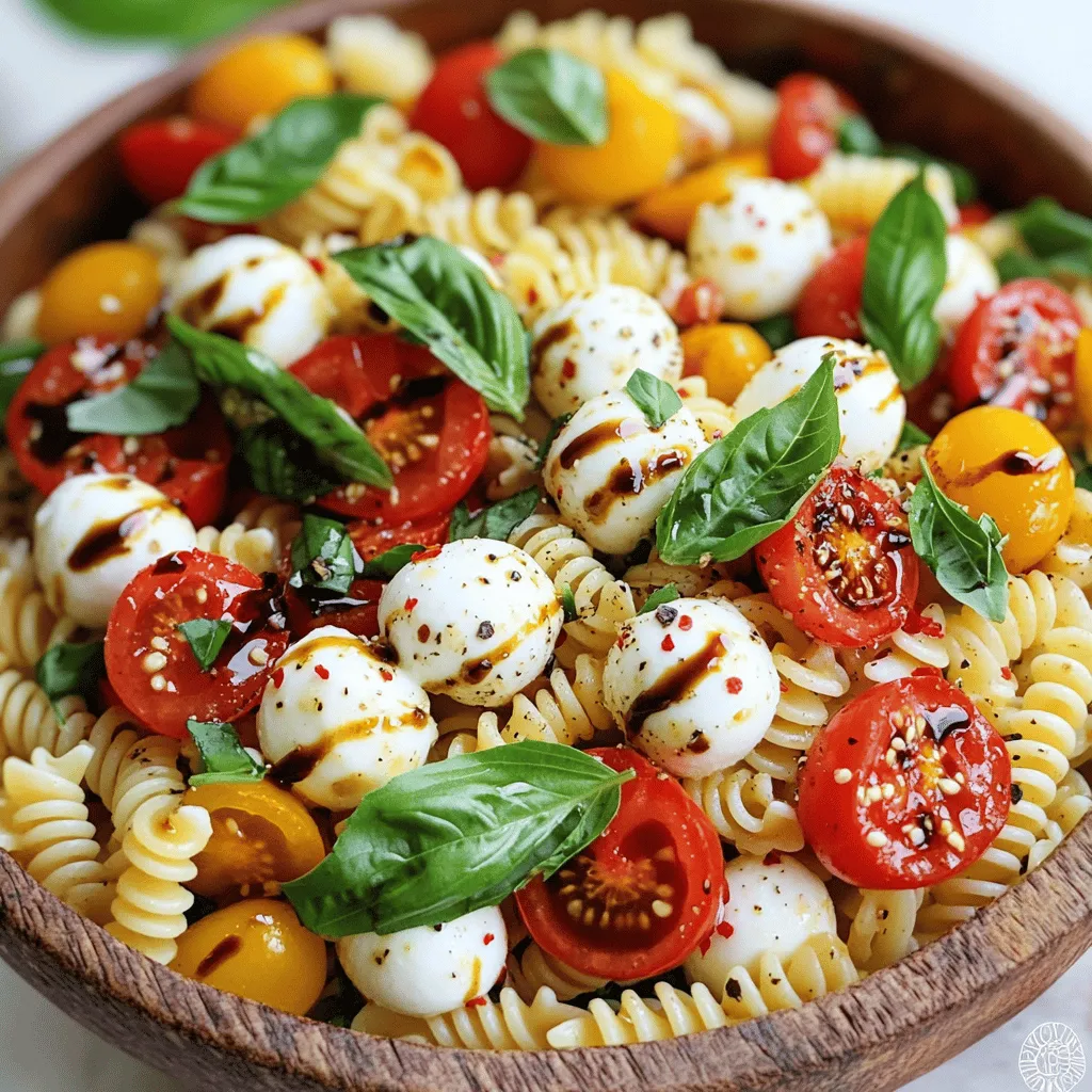 For the perfect Caprese pasta salad, you need these fresh ingredients: - 8 oz (225g) pasta (fusilli or bowtie works best) - 1 cup cherry tomatoes, halved - 1 cup mozzarella balls (bocconcini), drained and rinsed - 1/2 cup fresh basil leaves, torn - 1/4 cup extra virgin olive oil - 2 tablespoons balsamic reduction - 1 teaspoon garlic powder - Salt, to taste - Freshly ground black pepper, to taste - Optional: 1/4 teaspoon red pepper flakes for heat If you need alternatives, here are some great options: - Use gluten-free pasta if you are gluten-sensitive. - For a dairy-free option, try using vegan cheese or omit it entirely. - Swap balsamic reduction with lemon juice for a zesty twist. - Add in arugula or spinach if you want more greens. To make your salad pop, consider these seasoning options: - Fresh herbs like oregano or thyme can add depth. - A sprinkle of lemon zest brightens the flavors. - For a smoky taste, use smoked sea salt instead of regular salt. - Mix in a teaspoon of Dijon mustard for a tangy kick. These ingredients and options give your Caprese pasta salad a fresh, vibrant taste. Enjoy the process of mixing and matching to make it your own! Start by boiling water in a large pot. Add a good pinch of salt for flavor. Once the water boils, add 8 ounces of pasta. I like using fusilli or bowtie for fun shapes. Cook according to the package until al dente. This means it should be firm but not hard. Drain the pasta in a colander and rinse it with cold water. This stops the cooking and cools the pasta. Set it aside to cool completely. In a large mixing bowl, combine 1 cup of halved cherry tomatoes, 1 cup of drained mozzarella balls, and 1/2 cup of torn basil leaves. This fresh mix adds color and taste. In a small bowl, whisk together 1/4 cup of extra virgin olive oil, 2 tablespoons of balsamic reduction, 1 teaspoon of garlic powder, and salt and pepper to taste. If you like some spice, add 1/4 teaspoon of red pepper flakes. Pour this dressing over the tomatoes, mozzarella, and basil. Add the cooled pasta and toss gently. Make sure everything gets coated well. After mixing, taste your salad. If you want more flavor, adjust salt and pepper. Cover the bowl with plastic wrap or use an airtight container. Refrigerate for about 30 minutes. This lets the flavors blend and get even better. Serve the Caprese pasta salad chilled or at room temperature. For a pretty touch, add extra basil leaves on top right before serving. Enjoy your fresh, tasty dish! When you make Caprese pasta salad, some errors can ruin the dish. Here are a few to keep in mind: - Overcooking the pasta: Aim for al dente. This keeps the pasta firm. - Not rinsing the pasta: Rinse it under cold water to stop cooking. - Using low-quality ingredients: Fresh, high-quality tomatoes and mozzarella make a big difference. - Skipping the chill time: Letting the salad rest helps the flavors blend well. You can easily add your twist to this salad. Here are some ideas: - Add protein: Toss in grilled chicken, shrimp, or chickpeas for a filling meal. - Change the pasta: Try whole wheat or gluten-free pasta for different textures. - Switch up the herbs: Use parsley or mint if you want a new flavor. - Add veggies: Spinach, arugula, or bell peppers can make it even fresher. Caprese pasta salad pairs well with many dishes and drinks. Here are some great options: - Grilled meats: Chicken, steak, or fish complement the salad nicely. - Bruschetta: A tasty starter that matches the Italian theme. - Wines: A crisp white wine or light red enhances the meal. - Lemonade or iced tea: These drinks balance the salad’s rich flavors. {{image_4}} To make a vegan Caprese pasta salad, swap mozzarella with vegan cheese. You can also use avocado for a creamy texture. Fresh basil and cherry tomatoes still add bright flavors. Use olive oil and balsamic reduction for the dressing. This version is just as fresh and tasty but plant-based. You can boost your salad's protein by adding chickpeas or grilled chicken. Cubed tofu also works well for a plant-based option. Just mix your choice of protein with the pasta, tomatoes, and mozzarella. It will make your salad filling and nutritious. Change your ingredients with the seasons. In summer, add zucchini or bell peppers. In fall, roasted butternut squash or kale can bring warmth and flavor. Winter salads can include roasted Brussels sprouts or even pomegranate seeds for a pop of color. This way, you enjoy fresh tastes all year long. To keep your Caprese pasta salad fresh, store it in an airtight container. Make sure to press out as much air as possible. This helps avoid sogginess and keeps the flavors bright. If you have leftover dressing, store it separately. This way, you can drizzle it on just before serving. When stored properly in the fridge, Caprese pasta salad lasts about 3 days. After that, the ingredients may lose their crunch and flavor. If you notice any changes in smell or texture, it’s best to toss it out. Always use your senses to check if it’s still good. I do not recommend freezing Caprese pasta salad. The fresh ingredients like tomatoes and basil do not freeze well. They can become mushy when thawed. Instead, enjoy the salad fresh. If you must store for longer, consider freezing just the pasta. Cooked pasta can last about 2 months in the freezer. When ready to eat, thaw in the fridge overnight and toss with fresh ingredients. Yes, you can make Caprese pasta salad ahead of time. In fact, I often do! Preparing it a few hours in advance helps the flavors mix well. Just keep it in the fridge until you are ready to serve. This salad tastes even better after it sits for a bit. Just be sure to cover it tightly to avoid drying out. For Caprese pasta salad, I recommend using fusilli or bowtie pasta. These shapes hold the dressing well. They also capture bits of tomato and cheese. You can use other types too, like penne or rotini. Just make sure the pasta is small enough to eat in one bite. Yes, Caprese pasta salad is a healthy choice. It has fresh tomatoes, mozzarella, and basil, which are all packed with nutrients. The olive oil adds healthy fats. Just keep an eye on the amount of dressing you use. If you want a lighter version, you can cut back on the oil or cheese. The blog post covered how to make a tasty Caprese pasta salad. We explored essential ingredients, cooking steps, and ways to enhance flavor. You learned about different variations and helpful storage tips to keep leftovers fresh. In closing, this dish is flexible and perfect for any occasion. Enjoy customizing it to suit your taste and dietary needs. Happy cooking!