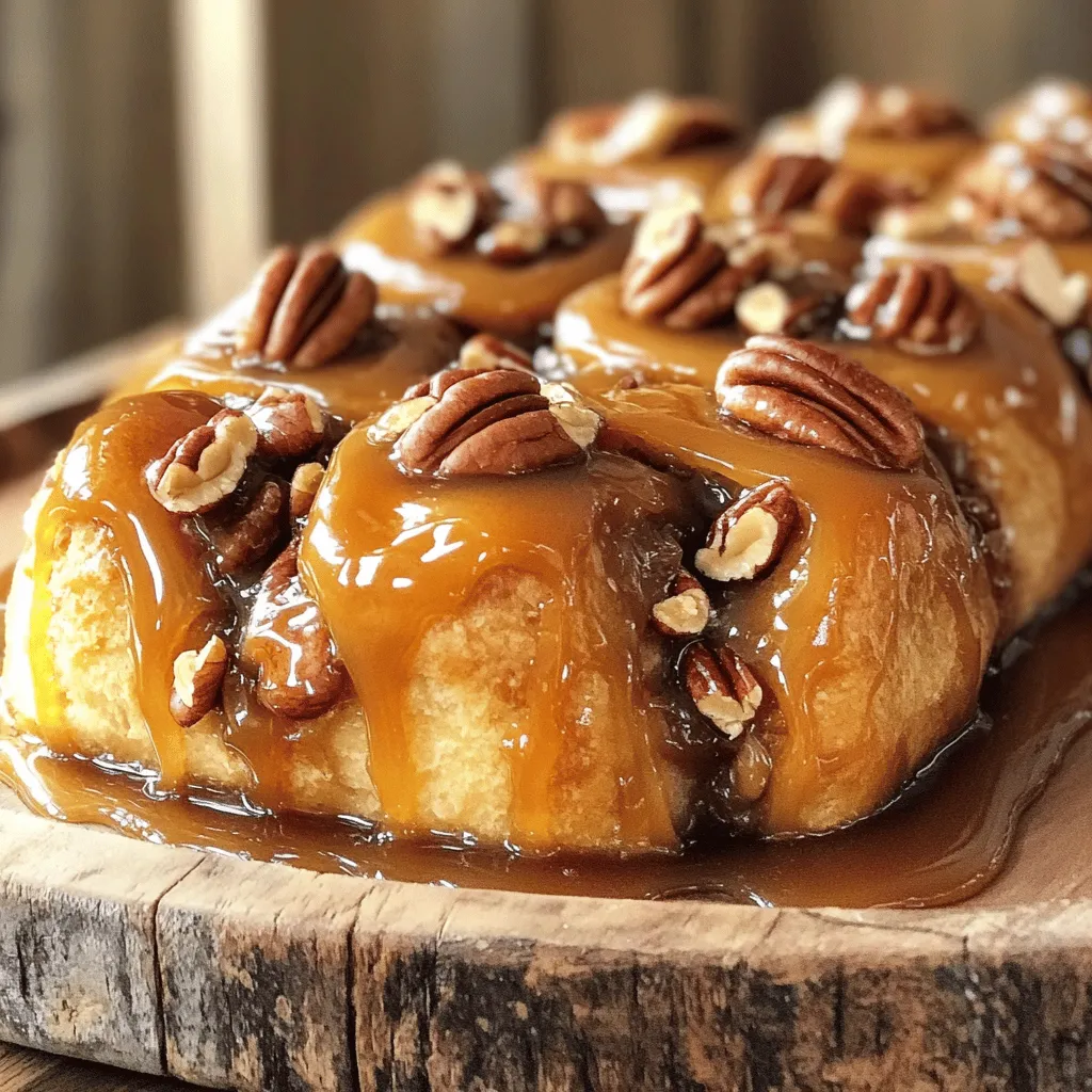 To make these sticky buns, you need some key ingredients: - 2 cups all-purpose flour, plus extra for dusting - 1/2 cup granulated sugar - 1/2 teaspoon salt - 1 packet (2 1/4 teaspoons) active dry yeast - 1/2 cup warm milk (about 110°F) - 1/4 cup unsalted butter, melted - 1 large egg - 1 teaspoon pure vanilla extract - 1 cup pecans, coarsely chopped - 1 cup dark brown sugar - 1/2 cup unsalted butter, softened to room temperature - 1/4 cup pure maple syrup - 1 teaspoon ground cinnamon - 1/4 teaspoon ground nutmeg - A pinch of salt These ingredients create the soft, fluffy dough and the sweet, gooey filling. To enhance the flavor, consider adding: - 1 teaspoon ground cinnamon - 1/4 teaspoon ground nutmeg - 1 teaspoon pure vanilla extract - 1 cup pecans, coarsely chopped These flavorings bring warmth and richness to the sticky buns. The cinnamon and nutmeg add a cozy touch. The pecans offer a nice crunch that pairs well with the soft dough. To start, you need to activate the yeast. In a small bowl, mix warm milk, sugar, and yeast. The milk should be about 110°F. Stir gently, then let it sit for 5 to 10 minutes. You will see bubbles form. This shows the yeast is ready to use. Next, make the dough. In a large bowl, whisk together 2 cups of flour, salt, melted butter, egg, and the frothy yeast mix. Stir until everything comes together. Now it’s time to knead. Sprinkle some flour on a clean surface. Place the dough on it and knead for 5 to 7 minutes. The dough should feel smooth and elastic. When ready, form the dough into a ball. Put it in a greased bowl and cover with plastic wrap. Let it rise in a warm spot for about 1 hour. It should double in size. While you wait, prepare the filling. In a medium bowl, mix dark brown sugar, softened butter, maple syrup, cinnamon, nutmeg, and a pinch of salt. Stir until you get a smooth paste. Once the dough has risen, gently punch it down. Turn it out onto a floured surface and roll it into a rectangle. Aim for about 12x18 inches. Spread the filling evenly over the dough. Then, scatter the chopped pecans on top. Starting from one edge, tightly roll the dough into a log. Use a sharp knife to cut the log into 12 equal pieces. Arrange the rolls in a greased 9x13 inch baking pan, cut sides up. Cover the pan with a kitchen towel. Let the rolls rise for another 30 to 45 minutes. They should puff up nicely. Preheat your oven to 350°F (175°C) while the rolls rise. Once they have risen, place the pan in the oven. Bake for 25 to 30 minutes. The rolls should be golden brown and cooked through. After baking, let the sticky buns cool in the pan for about 5 minutes. Carefully invert the pan onto a serving platter. Drizzle any caramel sauce left in the pan over the buns for extra sweetness. To get the right dough, you need a soft and smooth texture. Start with 2 cups of flour, but keep extra handy. If the dough feels sticky, add more flour a little at a time. The dough should feel slightly tacky but not stick to your hands. To ensure your yeast is active, mix warm milk, sugar, and yeast in a bowl. Let it sit for 5 to 10 minutes. If it bubbles and foams, your yeast is good to go. If it doesn’t, try again with new yeast. When spreading the filling, use a spatula for even coverage. Start from the center and move outward. Make sure every inch of dough has filling. This way, each bite will be sweet and flavorful. Avoid overfilling the dough. Too much filling can cause it to leak while baking. A thin layer is best, about 1/4 inch thick. This keeps your sticky buns from becoming a gooey mess. Bake your sticky buns at 350°F for about 25 to 30 minutes. You want them golden brown and puffed up. Check for doneness by tapping the top; it should sound hollow. For serving, let the buns cool for about 5 minutes. Then, flip the pan onto a platter. Drizzle leftover caramel sauce over the buns for extra sweetness. Garnish with whole pecans for a beautiful touch. Enjoy your delicious creation! {{image_4}} You can mix things up with your caramel pecan sticky buns. Adding chocolate or caramel chunks gives them an extra sweet kick. The melted chocolate blends well with the gooey caramel. You get a rich flavor that many will love. If you want, try different nuts too. Walnuts add a nice crunch and flavor. Almonds can also work well. They provide a different taste but still pair nicely with the caramel. If you need gluten-free options, you can use gluten-free flour. Make sure it has xanthan gum for the best results. This way, you still get a great texture. For a vegan version, skip the eggs and dairy. Use almond or soy milk instead of regular milk. You can also use vegan butter. This way, everyone can enjoy these sticky buns. Store your sticky buns at room temperature for the best flavor. Place them in an airtight container. If you have a lot left, you can refrigerate them. However, they may dry out a bit. To keep them soft, wrap them tightly in plastic wrap before placing them in the fridge. To freeze your sticky buns, let them cool completely. Wrap each bun in plastic wrap, then place them in a freezer bag. Make sure to remove as much air as possible. When you want to enjoy them, take out the desired amount. Let them thaw in the fridge overnight. Reheat them in the oven at 350°F for about 10-15 minutes. This helps restore their gooey texture. Sticky buns taste best within two days of baking. After that, they are still good for about a week. To keep them fresh, store them properly as mentioned. If you freeze them, they can last for about three months. Always check for any signs of spoilage before eating. Enjoy your sweet treat while it’s at its best! Yes, you can make the dough ahead of time. To do this, follow these steps: - Prepare the dough as usual, and let it rise until it doubles in size. - Cover the bowl tightly with plastic wrap and place it in the fridge. This will slow down the yeast. - Use it within 24 hours for the best taste. - When ready to bake, take it out and let it sit at room temperature for about 30 minutes before rolling it out. This makes baking easier for busy mornings. If you don’t have pecans, worry not! - Walnuts are a great choice. They have a similar taste and crunch. - Almonds can also work. Chop them coarsely for a nice texture. - For a fun twist, try chocolate chips or dried fruits like raisins or cranberries. They add sweet notes. Feel free to mix and match these options to suit your taste! To check if your sticky buns are done, look for these signs: - Golden brown color on top. This means they are baked well. - Puffy and soft texture. They should spring back when you gently press them. - Internal temperature should reach about 190°F for perfect doneness. Keep an eye on them during the last few minutes of baking, as ovens can vary. Enjoy the smell that fills your kitchen as they bake! In this blog post, we've explored how to make caramel pecan sticky buns from scratch. We discussed essential and optional ingredients, along with detailed steps to prepare and bake them. I shared tips for perfecting your dough and filling techniques. You can also try flavor variations, dietary adjustments, and proper storage methods. Remember, baking is fun and a chance to get creative. Use these ideas to make your sticky buns unique. Enjoy sharing this treat with friends and family!