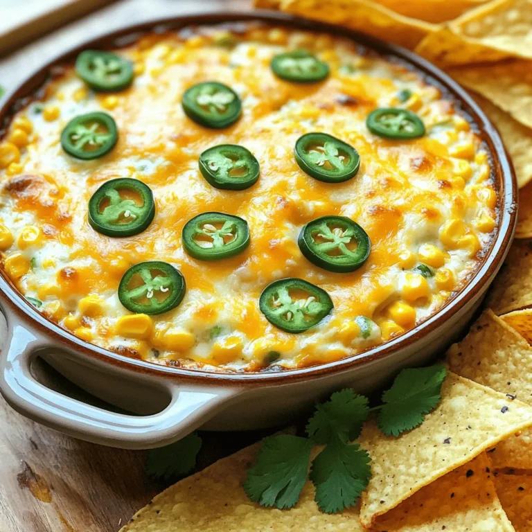 - 1 can (15 oz) sweet corn, thoroughly drained - 1 can (10 oz) diced tomatoes and green chilies, well-drained - 1 cup cream cheese, softened to room temperature - 1 cup shredded sharp cheddar cheese - 1/2 cup sour cream - 2-3 fresh jalapeños, finely chopped - 1 teaspoon garlic powder - 1 teaspoon onion powder - Salt and pepper, to taste - Tortilla chips, for serving This dip is a crowd-pleaser with layers of flavor. Sweet corn gives a nice crunch. The diced tomatoes and green chilies add a zesty kick. Cream cheese makes the dip rich and creamy. Cheddar cheese lends a sharp flavor, while sour cream adds tanginess. Jalapeños bring heat, but you can adjust them to your liking. Use fresh ones for the best taste. Garlic and onion powders enhance the depth of flavor. Salt and pepper are simple, but they help balance the whole dish. Finally, you’ll need tortilla chips for dipping. They are perfect for scooping up this tasty treat. Grab these ingredients, and you're ready to create something special! 1. First, preheat your oven to 350°F (175°C). This step helps the dip cook evenly. 2. In a large bowl, mix together 1 cup of softened cream cheese and 1/2 cup of sour cream. Add 1 teaspoon of garlic powder and 1 teaspoon of onion powder. Stir until smooth and creamy. You want no lumps in this mix. 3. Next, fold in 1 can of drained sweet corn, 1 can of diced tomatoes and green chilies, and 2-3 finely chopped fresh jalapeños. If you like it spicy, add more jalapeños. Mix well. 4. Add in 1/2 cup of shredded sharp cheddar cheese. This will give the dip a nice cheesy flavor. Season with salt and pepper to taste. Mix again until everything is combined. 1. Transfer the dip mixture into an 8x8-inch baking dish. Spread it evenly with a spatula. 2. Sprinkle the remaining 1/2 cup of shredded cheddar cheese over the top. This creates a lovely cheesy crust. 3. Bake the dip in the preheated oven for 25-30 minutes. Look for it to be bubbly and golden brown. 4. Carefully take the dip out of the oven. Let it cool for a few minutes before serving. Enjoy with tortilla chips! - Achieving the right texture with cream cheese To get that creamy dip, start with softened cream cheese. Let it sit at room temperature for about 30 minutes. This makes it easier to blend. A smooth texture is key. - Adjusting jalapeño heat level for personal preference Not everyone loves heat. For a milder dip, use one jalapeño. For more kick, add two or three. Remove the seeds and ribs from the jalapeños to lessen the heat. Taste as you go to find your perfect level. - Mixing techniques for even distribution of ingredients When mixing, use a large bowl and a spatula. Start by blending the cream cheese and sour cream well. Then fold in the corn and tomatoes gently. This helps keep the dip light and fluffy. - Best accompaniments for the dip Serve your dip with crispy tortilla chips. They add a great crunch. You can also try fresh veggies like bell peppers or cucumber slices for a healthy twist. - Creative ways to serve and present For a fun presentation, use a cast-iron skillet. It keeps the dip warm longer. You can also add toppings like extra jalapeños or cilantro for color and flavor. - Pairing beverages with your dip for gatherings A cold beer pairs well with this dip. For a non-alcoholic option, try a sparkling water with lime. Both drinks complement the flavors nicely and keep the party going. {{image_4}} You can easily change this dip to fit your needs. For a dairy-free version, try using almond cream cheese and coconut yogurt instead of regular cream cheese and sour cream. This swap keeps the texture creamy without the dairy. If you want more protein, add cooked chicken or crispy bacon bits. Both options give the dip a hearty touch and boost flavor. You can also mix different cheese types, like pepper jack for a spicy kick or mozzarella for a milder taste. Seasonal changes can make this dip even better. In spring, add fresh corn or bell peppers for a crunch. Summer is great for ripe tomatoes or zucchini. These veggies add color and taste to the dip. For festive occasions, try adding seasonal spices like cumin for a warm flavor. You can also mix in chopped herbs like cilantro or parsley for a fresh twist. This gives the dip a unique touch based on the time of year. When you have leftover Cheesy Jalapeño Corn Dip, you want to store it right. First, let the dip cool down. Then, place it in an airtight container. This keeps it fresh and tasty. You can store it in your fridge for up to five days. If you want to keep it longer, freezing is a great option. Just scoop the dip into a freezer-safe container. Leave some space at the top for expansion. It can last in the freezer for about three months. To reheat, thaw the dip in the fridge overnight. You can warm it in the oven at 350°F for about 20 minutes. Stir it halfway through for even warmth. The Cheesy Jalapeño Corn Dip usually lasts about five days in the fridge. After that, the flavor and texture may change. Always check the dip before eating. Look for these signs of spoilage: - Unpleasant smell - Changes in color - Mold or unusual texture If you notice any of these, it's best to throw the dip away. Always prioritize your health and safety. Yes, you can prepare Cheesy Jalapeño Corn Dip in advance. Mix all your ingredients and place them in a baking dish. Cover it tightly with plastic wrap or foil. Store it in the fridge for up to 24 hours before baking. This makes it easy to serve at parties without stress. If you don't have fresh jalapeños, there are great alternatives. You can use pickled jalapeños for a tangy flavor. Another option is to use canned jalapeños, which are milder and ready to use. You can also try green bell peppers for a sweet and mild taste. Yes, you can easily make Cheesy Jalapeño Corn Dip in a slow cooker. Combine all your ingredients in the slow cooker and set it on low for about 2 hours. Stir occasionally until everything is melted and hot. This method is great for keeping the dip warm during gatherings. This blog post covered all you need to know for Cheesy Jalapeño Corn Dip. We explored the perfect blend of ingredients, from sweet corn to cream cheese. I provided clear steps to prepare, bake, and serve it. You also learned tips for making it your own with substitutes and variations. Finally, I shared storage info to keep your dip fresh. Now, it’s time for you to impress your friends at your next gathering with this easy and delicious dip. Enjoy!