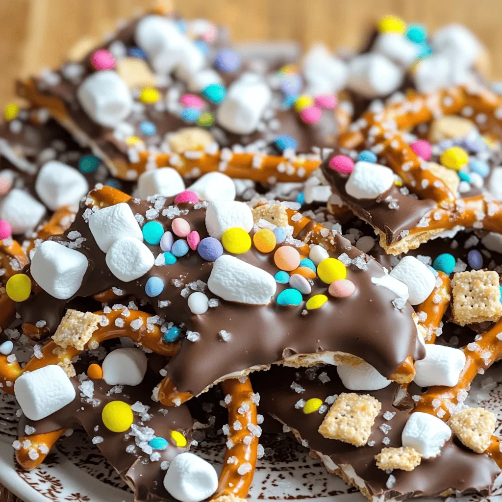 - 1 cup pretzel rods, broken into smaller pieces - 1 cup milk chocolate chips - 1 cup white chocolate chips - 1/2 cup mini marshmallows - 1/4 cup crushed graham crackers - 1/4 cup rainbow sprinkles - Sea salt, for a light sprinkle When measuring ingredients, use measuring cups for dry items. For chips, scoop and level off. Make sure to break pretzel rods into smaller pieces. This helps them mix well with the chocolate. For chocolate chips, I recommend using a kitchen scale if you have one. One cup of chips is usually about 6 ounces. This can help you get it just right. You can make this bark your own! Try using dark chocolate instead of milk chocolate. It adds a rich taste. You can also add nuts like almonds or pecans for a crunch. Dried fruits, like cranberries, can add a sweet and tangy touch. Feeling festive? Use colored sprinkles that match a holiday! First, preheat your oven to 350°F (175°C). Line your baking sheet with parchment paper. This helps the bark come off easily later. In a large bowl, add 1 cup of broken pretzel rods. Toss in half of the rainbow sprinkles. Mix gently until combined. Spread this mixture evenly on the baking sheet to make a nice layer. Next, grab a microwave-safe bowl to melt the chocolate. Start with the milk chocolate chips. Heat them in the microwave for 30 seconds. Stir the chocolate and heat again in 30-second bursts until it is smooth. Pour the melted milk chocolate over the pretzel layer. Make sure to cover it well. Now, melt the white chocolate chips using the same method. Drizzle the white chocolate over the milk chocolate. Use a knife to swirl the two chocolates for a fun design. Now it’s time to add toppings! Scatter mini marshmallows, crushed graham crackers, and the rest of the rainbow sprinkles over the chocolate layers. This adds great texture and looks nice too. For a tasty twist, sprinkle sea salt on top. It brings out the chocolate's flavor. Place the baking sheet in the fridge for at least 1 hour. Once the chocolate is hard, break the bark into pieces. Enjoy your sweet treat! When melting chocolate, consistency is key. Here are some tips to help you: - Use a microwave-safe bowl. - Chop the chocolate into small pieces. - Heat in 30-second intervals. - Stir after each interval to check the progress. - Stop when the chocolate is mostly melted. - Stir until smooth and shiny. This method prevents overheating. Overheated chocolate can seize and become grainy. To create a stunning swirl, follow these steps: 1. Melt both milk and white chocolate separately. 2. Pour the milk chocolate over the pretzel layer first. 3. Drizzle the white chocolate on top. 4. Use a knife or skewer to swirl gently. Be careful not to mix them completely. You want distinct swirls for visual appeal. Presentation matters when serving your bark. Here are some fun ideas: - Use a decorative plate for an elegant look. - Drizzle more melted chocolate over the top. - Cut the bark into fun shapes with cookie cutters. - Package pieces in clear bags with ribbons for gifts. These tips add charm and make your treat stand out. Enjoy sharing your delicious creation! {{image_4}} You can change the flavor of your chocolate covered pretzel bark in fun ways. Try using dark chocolate for a richer taste. It pairs well with the salty pretzels. You can also use white chocolate only for a sweeter treat. If you love peanut butter, mix in some peanut butter chips. This adds a nutty flavor that makes each bite special. Get creative with your toppings! Instead of marshmallows, use nuts like almonds or pecans. This adds a nice crunch. Dried fruits like cranberries or apricots also work well. They give a chewy texture that contrasts with the crunch of pretzels. You can even sprinkle on some coconut flakes for a tropical twist. Make your bark match the seasons! For holidays, use festive colors. Add red and green sprinkles for Christmas or orange and black for Halloween. For Easter, pastel-colored candies can brighten up your bark. You can even shape the bark into hearts for Valentine's Day. This makes your treat extra special for any occasion. To keep your chocolate covered pretzel bark fresh, store it in an airtight container. This helps to keep moisture out. Line the container with wax paper to prevent sticking. If you cut the bark into pieces, place parchment paper between layers to avoid clumping. Chocolate covered pretzel bark lasts about two weeks at room temperature. Keep it cool and dry for best results. If you want to store it longer, you can freeze it. Wrap each piece in plastic wrap, then place them in a freezer bag. It can last up to three months in the freezer. When you’re ready to eat it, let it thaw in the fridge overnight. For a sweet gift, use clear gift bags. Place a few pieces of bark inside and tie them with a colorful ribbon. You can also use small boxes. Add a layer of tissue paper for a nice touch. This way, your friends will love the look and taste of your homemade treat! Yes, you can use different types of chocolate. You might try dark chocolate or even flavored chocolates. Each type brings a new taste to your treat. Dark chocolate gives a rich flavor, while white chocolate adds sweetness. Feel free to mix and match to find your favorite blend. To keep chocolate from seizing, avoid moisture. Make sure all bowls and utensils are dry. When melting, use short bursts in the microwave. Stir between each burst to help it melt evenly. If chocolate does seize, you can try adding a small amount of vegetable oil. This can help bring it back to a smooth state. If your bark is too thick, you can break it into smaller pieces. This makes it easier to eat. Next time, you can spread the chocolate layer thinner on the pretzels. Also, try using a larger baking sheet. This way, the chocolate spreads out more, and the bark will be thinner. You now have all the know-how to make chocolate covered pretzel bark. Remember the key ingredients and tips. Melting chocolate is easy if you follow the best practices. You can even customize with fun flavors and toppings. Store it well to keep it fresh. This treat is perfect for gifts or celebrations. I hope you enjoy creating it as much as I do!