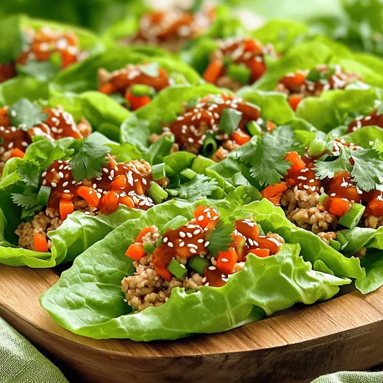 To make Sweet Chili Chicken Lettuce Wraps, you need: - 1 lb (450g) ground chicken - 1 tablespoon vegetable oil - 1 red bell pepper, finely diced - 1 cup carrots, grated - 4 green onions, sliced thinly - 2 cloves garlic, minced - 1 tablespoon fresh ginger, finely grated - 1/4 cup soy sauce - 1/4 cup sweet chili sauce - 1 tablespoon rice vinegar - 1 teaspoon sesame oil - 1 head of butter or iceberg lettuce, leaves carefully separated - Sesame seeds for garnish - Fresh cilantro, roughly chopped, for garnish Using fresh ingredients brings the best flavors. Fresh garlic and ginger add a zing that dried forms can’t match. The crunch of fresh veggies makes each bite exciting. Fresh cilantro adds a bright note that balances the sweet chili sauce. Dried ingredients can work in a pinch, but they won’t deliver the same taste. If you don’t have ground chicken, try ground turkey. It works well in this recipe. For a vegetarian option, use crumbled tofu or tempeh. If you want a spicy kick, add some red pepper flakes to the sauce. Don’t have sesame oil? Use olive oil instead. You can swap soy sauce with tamari for a gluten-free option. Each substitution still keeps the dish tasty and fun. First, gather all your ingredients. You need ground chicken, vegetable oil, red bell pepper, carrots, green onions, garlic, ginger, soy sauce, sweet chili sauce, rice vinegar, sesame oil, and lettuce. 1. Heat the vegetable oil in a large skillet over medium heat. 2. Add minced garlic and grated ginger. Sauté for about 1 minute. 3. Next, add the ground chicken. Break it apart as it cooks. 4. Cook until the chicken is browned, about 5-7 minutes. 5. Stir in red bell pepper, grated carrots, and green onions. Cook for 3-4 minutes. 6. In a small bowl, whisk together soy sauce, sweet chili sauce, rice vinegar, and sesame oil. 7. Pour the sauce over the chicken mixture. Stir well and cook for another 2-3 minutes. 8. Remove the skillet from heat. Let the mixture cool a bit before serving. Take a lettuce leaf and add a generous spoonful of the chicken mixture. Top with sesame seeds and fresh cilantro. For a bright display, arrange the wraps on a colorful platter. Drizzle any leftover sauce from the skillet over the wraps for extra flavor. To boost the taste of your Sweet Chili Chicken Lettuce Wraps, use fresh ingredients. Fresh ginger and garlic bring a stronger taste than dried ones. Adjust the sweet chili sauce to suit your taste. If you like it sweet, add more sauce. For a spicy kick, mix in some red pepper flakes. Start with a hot skillet to brown the chicken well. This step adds a nice depth of flavor. Stir often to ensure even cooking. When adding vegetables, don’t overcook them. You want them tender but still crisp. This keeps the wraps bright and fresh. Make your wraps look great by using a colorful platter. Arrange the filled lettuce leaves neatly. Drizzle extra sauce over the wraps for a shiny finish. Sprinkle sesame seeds and cilantro on top for a pop of color. This makes the dish inviting and fun to eat. {{image_4}} You can easily make sweet chili chicken lettuce wraps gluten-free. Just swap soy sauce for tamari. This small change keeps your meal safe for those with gluten issues. For a low-carb version, use more veggies and less sauce. You can also cut out the rice vinegar if you want to lower carbs even further. Ground chicken is great, but you can use other proteins. Ground turkey works just as well and has a similar taste. If you prefer a plant-based option, try crumbled tofu. Tofu absorbs flavors well and gives a nice texture. You can also use ground pork or even shrimp for a seafood twist. The sweet chili sauce adds a nice kick. However, you can mix it up! Try adding sriracha for heat or hoisin sauce for a sweet twist. If you want a smoky flavor, add a touch of smoked paprika. Experiment with fresh herbs like basil or mint for unique tastes. Each change can give your lettuce wraps a new life! After making Sweet Chili Chicken Lettuce Wraps, let them cool to room temperature. Place any leftover chicken mixture in an airtight container. Store it in the fridge for up to 3 days. The lettuce leaves should stay separate. Wrap them in a damp paper towel to keep them crisp. You can freeze the chicken mixture for later use. Place it in a freezer-safe container. It will last for up to 3 months. When ready to eat, thaw it overnight in the fridge. Do not freeze the lettuce leaves, as they will become soggy. To reheat the chicken mixture, use a skillet over medium heat. Stir often until it is hot. You can also use a microwave. Heat in short bursts, stirring in between, until warm. Serve in fresh lettuce leaves for a crunchy wrap. Yes, you can use other types of lettuce. Romaine or butter lettuce works well. Each type gives a different crunch and taste. You can also try cabbage leaves for a firmer wrap. To add heat, use more sweet chili sauce or add red pepper flakes. You can also mix in chopped fresh chili peppers. For a zesty kick, try a dash of hot sauce. Adjust the spice level to your taste. Serve these wraps with rice or noodles for a complete meal. A side salad adds freshness too. You can also offer extra sauce for dipping. Fresh fruit or spring rolls make great sides as well. This blog post covered key ingredients for your dish, including fresh versus dried options and substitutions. You learned step-by-step instructions for prep, cooking, and serving. We explored tips for better flavor, techniques, and presentation. I shared ways to adapt the recipe for different diets and proteins, along with storage and reheating tips. Remember, cooking is fun and flexible. Feel free to experiment and make it your own!
