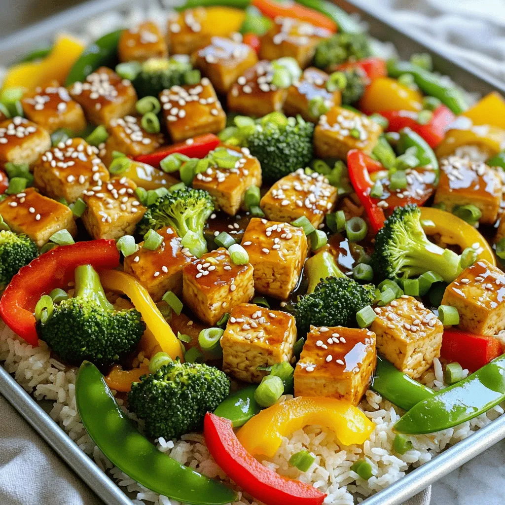 - Firm tofu (14 oz, pressed and cubed) - Assorted bell peppers (2 cups, sliced) - Broccoli florets (1 cup) - Snap peas (1 cup, trimmed) - Soy sauce or tamari (3 tablespoons) - Pure maple syrup (2 tablespoons) - Sesame oil (1 tablespoon) - Garlic (2 cloves, minced) - Fresh ginger (1 teaspoon, grated) - Sesame seeds (for garnish) - Green onions (3, thinly sliced, for garnish) - Cooked rice or quinoa (for serving) When I think of making this dish, I always start with the main ingredients. The firm tofu is key. It holds its shape and soaks up the teriyaki sauce well. Pressing it removes extra water, which helps it absorb flavors. Next, I pick vibrant bell peppers. I like using red, yellow, and green for color. They add sweetness and crunch. Broccoli florets also add a nice texture. They stay bright green and crisp after roasting. Snap peas are another favorite. They add a fresh pop of sweetness. Now, let’s talk teriyaki sauce. I use soy sauce or tamari for a gluten-free option. The pure maple syrup gives the sauce a sweet note that balances the saltiness. Sesame oil adds a nutty depth. I always add minced garlic and grated ginger for a rich aroma and flavor. For garnishing, I sprinkle sesame seeds on top. They add a nice crunch. Thinly sliced green onions give a fresh bite. I love serving this dish over rice or quinoa. It makes the meal filling and adds more texture. - Preheat oven to 400°F (200°C). - Line a large sheet pan with parchment paper. This step helps your food cook evenly. The parchment paper makes cleaning easy. - Whisk together soy sauce, maple syrup, sesame oil, garlic, and ginger. Mix these ingredients well in a bowl. This sauce adds a tasty kick to your dish. The garlic and ginger bring great flavor. - Coat tofu with half of the teriyaki sauce and marinate. - Arrange marinated tofu and vegetables on the sheet pan. Start by tossing the tofu in the sauce. Let it sit for about 10 minutes. This helps the tofu soak up the flavor. Then, spread the tofu and chopped vegetables evenly on the sheet pan. - Drizzle remaining sauce and toss to coat. - Bake for 25-30 minutes, stirring halfway. Pour the rest of the sauce over everything. Stir gently to coat. Then, place the pan in the oven. Stir the mixture halfway to help it cook evenly. - Sprinkle with sesame seeds and green onions after baking. Once it’s done baking, take it out. Add sesame seeds and sliced green onions on top. This makes your dish look pretty and adds a nice crunch. - How to press tofu effectively: Start with firm tofu. Wrap it in a clean kitchen towel. Place a heavy item on top. This helps extract moisture. Let it sit for about 15-20 minutes. Pressed tofu absorbs flavors better. - Tips for cutting tofu evenly: After pressing, use a sharp knife. Cut the tofu into 1-inch cubes. This size ensures even cooking. Uniform pieces help with flavor absorption too. - Marination time recommendations: For the best flavor, marinate the tofu for at least 10 minutes. This gives it time to soak in the teriyaki sauce. You can marinate longer for a richer taste. - Importance of even sauce distribution: When mixing the tofu and veggies, ensure the sauce covers everything. An even coat allows all ingredients to absorb the flavor. Don’t skip this step; it makes a big difference! - How to achieve golden-brown tofu: Bake the tofu at 400°F (200°C). This high heat helps create a crisp outside. Stir halfway through to ensure all sides brown nicely. Watch closely to avoid burning. - Stirring for even roasting: About halfway through cooking, gently stir the tofu and veggies. This helps them cook evenly. It also promotes that lovely golden color. Don’t rush this step; it’s key for great results! {{image_4}} You can use seasonal veggies for your sheet pan. Try carrots, zucchini, or asparagus. Each option adds its unique taste and texture. If you want a different flavor profile, consider using mushrooms or kale. These veggies soak up the teriyaki sauce well and give a nice twist to the dish. If you want more protein, try adding chickpeas or edamame. These plant-based options work great with teriyaki flavors. For non-vegetarians, shrimp or chicken are excellent choices. Just add them to the pan with the tofu and veggies. They will cook quickly and soak up the sauce. Preparing ingredients ahead of time saves you effort during busy days. Chop your veggies and cube the tofu in advance. Store them in the fridge until you are ready to cook. For serving, place the cooked dish over rice or quinoa. This adds a hearty base and makes it a complete meal. To store your tasty leftovers, let them cool first. This step helps prevent moisture build-up. Place the cooled tofu and veggies in an airtight container. Make sure the lid seals well to keep out air. You can also use glass containers for better storage. They do not stain and help keep your food fresh. For easy reheating, use either the oven or the microwave. If you choose the oven, preheat it to 350°F (175°C). Spread the tofu and veggies on a baking sheet. Heat for about 10-15 minutes, stirring halfway to warm evenly. If using a microwave, place a portion in a microwave-safe bowl. Cover it loosely and heat for about 1-2 minutes. Check to see if it’s hot enough, then enjoy! Your leftovers will last about 3 to 4 days in the fridge. Be sure to label the container with the date. This way, you can keep track of freshness. If you want to save them longer, consider freezing the dish. It can last up to 3 months in the freezer. Just thaw it overnight in the fridge before reheating. Yes, you can easily make this dish gluten-free. Use tamari instead of soy sauce. Tamari is a great alternative that offers the same rich flavor without gluten. Always check labels to ensure your ingredients are gluten-free. To achieve crispy tofu, follow these steps: - Press the tofu well to remove excess water. This helps it become crispier. - Cut the tofu into even cubes to ensure uniform cooking. - Bake at a high temperature, like 400°F (200°C), for even browning. - Toss the tofu halfway through to help it crisp on all sides. You can try several sauces to mix things up: - Hoisin sauce adds a sweet and tangy flavor. - Peanut sauce gives a nutty taste that pairs well with veggies. - Sweet chili sauce provides heat and sweetness for a fun twist. Experiment with these options to find your favorite flavor! Absolutely! This recipe works great for meal prep. Here are some tips: - Cook a larger batch and store it in airtight containers. - Refrigerate for up to four days. - Reheat portions in the oven or microwave before serving. This makes it easy to enjoy healthy meals all week! This guide walks you through making teriyaki tofu, from ingredients to cooking steps. You learned about preparing firm tofu, colorful veggies, and a tasty sauce. Follow the tips to get great flavor and texture. Remember, you can customize this dish with different veggies or proteins. Enjoy the meal fresh or as a meal prep option. I hope you feel excited to try this recipe and impress your taste buds!