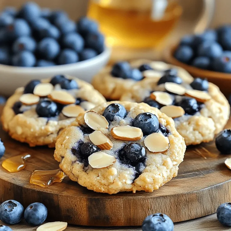 - 1 cup rolled oats - 1/2 cup almond flour - 1/2 cup whole wheat flour - 1/3 cup brown sugar - 1/2 teaspoon baking powder - 1/4 teaspoon baking soda - 1/2 teaspoon salt - 1/2 teaspoon ground cinnamon - 1/3 cup almond butter - 1/4 cup honey or pure maple syrup - 1 large egg - 1 teaspoon vanilla extract - 1 cup fresh or frozen blueberries - 1/4 cup sliced almonds Each ingredient plays a key role in the taste and texture of these cookies. The rolled oats give a hearty base. Almond flour adds a nice nutty flavor and keeps the cookies moist. Whole wheat flour adds more fiber. Brown sugar provides sweetness and a hint of caramel. The baking powder and baking soda work together to help the cookies rise. Salt enhances the flavors, while ground cinnamon adds warmth. Almond butter brings creaminess and a rich taste. Honey or maple syrup adds natural sweetness. The egg binds everything together, keeping the cookies chewy. Vanilla extract adds depth to the flavor. Blueberries burst with juice, making each bite fresh. Finally, sliced almonds on top offer a delightful crunch. - Preheat oven to 350°F (175°C) - Line a baking sheet with parchment paper Start by preheating your oven. Set it to 350°F (175°C). This step ensures the cookies bake evenly. Next, grab a baking sheet and line it with parchment paper. This helps keep the cookies from sticking. - Mix oats, almond flour, whole wheat flour, brown sugar, baking powder, baking soda, salt, and cinnamon In a large bowl, mix together the dry ingredients. Add 1 cup of rolled oats, 1/2 cup of almond flour, and 1/2 cup of whole wheat flour. Then, add 1/3 cup of brown sugar, 1/2 teaspoon of baking powder, and 1/4 teaspoon of baking soda. Don’t forget 1/2 teaspoon of salt and 1/2 teaspoon of ground cinnamon. Stir well to combine. This mix gives your cookies texture and flavor. - Whisk together almond butter, honey (or maple syrup), egg, and vanilla extract In a separate bowl, whisk the wet ingredients. Combine 1/3 cup of almond butter with 1/4 cup of honey or maple syrup. Crack in 1 large egg and add 1 teaspoon of vanilla extract. Mix until smooth. This blend adds moisture and sweetness to your cookies. - Mix wet and dry ingredients, then gently fold in blueberries Now, pour the wet mixture into the dry mix. Stir until just combined. Be careful not to overmix. Next, gently fold in 1 cup of fresh or frozen blueberries. Use a spatula to avoid smashing the berries. This step adds a burst of flavor in each bite. - Use a tablespoon to scoop dough and place on the baking sheet, leaving space between cookies Use a tablespoon to scoop out the dough. Place each scoop on the baking sheet, leaving about 2 inches between them. This space helps the cookies spread while baking. Lightly flatten each scoop with the back of the spoon for even baking. - Sprinkle sliced almonds on top and bake for 12-15 minutes Before baking, sprinkle 1/4 cup of sliced almonds on top of each cookie. This adds a nice crunch. Place the baking sheet in the oven and bake for 12-15 minutes. Watch for the edges to turn light golden brown. When done, let them cool for a few minutes before moving them to a wire rack. To get the best cookies, flatten them before baking. This helps them bake evenly. If you want to check if they are done, use a toothpick. Stick it in the middle of a cookie. If it comes out clean, they are ready! If you don't have almond butter, you can use peanut butter or sunflower seed butter. Both will work well in this recipe. For sweeteners, honey and maple syrup are great options. Honey gives a floral taste, while maple syrup adds a nice caramel flavor. You can add spices to make your cookies extra special. A pinch of nutmeg or ginger can bring a warm flavor. Want more texture? Consider adding chocolate chips or your favorite nuts. These small changes can make your breakfast cookies unique! {{image_4}} You can make these cookies gluten-free. Just swap the whole wheat flour with a gluten-free flour blend. Look for one that works well in baking. Almond flour is already gluten-free, so you can keep that. The texture may change a bit, but the taste will still be great. If you want a vegan version, replace the egg. You can use chia seeds or flaxseeds instead. Mix 1 tablespoon of chia seeds or ground flaxseeds with 2.5 tablespoons of water. Let it sit for a few minutes until it gets thick. Use this mix to replace the egg in the recipe. Your cookies will still be tasty and healthy! Feel free to get creative with flavors! Instead of blueberries, you can try raspberries or cranberries. These fruits will give your cookies a new twist. You can even mix and match fruits for a fun flavor combo. Your breakfast cookies will be exciting every time you make them! After baking, let your cookies cool on the baking sheet for about 5 minutes. This helps them firm up. Then, transfer them to a wire rack. Cooling is key to keeping them from getting soggy. Let them cool completely before storing. To keep cookies fresh, use airtight containers. This keeps moisture out and flavor in. If you want to store them longer, freezing is a great option. Place cookies in a single layer in a freezer-safe bag. You can also place parchment paper between layers. They can last up to three months in the freezer. At room temperature, these cookies can last for about a week. Store them in an airtight container to keep them soft. If you store them in the fridge, they can last a bit longer, around two weeks. Just remember that refrigeration can change their texture slightly. Enjoy your delicious cookies fresh or saved for later! Yes, you can use frozen blueberries. There’s no need to thaw them. Just add them straight into the dough. This keeps them juicy and fresh. Frozen berries also help the cookies stay moist. You can tell the cookies are done when the edges turn light golden brown. They should look set, not wet. A toothpick inserted in the center should come out clean. If it has wet dough on it, bake for a few more minutes. Yes, you can prepare the dough ahead of time. Just cover it and store it in the fridge. It will stay fresh for up to 24 hours. When ready, scoop and bake as directed. Each cookie has about 150 calories. They contain healthy fats from almond butter and fiber from oats. The blueberries add vitamins and antioxidants. This makes them a nutritious breakfast choice. To boost protein, try adding a scoop of protein powder to the dough. You can also use more almond butter or add nuts. This will give you a filling breakfast with extra protein. These blueberry almond breakfast cookies are simple and fun to make. You learned about the right mix of dry and wet ingredients. We covered baking tips and variations for gluten-free and vegan options. I shared storage tips, so your cookies stay fresh longer. Try these cookies for a tasty breakfast or snack. They are healthy and quick to prepare. Enjoy your baking adventure!