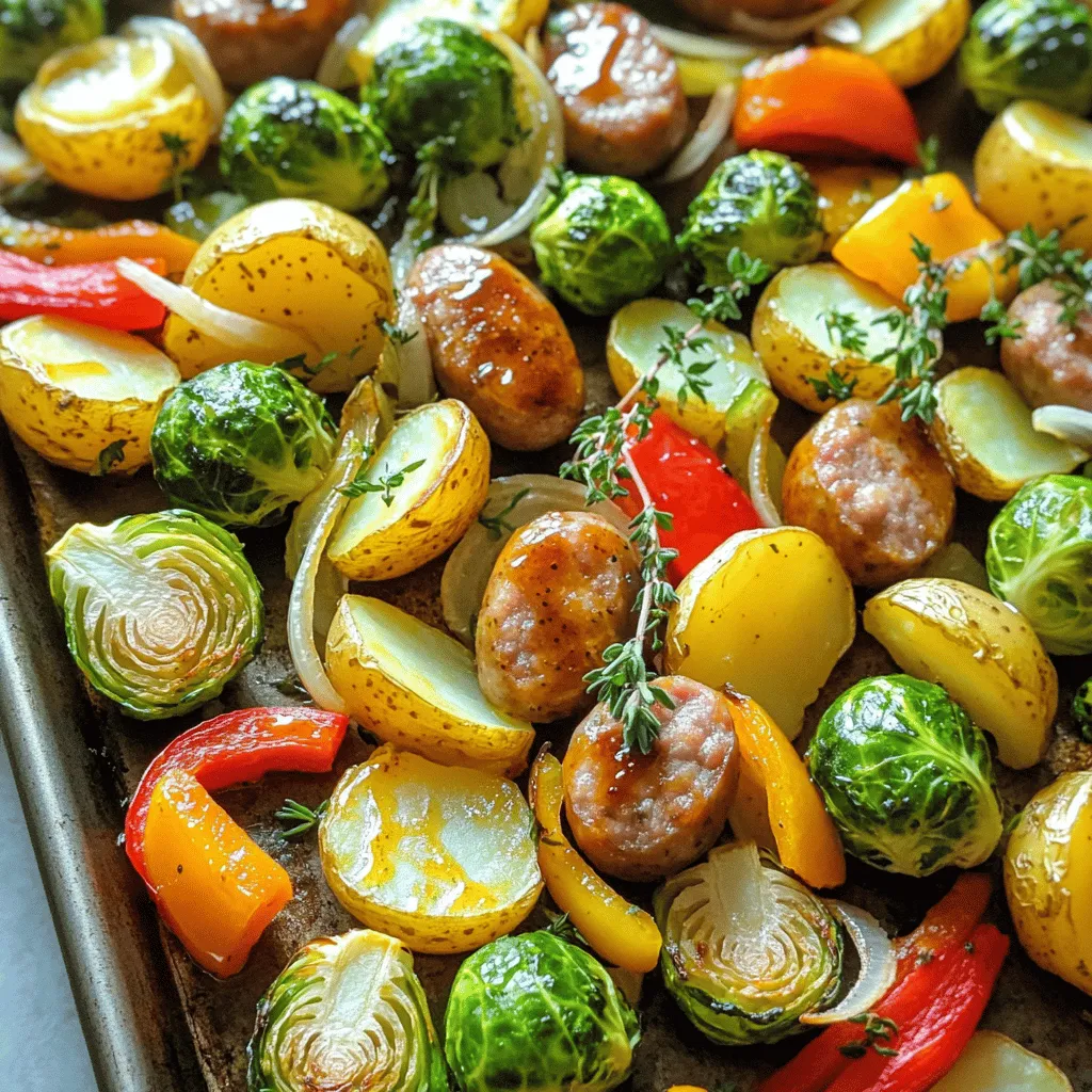 - 1 lb chicken or turkey sausages, cut into ½-inch rounds - 2 cups Brussels sprouts, halved lengthwise - 2 cups baby potatoes, halved or quartered for even cooking - 1 red bell pepper, diced into bite-sized pieces - 1 red onion, cut into wedges - 3 tablespoons extra virgin olive oil - 2 tablespoons pure maple syrup - 2 tablespoons Dijon mustard - 1 teaspoon garlic powder - 1 teaspoon dried thyme (or 1 tablespoon fresh thyme, minced) - Salt and freshly cracked black pepper to taste In this dish, I love using chicken or turkey sausages. They add great flavor and cook nicely with the veggies. The Brussels sprouts bring a nice crunch, while baby potatoes offer a creamy texture. Red bell pepper and red onion add sweetness and color to the mix. For the perfect glaze, I combine extra virgin olive oil, pure maple syrup, and Dijon mustard. This mix creates a nice balance of sweet and tangy. Garlic powder and dried thyme add depth. Use salt and pepper to boost the flavors. Make sure to have fresh, quality ingredients. They make a big difference in taste and nutrition. Proper seasoning elevates this meal from simple to spectacular. Enjoy this delicious mix of flavors on a busy weeknight! - Preheat oven to 425°F (220°C). - Line a baking sheet with parchment paper. First, set your oven to 425°F. This high heat helps the food roast nicely. Next, grab a large baking sheet. You want to line it with parchment paper. This makes clean-up easy and keeps the food from sticking. - Combine sausages and vegetables in a bowl. - Prepare the maple-Dijon dressing. In a big bowl, toss in the chicken or turkey sausages. Add the halved Brussels sprouts, baby potatoes, red bell pepper, and onion. Make sure to cut the veggies into similar sizes. This helps them cook evenly. Now, prepare the maple-Dijon dressing. In a smaller bowl, mix together olive oil, maple syrup, Dijon mustard, garlic powder, thyme, salt, and pepper. Whisk until it’s smooth and well mixed. - Drizzle the dressing over the mixture. - Spread out on the baking sheet. Drizzle the dressing over the sausage and veggies. Use tongs or a spoon to toss everything together. Make sure each piece is well coated. Then, spread the mixture out on the prepared baking sheet. Keep some space between pieces for even roasting. - Roast for 25-30 minutes. - Stir halfway through cooking for even browning. Place the baking sheet in the oven. Roast for 25 to 30 minutes. Halfway through, stir the mixture. This helps to brown everything nicely. You’ll know it’s done when the sausages are cooked through, and the veggies are tender and golden-brown. Enjoy the delightful smells wafting from your oven! To cook your dish just right, cut your veggies to similar sizes. This helps them cook evenly. If some pieces are tiny and others large, you may end up with mushy or hard bits. Aim for uniform cuts. Make sure to use enough space on the baking sheet. When you crowd the pan, the veggies steam instead of roast. Give them room to breathe. This way, you’ll get crispy edges that add flavor. To take your dish to the next level, add fresh herbs or spices. Thyme works well here, but rosemary or parsley can shine too. Just chop them finely and toss them in with the other ingredients. For garnishes, I recommend fresh thyme sprigs or chopped parsley. They add color and a burst of freshness. Serve the dish right from the pan for a rustic look. Your guests will love it! {{image_4}} You can use a variety of sausages for this dish. Chicken or turkey sausages work great. They are lean and flavorful. Pork sausages add richness and depth. If you prefer beef, go for it! For a plant-based option, try vegetarian sausages. They provide texture and taste without meat. Each type of sausage brings its own flavor. Pick what you love best! Feel free to switch up the veggies based on the season. Carrots, zucchini, or squash can add color and taste. Broccoli or cauliflower are also great choices. Just remember to cut them into similar sizes. This helps them cook evenly. Cooking times may vary. For softer veggies like zucchini, reduce the time to about 20 minutes. For firmer ones like carrots, increase to 30-35 minutes. Always check if they are tender. This ensures a perfect meal every time! To keep your Maple Dijon Sausage & Veggies fresh, store them in airtight containers. Make sure the dish cools to room temperature first. Place the sausage and veggies in one container or separate them if you prefer. Label the containers with the date. This ensures you know when to eat them. To preserve texture when reheating, I recommend using the oven. Preheat your oven to 350°F (175°C). Place the leftovers on a baking sheet. Heat for about 15-20 minutes until warmed through. You can also use a microwave, but the oven keeps the crispness of the veggies. Enjoy your meal again with great flavor! Yes, you can. If you want to swap Dijon mustard, try using yellow mustard or spicy brown mustard. Both add flavor but in different ways. Yellow mustard is milder, while spicy brown gives a nice kick. You can also use whole grain mustard for added texture and depth. Feel free to experiment! To add heat, consider using red pepper flakes or cayenne pepper. A little goes a long way, so start with a pinch. You can also include fresh chili peppers, like jalapeños or serranos. Just chop them up and mix them in with the sausages and veggies. Adjust the spice to your taste for the perfect kick! Yes, you can prepare this dish ahead. Chop the veggies and sausages a day before. Store them in an airtight container in the fridge. Mix the maple-Dijon dressing ahead of time too. Keep it separate until you’re ready to cook. This makes cooking quick and easy, especially on busy days! This dish combines juicy sausages and fresh veggies, creating a tasty meal. We covered key ingredients, easy steps, and helpful tips. You learned about storage options and exciting variations. I hope these ideas spark your creativity in the kitchen. Enjoy making this dish your own, and remember to share your flavorful twists!
