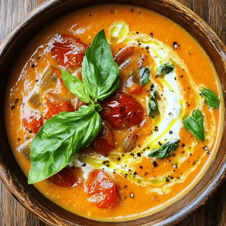 To make a tasty Roasted Garlic Tomato Soup, you need: - 6 large ripe tomatoes, quartered - 1 whole bulb of garlic - 1 medium onion, diced - 2 tablespoons olive oil (divided) - 4 cups vegetable broth - 1 teaspoon dried basil - Salt and pepper to taste - 1 tablespoon balsamic vinegar - Fresh basil leaves for garnish - A dollop of crème fraîche or yogurt for serving (optional) These ingredients bring out the rich flavors in the soup. The ripe tomatoes are key for sweetness, while roasted garlic adds depth. Each serving of this soup has about 150 calories. It’s low in fat, with healthy fats from olive oil. Key nutrients in this soup include: - Vitamin C from tomatoes and garlic - Fiber from tomatoes and onion - Antioxidants from garlic and basil This soup is not just tasty; it also helps boost your immune system and supports digestion. Enjoying this soup can be a delicious way to get nutrients! 1. Preheat oven and prepare ingredients First, preheat your oven to 400°F (200°C). This helps the tomatoes and garlic roast well. Next, quarter 6 large ripe tomatoes. Take 1 whole bulb of garlic and peel the cloves. 2. Roasting tomatoes and garlic Spread the quartered tomatoes and garlic cloves on a baking sheet. Drizzle 1 tablespoon of olive oil over them. Season with salt and pepper. Toss them gently to coat. Roast in the oven for 30-35 minutes. Wait until the tomatoes are caramelized and the garlic is soft. 1. Sautéing onions and combining ingredients While the tomatoes and garlic roast, heat 1 tablespoon of olive oil in a large pot over medium heat. Add 1 medium diced onion. Cook until it becomes soft and translucent, about 5-7 minutes. This creates a nice base for your soup. 2. Blending and finishing touches Once the tomatoes and garlic are ready, add them to the pot. Squeeze the roasted garlic out of its skin into the mix. Pour in 4 cups of vegetable broth and add 1 teaspoon of dried basil. Bring the soup to a gentle simmer and cook for 10 minutes. Now, use an immersion blender to puree the soup until smooth. If you don't have one, you can transfer it to a regular blender in batches. After blending, stir in 1 tablespoon of balsamic vinegar. Taste and add more salt and pepper if needed. Serve the soup hot. Garnish with fresh basil leaves and a dollop of crème fraîche or yogurt if you like. Enjoy your delicious Roasted Garlic Tomato Soup! To get the best flavor, you want to achieve perfect caramelization. Caramelization happens when sugars in the tomatoes and garlic cook slowly. This brings out their natural sweetness. Here are some tips: - Always use ripe tomatoes. They should feel firm but slightly soft to the touch. - Cut the tomatoes into quarters. This helps them roast evenly and caramelize well. - Spread them out on the baking sheet. This prevents steaming and helps them brown nicely. When selecting ripe tomatoes, look for these signs: - Bright color, usually red or deep pink. - No bruises or blemishes on the skin. - A sweet aroma near the stem. This indicates freshness. Blending your soup can change the texture. You can use either an immersion blender or a regular blender. Each has its perks. With an immersion blender, you can blend right in the pot. This makes clean-up easier. Just remember to move it around to blend evenly. If you use a regular blender, you must be careful. Hot soup can splatter. Blend in small batches and let some steam escape. This keeps you safe. To achieve the desired soup texture, aim for a smooth, velvety finish. If you prefer it chunkier, blend less. You can even leave some tomato pieces intact for added texture. {{image_4}} You can change the soup's texture and taste with simple swaps. Adding cream makes the soup rich and smooth. If you prefer a dairy-free option, try coconut milk. It adds a lovely sweetness. Herbs and spices can also change the flavor. Try adding fresh thyme or oregano for a twist. A pinch of red pepper flakes can give it a nice kick. Experiment with different flavors to find your favorite mix. Pairing this soup with bread makes it a hearty meal. A crusty baguette or grilled cheese sandwich works great. You can even add croutons for a crunchy bite. Garnishes can make your soup stand out. Fresh basil leaves add color and flavor. A drizzle of olive oil gives a nice finish. For an extra touch, add a dollop of crème fraîche or yogurt. This adds creaminess and a beautiful look to your dish. Store leftover soup in the fridge. Use an airtight container for best results. Let the soup cool before sealing it. It can last up to five days. Just make sure to label it with the date. This helps you keep track of freshness. You can freeze this soup for later. Use freezer-safe containers, leaving room for expansion. Divide it into smaller portions for easy use. The soup will stay good for about three months. To thaw, place the container in the fridge overnight. For quick defrosting, use the microwave. When reheating, heat it on the stove over low heat. Stir it often to keep it smooth and creamy. Enjoy your soup anytime! Can I use canned tomatoes instead of fresh? Yes, you can use canned tomatoes. Choose whole or diced tomatoes in juice. Drain the tomatoes and roast them for a rich flavor. This saves time and still gives good taste. How can I make this soup vegan? To make this soup vegan, use vegetable broth and skip the crème fraîche or yogurt. You can add a splash of coconut milk for creaminess. This keeps the soup rich and satisfying without any dairy. What are the best toppings for this soup? Top your soup with fresh basil leaves for color and taste. You can also add croutons for crunch. A drizzle of olive oil adds a nice finish. If you want more creaminess, add a dollop of plant-based yogurt. Roasted Garlic Tomato Soup brings rich flavor and great nutrition. You need fresh ingredients and pantry staples to create a tasty dish. Roasting tomatoes and garlic brings sweetness, while blending offers a smooth texture. Experiment with variations like adding cream or different herbs to boost flavor. Store leftovers well in containers, or freeze for later use. This soup is easy, delicious, and a perfect meal for any day. Enjoy making it your own!