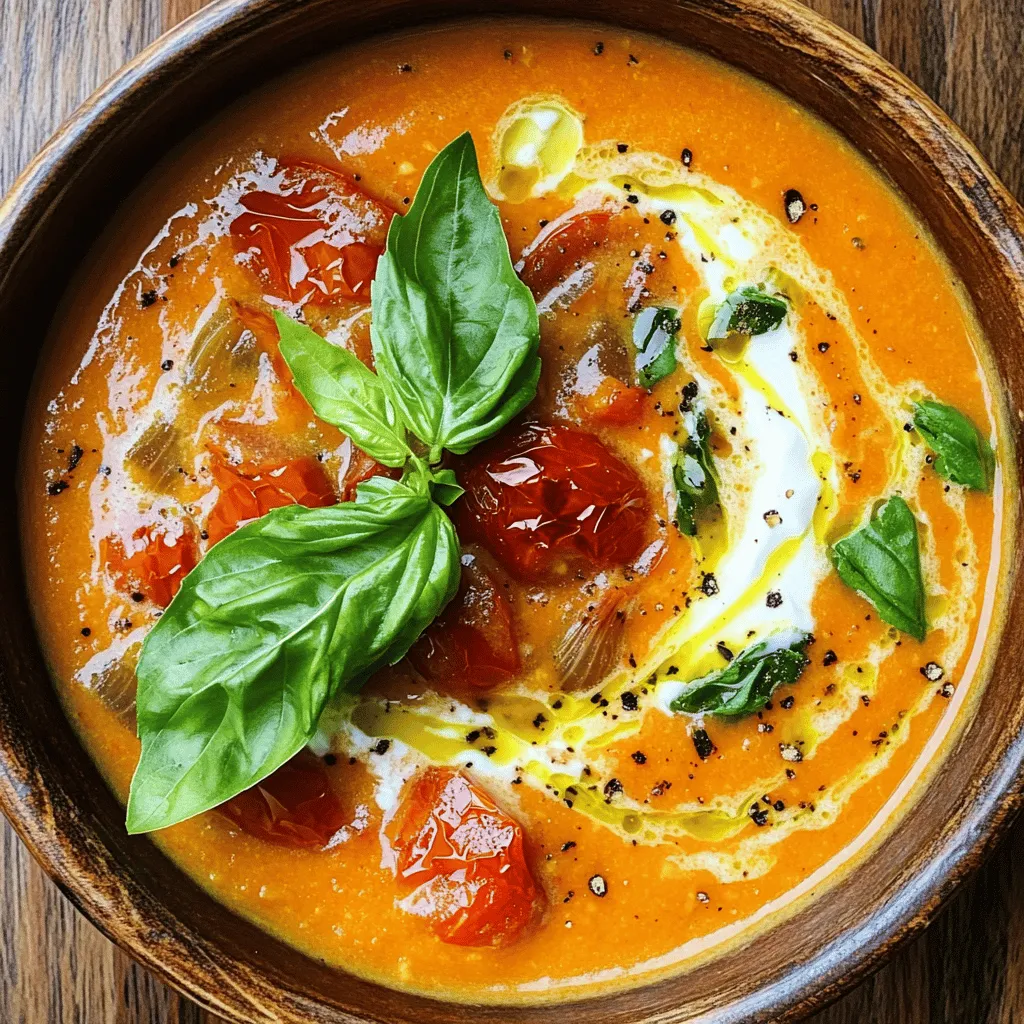 To make a tasty Roasted Garlic Tomato Soup, you need: - 6 large ripe tomatoes, quartered - 1 whole bulb of garlic - 1 medium onion, diced - 2 tablespoons olive oil (divided) - 4 cups vegetable broth - 1 teaspoon dried basil - Salt and pepper to taste - 1 tablespoon balsamic vinegar - Fresh basil leaves for garnish - A dollop of crème fraîche or yogurt for serving (optional) These ingredients bring out the rich flavors in the soup. The ripe tomatoes are key for sweetness, while roasted garlic adds depth. Each serving of this soup has about 150 calories. It’s low in fat, with healthy fats from olive oil. Key nutrients in this soup include: - Vitamin C from tomatoes and garlic - Fiber from tomatoes and onion - Antioxidants from garlic and basil This soup is not just tasty; it also helps boost your immune system and supports digestion. Enjoying this soup can be a delicious way to get nutrients! 1. Preheat oven and prepare ingredients First, preheat your oven to 400°F (200°C). This helps the tomatoes and garlic roast well. Next, quarter 6 large ripe tomatoes. Take 1 whole bulb of garlic and peel the cloves. 2. Roasting tomatoes and garlic Spread the quartered tomatoes and garlic cloves on a baking sheet. Drizzle 1 tablespoon of olive oil over them. Season with salt and pepper. Toss them gently to coat. Roast in the oven for 30-35 minutes. Wait until the tomatoes are caramelized and the garlic is soft. 1. Sautéing onions and combining ingredients While the tomatoes and garlic roast, heat 1 tablespoon of olive oil in a large pot over medium heat. Add 1 medium diced onion. Cook until it becomes soft and translucent, about 5-7 minutes. This creates a nice base for your soup. 2. Blending and finishing touches Once the tomatoes and garlic are ready, add them to the pot. Squeeze the roasted garlic out of its skin into the mix. Pour in 4 cups of vegetable broth and add 1 teaspoon of dried basil. Bring the soup to a gentle simmer and cook for 10 minutes. Now, use an immersion blender to puree the soup until smooth. If you don't have one, you can transfer it to a regular blender in batches. After blending, stir in 1 tablespoon of balsamic vinegar. Taste and add more salt and pepper if needed. Serve the soup hot. Garnish with fresh basil leaves and a dollop of crème fraîche or yogurt if you like. Enjoy your delicious Roasted Garlic Tomato Soup! To get the best flavor, you want to achieve perfect caramelization. Caramelization happens when sugars in the tomatoes and garlic cook slowly. This brings out their natural sweetness. Here are some tips: - Always use ripe tomatoes. They should feel firm but slightly soft to the touch. - Cut the tomatoes into quarters. This helps them roast evenly and caramelize well. - Spread them out on the baking sheet. This prevents steaming and helps them brown nicely. When selecting ripe tomatoes, look for these signs: - Bright color, usually red or deep pink. - No bruises or blemishes on the skin. - A sweet aroma near the stem. This indicates freshness. Blending your soup can change the texture. You can use either an immersion blender or a regular blender. Each has its perks. With an immersion blender, you can blend right in the pot. This makes clean-up easier. Just remember to move it around to blend evenly. If you use a regular blender, you must be careful. Hot soup can splatter. Blend in small batches and let some steam escape. This keeps you safe. To achieve the desired soup texture, aim for a smooth, velvety finish. If you prefer it chunkier, blend less. You can even leave some tomato pieces intact for added texture. {{image_4}} You can change the soup's texture and taste with simple swaps. Adding cream makes the soup rich and smooth. If you prefer a dairy-free option, try coconut milk. It adds a lovely sweetness. Herbs and spices can also change the flavor. Try adding fresh thyme or oregano for a twist. A pinch of red pepper flakes can give it a nice kick. Experiment with different flavors to find your favorite mix. Pairing this soup with bread makes it a hearty meal. A crusty baguette or grilled cheese sandwich works great. You can even add croutons for a crunchy bite. Garnishes can make your soup stand out. Fresh basil leaves add color and flavor. A drizzle of olive oil gives a nice finish. For an extra touch, add a dollop of crème fraîche or yogurt. This adds creaminess and a beautiful look to your dish. Store leftover soup in the fridge. Use an airtight container for best results. Let the soup cool before sealing it. It can last up to five days. Just make sure to label it with the date. This helps you keep track of freshness. You can freeze this soup for later. Use freezer-safe containers, leaving room for expansion. Divide it into smaller portions for easy use. The soup will stay good for about three months. To thaw, place the container in the fridge overnight. For quick defrosting, use the microwave. When reheating, heat it on the stove over low heat. Stir it often to keep it smooth and creamy. Enjoy your soup anytime! Can I use canned tomatoes instead of fresh? Yes, you can use canned tomatoes. Choose whole or diced tomatoes in juice. Drain the tomatoes and roast them for a rich flavor. This saves time and still gives good taste. How can I make this soup vegan? To make this soup vegan, use vegetable broth and skip the crème fraîche or yogurt. You can add a splash of coconut milk for creaminess. This keeps the soup rich and satisfying without any dairy. What are the best toppings for this soup? Top your soup with fresh basil leaves for color and taste. You can also add croutons for crunch. A drizzle of olive oil adds a nice finish. If you want more creaminess, add a dollop of plant-based yogurt. Roasted Garlic Tomato Soup brings rich flavor and great nutrition. You need fresh ingredients and pantry staples to create a tasty dish. Roasting tomatoes and garlic brings sweetness, while blending offers a smooth texture. Experiment with variations like adding cream or different herbs to boost flavor. Store leftovers well in containers, or freeze for later use. This soup is easy, delicious, and a perfect meal for any day. Enjoy making it your own!