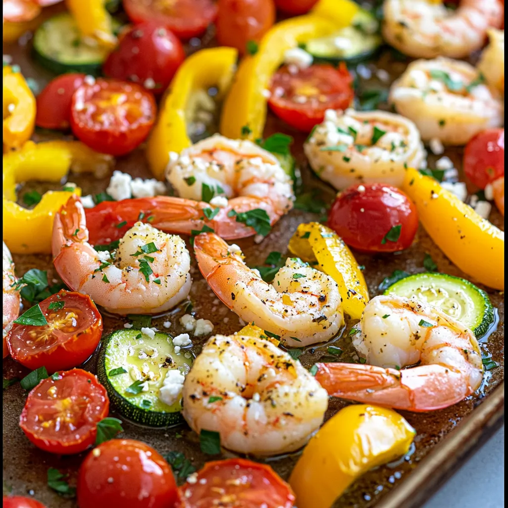 - 1 pound large shrimp, peeled and deveined - 1 red bell pepper, chopped - 1 yellow bell pepper, chopped - 1 medium zucchini, sliced - 1 medium red onion, cut into wedges - 2 cups cherry tomatoes, halved - 4 cloves garlic, minced - 1 teaspoon dried oregano - 1 teaspoon dried thyme - 1 teaspoon smoked paprika - 1/4 teaspoon red pepper flakes (optional) - 3 tablespoons extra virgin olive oil - Juice of 1 fresh lemon - Salt and pepper to taste - 1/4 cup crumbled feta cheese - Fresh parsley, chopped You can add extra red pepper flakes for heat. A splash of balsamic vinegar adds tang. A sprinkle of lemon zest boosts freshness. Try olives for a briny kick. Fresh herbs, like dill or mint, brighten the dish. This recipe serves four and is packed with nutrients. Each serving has about: - Calories: 300 - Protein: 25g - Carbohydrates: 15g - Sugars: 5g - Fat: 15g - Fiber: 3g This dish is low in carbs and high in protein. It's a great option for a healthy meal. It also has good fats from the olive oil and feta cheese. Enjoy the flavors and nutrition in every bite! First, set your oven to 400°F (200°C). This heat is key for cooking the shrimp and veggies just right. While the oven heats, gather your ingredients. You need: - 1 pound large shrimp, peeled and deveined - 1 red bell pepper, chopped - 1 yellow bell pepper, chopped - 1 medium zucchini, sliced - 1 medium red onion, cut into wedges - 2 cups cherry tomatoes, halved - 4 cloves garlic, minced - 1 teaspoon dried oregano - 1 teaspoon dried thyme - 1 teaspoon smoked paprika - 1/4 teaspoon red pepper flakes (optional) - 3 tablespoons extra virgin olive oil - Juice of 1 fresh lemon - Salt and pepper to taste - 1/4 cup crumbled feta cheese - Fresh parsley, chopped Next, grab a large bowl. In this bowl, add the shrimp, bell peppers, zucchini, onion, tomatoes, and garlic. Pour in the olive oil and lemon juice. Then, add the oregano, thyme, smoked paprika, red pepper flakes, salt, and pepper. Use your hands or a spoon to mix well. Make sure all the shrimp and veggies get coated with the seasonings. Now, spread the shrimp and veggie mix evenly on a large sheet pan. Don't crowd the pan; space helps them roast. Place the pan in the oven and bake for 12-15 minutes. The shrimp will turn pink, and the veggies will soften but stay crisp. After baking, take the pan out and sprinkle feta on top. Pop it back in the oven for 3-5 more minutes. This melts the feta slightly and adds great flavor. Finally, add parsley for a fresh touch before serving. To cook shrimp perfectly, you need to watch the time. Shrimp cook fast. Bake them for 12 to 15 minutes. They should turn pink and opaque. Overcooking makes shrimp tough. If you see them curled tightly, they are done. Using fresh herbs brings your dish to life. Try adding fresh parsley or dill. They give bright flavors that wake up the meal. You can also use lemon zest for a zesty kick. Don’t forget the spices! Oregano, thyme, and smoked paprika add depth. Adjust the red pepper flakes for heat. How you serve your meal matters. For a cozy look, serve from the sheet pan. It feels warm and inviting. If you want a fancier touch, use a large platter. Arrange the shrimp and veggies nicely. Drizzle with extra lemon juice for shine. A sprinkle of feta and parsley adds color and flair. {{image_4}} You can easily switch shrimp for other proteins. Chicken breast is a great choice. Cut it into bite-sized pieces so it cooks well. Beef or pork can also work. Just make sure to adjust the cooking time. Fish like salmon or cod can be tasty too. Use skinless fillets for best results. These options keep the meal exciting while adding new flavors. Feel free to mix up the veggies! Broccoli, asparagus, or green beans are fantastic substitutes. You can use carrots for a sweet crunch. Even eggplant or squash will shine in this dish. Use what's fresh and in season. This approach keeps your meal healthy and colorful. The key is to cut veggies into similar sizes for even cooking. You can make this dish vegan by skipping the shrimp and feta. Instead, add chickpeas or tofu for protein. They soak up flavors well and offer a nice texture. Include more veggies like spinach or kale for added nutrients. Use a plant-based feta for that creamy touch. This way, you keep the spirit of Greek flavors while enjoying a vegan meal. After enjoying your meal, let the leftovers cool down. Use an airtight container to keep them fresh. Store the shrimp and veggies together. This helps to keep the flavors intact. You can keep them in the fridge for up to three days. If you want to enjoy them later, freezing is a great option. When you are ready to eat your leftovers, reheating is key. Preheat your oven to 350°F (175°C). Spread the shrimp and veggies on a baking sheet. Heat them for about 10 minutes. This way, they stay juicy and full of flavor. You can also use a microwave. Just heat in short bursts, stirring in between. This helps to warm everything evenly. If you want to save some for later, freezing works well. Place the cooled shrimp and veggies in a freezer-safe container. Leave some space at the top for expansion. You can freeze them for up to three months. When you are ready to eat, thaw in the fridge overnight. Reheat as mentioned above for the best taste. Yes, you can use frozen shrimp. Just thaw them first. Place the shrimp in a bowl of cold water for about 15-20 minutes. Drain and pat them dry before mixing with the veggies. This step keeps the dish tasty and fresh. Many side dishes go well with this meal. Here are a few ideas: - Rice or quinoa for a filling base - Greek salad for a fresh crunch - Pita bread to soak up the flavors - Tzatziki sauce for a cool dip These sides add variety and enhance the meal's taste. To reduce the heat, skip the red pepper flakes. You can also add more veggies, like zucchini or bell peppers, to balance the spice. Serve with a dollop of yogurt or sour cream. This cools the dish down and makes it milder. This post covered how to make a tasty Sheet-Pan Greek Shrimp and Veggies. You learned about key ingredients and optional extras for more flavor. I shared step-by-step instructions to help you bake your dish perfectly. Tips on cooking shrimp and enhancing flavors added depth to your meal. You now know how to store leftovers and even make variations. Enjoy experimenting with new ingredients and flavors. Happy cooking!