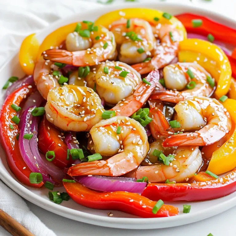 - 1 lb large shrimp, peeled and deveined - 2 bell peppers (one red and one yellow), thinly sliced - 1 medium red onion, thinly sliced - 4 cloves of garlic, finely minced - 1/4 cup honey - 3 tablespoons low-sodium soy sauce - 2 tablespoons extra virgin olive oil - 1 teaspoon fresh ginger, finely grated - 1/2 teaspoon red pepper flakes (adjust based on your spice preference) - Salt and freshly cracked black pepper, to taste - 3 tablespoons chopped green onions, for garnish - 1 tablespoon sesame seeds, for garnish When I make this dish, I focus on fresh ingredients. The shrimp should be large, easy to peel, and deveined. I love using red and yellow bell peppers for color and sweetness. The red onion adds a nice, mild bite. Fresh garlic gives a great flavor. For the sauce, honey offers sweetness that balances the salt from the soy sauce. I use low-sodium soy sauce to keep it healthier. Extra virgin olive oil adds richness, while fresh ginger gives a zesty kick. I always keep red pepper flakes on hand. You can add more or less based on how spicy you want your dish. I season with salt and black pepper for taste. Finally, I finish with green onions and sesame seeds for a pop of flavor and texture. - Preheat the oven to 400°F (200°C). - Line a large baking sheet with parchment paper. Now, you have a clean surface for your shrimp and veggies. This step helps with easy cleanup, too. - In a medium bowl, mix honey, soy sauce, minced garlic, olive oil, grated ginger, red pepper flakes, and a pinch of salt and pepper. Whisk until smooth. This sauce is the star of the show. It adds sweetness and flavor to your dish. - In a large bowl, add peeled shrimp, sliced bell peppers, and red onion. Pour the honey garlic sauce over everything. - Toss the shrimp and veggies gently until they are well coated. You want every bit to soak up that tasty sauce. - Spread the mixture in a single layer on the baking sheet. Make sure they aren’t crowded so they cook evenly. - Bake in the preheated oven for 15-20 minutes. Check that the shrimp are pink and opaque, and the veggies are tender. Stir halfway through cooking for even roasting. - After baking, let the dish cool for a few minutes. This helps the flavors settle before serving. - Garnish with chopped green onions and sesame seeds. These add a nice crunch and a pop of color. Serve warm and enjoy! For a complete meal, pair it with steamed rice or quinoa. The fluffy grains soak up the sauce well and make every bite delightful. To ensure the shrimp are cooked just right, look for a pink color. They should be opaque and firm. Overcooked shrimp can turn tough. To avoid this, keep an eye on the time. Bake for about 15 to 20 minutes. Stir halfway to help them cook evenly. Avoid overcrowding on the baking sheet. When shrimp and veggies are too close, they steam instead of roast. This affects both texture and flavor. Spread them out in a single layer. This way, everything cooks perfectly and gets that nice caramelized edge. If you like a bit of heat, adjust the spice with red pepper flakes. Start with a small amount and taste the sauce. You can always add more if you want extra kick. This simple tweak can make a big difference. Don't be afraid to experiment with different veggies. Try adding broccoli, snap peas, or carrots for a new twist. Each vegetable brings its own flavor. Mixing them can create a fun and colorful dish. Serve this dish in shallow bowls or plates. This showcases the vibrant colors of the shrimp and peppers. Garnish with chopped green onions and sesame seeds. This adds a nice crunch and looks amazing. Pair with steamed rice or quinoa. This adds a nice base to soak up the sauce. It balances out the meal and makes it filling. Enjoy your beautiful and tasty creation! {{image_4}} You can swap shrimp for chicken or tofu. Both options work well. If you use chicken, cut it into small pieces. Chicken needs a bit more time to cook. Bake it for 25-30 minutes instead. For tofu, choose firm or extra-firm. Cube it and add it to the mix. Tofu cooks quickly, so watch it closely. Around 15-20 minutes should be enough. Feel free to use seasonal veggies in your dish. Zucchini, asparagus, or snap peas are great choices. They add color and taste. You can also mix in broccoli or carrots for extra crunch. For more flavor, try adding a splash of lime or lemon juice. Fresh herbs like cilantro or basil can boost taste too. You can make the sauce spicier or sweeter. Add more red pepper flakes for heat. If you like it sweeter, add more honey. Use maple syrup as a fun swap for honey. For those needing gluten-free options, use tamari instead of soy sauce. This keeps the dish tasty while meeting dietary needs. To keep your sheet-pan honey garlic shrimp and peppers fresh, store leftovers properly. Use airtight containers to avoid spills and keep flavors intact. Glass containers work well, as they do not stain or absorb odors. If you plan to freeze, use freezer-safe bags or containers. Remove as much air as possible to prevent freezer burn. When it's time to enjoy your leftovers, reheat them gently. The best method is using the oven. Preheat to 350°F (175°C) and place the shrimp and peppers in an oven-safe dish. Cover it with foil to keep moisture in. Heat for about 10 minutes. This keeps the shrimp tender. Avoid the microwave, as it can make shrimp rubbery, and overcooking ruins the dish's texture. In the fridge, your dish stays fresh for about 2-3 days. Look for signs of spoilage, like an off smell or slimy texture. If you notice any of these signs, it’s best to discard the leftovers. For frozen shrimp, the dish can last for up to three months. Just remember to label your containers with the date. Yes, you can use frozen shrimp. Just thaw them first. Place the shrimp in a bowl of cold water for about 15-20 minutes. Once thawed, peel and devein if needed. Pat them dry with a paper towel before mixing them with the veggies and sauce. This helps the shrimp cook evenly and absorb the flavor. This dish pairs well with several sides. Here are some great options: - Steamed rice - Quinoa - Cauliflower rice - Noodles - Fresh salad These sides balance the sweet and savory flavors of the shrimp and peppers. To add heat, you can increase the red pepper flakes. Start with one teaspoon for more kick. You can also add fresh sliced chili peppers or a dash of hot sauce. If you love spice, try a sprinkle of cayenne as well. Always remember to taste as you go! Yes, this recipe is great for meal prep. You can make it ahead for lunches or dinners. Cook the shrimp and veggies, then store them in airtight containers. Keep them in the fridge for up to three days. Just reheat in the microwave or on the stove when ready to eat. You can prep components ahead of time. Chop the vegetables and store them in the fridge. You can also make the sauce in advance. Just mix the sauce and keep it in a jar. When you're ready to cook, combine everything and bake. This saves you time on busy days. This blog post covered a tasty sheet-pan honey garlic shrimp dish. We explored the key ingredients, step-by-step cooking instructions, and tips for perfecting the recipe. I shared ways to mix things up with protein and vegetable alternatives. Proper storage and reheating methods ensure your leftovers remain delicious. I hope you feel inspired to try this recipe. You’ll love the flavors and ease of preparation. Enjoy creating a meal that impresses everyone!
