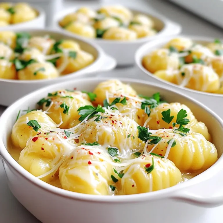 To make this dish, you'll need a few key items: - 1 package (16 oz) gnocchi - 4 tablespoons unsalted butter - 4 cloves garlic, finely minced - 1/2 cup freshly grated Parmesan cheese - 1/4 teaspoon red pepper flakes (optional) - Salt to taste - Freshly ground black pepper to taste - Fresh parsley, finely chopped (for garnish) These ingredients blend to create a tasty and quick meal. You can add extra flavors to suit your taste. Consider these options: - Red pepper flakes for heat - Fresh herbs like basil or thyme - Lemon zest for brightness - Sautéed vegetables such as spinach or cherry tomatoes Feel free to mix and match based on what you have. If you can't find certain ingredients, here are some swaps: - Use olive oil instead of butter for a lighter dish. - Try Pecorino Romano cheese if you want a sharper flavor. - Swap fresh garlic for garlic powder, but use less. These options keep the dish flexible while still being delicious. 1. First, fill a large pot with salted water. Bring it to a boil. 2. Add the gnocchi to the boiling water. Cook for 2-3 minutes until they float. 3. While the gnocchi cooks, heat a large skillet on medium heat. Add the butter and let it melt. 4. Once the butter melts, add the minced garlic. Cook for 1-2 minutes while stirring. 5. Use a slotted spoon to move the gnocchi from the pot to the skillet. 6. Gently toss the gnocchi in the garlic butter for about 1 minute. 7. Gradually sprinkle in the Parmesan cheese. Toss until it melts and coats the gnocchi. 8. Taste and add salt and pepper as needed. Remove from heat. 9. Before serving, garnish with chopped parsley for freshness. Timing is key for great gnocchi. The water must boil before adding the gnocchi. When they float, they are ready. This usually takes about 2-3 minutes. Keep an eye on them to avoid overcooking. For the best flavor, use fresh garlic and quality Parmesan cheese. The butter should melt gently without browning. This keeps the flavor bright. Adding red pepper flakes adds a nice kick, but it’s optional. Experiment with the amounts to find your perfect balance. The fresh parsley at the end brightens the dish for a lovely finish. To cook gnocchi well, start with a big pot of salted water. Bring it to a boil. This step is key to flavor. Add the gnocchi when the water bubbles. Gnocchi is done when it floats to the top, usually in 2-3 minutes. Use a slotted spoon to scoop them out. This keeps them intact and ready for the sauce. While garlic and Parmesan shine, add more flavor easily. A pinch of red pepper flakes packs a spicy punch. Fresh herbs like basil or thyme can also brighten the dish. You can use lemon zest for a fresh twist. Consider adding a splash of white wine to the butter, too. This adds depth and a touch of acidity. To serve gnocchi, use warm, shallow bowls. This keeps the gnocchi cozy and inviting. Top with extra Parmesan for a lovely finish. A sprinkle of chopped parsley adds color and freshness. For added texture, a crisp side salad is great. It balances the meal and makes it more appealing. {{image_4}} Want a kick? Add red pepper flakes to your dish. Just sprinkle in 1/4 teaspoon as you toss the gnocchi. This gives the meal a nice heat that warms your palate. You can adjust the amount based on your taste. If you love spice, feel free to add more. This variation makes the dish fun and exciting! You can boost nutrition by adding veggies. Spinach works great. Just toss in a handful during the last minute of cooking. The heat will wilt it perfectly. Cherry tomatoes are another option. Slice them in half and add them to the skillet. They will burst with flavor, adding a sweet touch. Both options make the dish colorful and healthy. Swap the Parmesan for other cheeses to mix things up! Pecorino Romano offers a sharper taste. For a creamier option, try goat cheese. Add it in the last step so it melts beautifully. You can also use mozzarella for a gooey texture. Each cheese gives the dish a unique twist, keeping it fresh and fun. To store leftover gnocchi, first let it cool to room temperature. Then, transfer it to an airtight container. You can keep it in the fridge for up to three days. If you want to keep it longer, freezing is a great option. Just remember to label the container with the date so you can keep track. When reheating gnocchi, you want to keep it soft and tasty. You can use a skillet for the best results. Add a little butter or olive oil to the pan. Heat it on medium-low. Add the gnocchi and stir gently until they warm through. This method helps to regain some of that lovely buttery texture. You can also add a splash of water to create steam, which keeps it moist. Freezing gnocchi is easy! First, lay the cooked gnocchi in a single layer on a baking sheet. Make sure they are not touching. Freeze them for about an hour until they are firm. Once frozen, place them in a freezer bag. Remove as much air as possible before sealing. You can store them in the freezer for up to three months. When you want to eat them, just boil them straight from the freezer. They will be soft and delicious! Yes, you can use homemade gnocchi. Just ensure they are fresh. The cooking time may be similar, about 2-3 minutes in boiling water. Homemade gnocchi will add a personal touch to the dish. They may also have a unique flavor and texture. You can pair garlic parmesan gnocchi with several sides. A crisp side salad adds freshness. Roasted vegetables bring color and taste. Grilled chicken or shrimp can also be great main dish choices. For a complete meal, serve with crusty bread to soak up the sauce. Gnocchi is done when it floats to the top of the water. This usually takes about 2-3 minutes. Once they float, they are light and cooked through. Be careful not to overcook them, or they can become mushy. Always taste one to confirm the texture! In this blog post, we explored how to make delicious garlic parmesan gnocchi. We discussed the key ingredients and options for custom flavors. You learned step-by-step instructions that make cooking easy. I shared tips for perfect texture and flavor. We also covered variations like spicy options and adding veggies. Finally, we explained storage and reheating methods for leftovers. Now, you are ready to impress with your gnocchi skills. Enjoy your cooking journey!