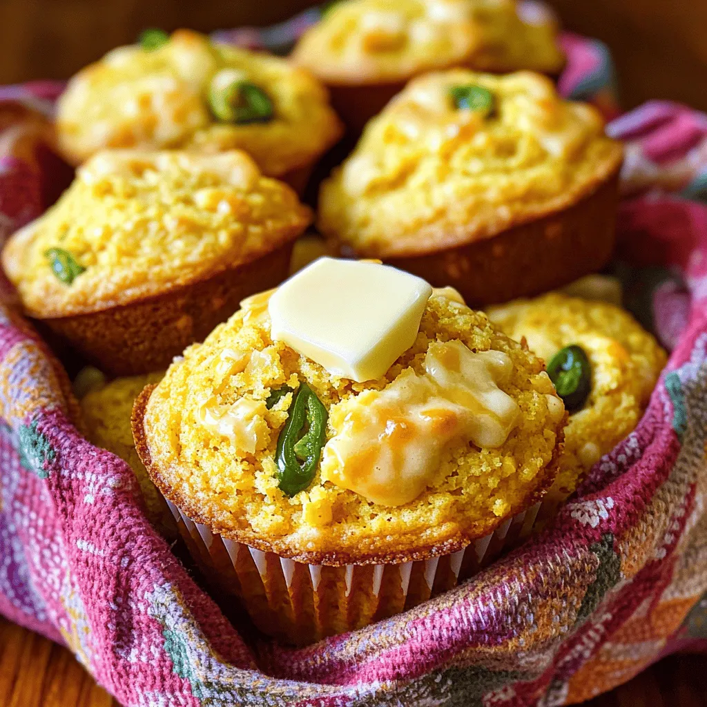 The base of your Cheddar Jalapeño Cornbread Muffins includes these key items: - 1 cup cornmeal - 1 cup all-purpose flour - 1 tablespoon baking powder - 1/2 teaspoon salt - 1/2 teaspoon baking soda - 1/4 cup granulated sugar These ingredients create a light and fluffy texture. Cornmeal gives a lovely grainy feel. Flour adds structure. Baking powder and baking soda help them rise, while sugar adds a touch of sweetness. Next, we need to add moisture and richness: - 1 cup buttermilk (or regular milk) - 2 large eggs - 1/4 cup vegetable oil Buttermilk adds a nice tang. Eggs bind everything together, and oil keeps the muffins moist. This mix makes a creamy batter that helps the muffins rise well. Now, it’s time to add a burst of flavor: - 1 cup shredded sharp cheddar cheese - 1 to 2 jalapeños, finely chopped (seeds removed for milder flavor) - 1/4 cup corn kernels (can use fresh or frozen) Sharp cheddar gives a rich taste. Jalapeños add heat, which you can adjust by removing the seeds. Corn kernels bring a sweet crunch. Together, these add-ins elevate your muffins and make each bite enjoyable. Set your oven to 400°F (200°C). Grease a muffin tin for 12 muffins. You can also use paper liners for easy removal. In a large mixing bowl, add the cornmeal, flour, baking powder, salt, baking soda, and sugar. Whisk these dry ingredients together well. This helps to mix everything evenly. You want the flavors to be uniform in each bite. In another bowl, combine the buttermilk, eggs, and vegetable oil. Whisk until the mixture is smooth. This smooth texture will help your muffins rise nicely. Gently pour the wet mixture into the dry ingredients. Use a spatula to stir until just combined. Be careful not to overmix. A few lumps are okay! Overmixing can make your muffins tough. Now, fold in the shredded cheese, chopped jalapeños, and corn. Make sure these tasty bits are spread evenly through the batter. Each muffin should have a burst of flavor! Scoop the batter into the prepared muffin tin. Fill each cup about two-thirds full. This gives the muffins room to rise. Bake in your preheated oven for 15-18 minutes. They should look golden brown on top. A toothpick should come out clean when inserted in the center. After baking, let the muffins cool in the tin for about 5 minutes. Then, move them to a wire rack to cool completely. For a lovely touch, serve them warm in a basket lined with a colorful cloth. Add a dollop of butter or drizzle of honey on top for extra flavor! To avoid dense muffins, make sure not to overmix the batter. When you combine the wet and dry ingredients, stir gently until just combined. A few lumps are fine. Overmixing makes the muffins tough. Use a spatula to fold in the cheese and jalapeños; this keeps the texture light and fluffy. You can modify the jalapeño quantity to suit your taste. For a mild flavor, use one jalapeño and remove the seeds. If you love heat, add two jalapeños or use a spicier variety. Just remember that fresh peppers can vary in heat! Check for doneness by inserting a toothpick into the center of a muffin. It should come out clean. If it has batter on it, bake a few more minutes. Also, rotate the muffin tin halfway through baking for even heat. This helps all your muffins rise and bake perfectly! {{image_4}} You can add fresh herbs to your muffins. Herbs like cilantro or chives bring a nice twist. Chop them finely and mix them in with the cheese and jalapeños. This adds a fresh, bright flavor. You can try using one or a mix of your favorite herbs. It’s a simple way to change the taste. If you need a gluten-free version, you can use gluten-free flour. Many brands have blends that work well for baking. Simply replace the all-purpose flour with gluten-free flour. The muffins will still turn out soft and tasty. Just follow the same instructions, and you’ll enjoy a great treat. For a sweet touch, add honey or maple syrup. You can mix in about 1/4 cup of either. This will give your muffins a nice sweetness. It balances the spice from the jalapeños perfectly. These sweet muffins are great for breakfast or as a snack. The combination of sweet and spicy is truly delightful. To keep your Cheddar Jalapeño Cornbread Muffins fresh, store them in an airtight container. This keeps moisture in and prevents them from getting stale. Place a paper towel inside the container to absorb extra moisture. You can store them at room temperature for up to two days. If you want them to last longer, refrigerate them for up to a week. When you want to enjoy your muffins again, reheating is key. The best method is to use the oven. Preheat your oven to 350°F (175°C). Place the muffins on a baking sheet and heat for about 5-7 minutes. This method helps keep the muffins fluffy. You can also use a microwave, but be careful. Heat them in 10-second bursts to avoid making them tough. Freezing these muffins is a great option for later. First, let them cool completely. Then, wrap each muffin in plastic wrap. Place the wrapped muffins in a freezer bag. Squeeze out as much air as possible before sealing. They can last up to three months in the freezer. To thaw, just take them out and leave them at room temperature for a couple of hours. You can also reheat them directly from the freezer, but add a few extra minutes to your heating time. Yes, you can. Regular milk works well in this recipe. Buttermilk adds a tangy flavor and moisture. If you want a similar taste, add a splash of lemon juice or vinegar to the milk. Let it sit for a few minutes. This will mimic buttermilk's acidity. This small change keeps your muffins soft and tasty. To add heat, use more jalapeños. Start with one and add up to two. Make sure to chop them finely. If you want even more spice, consider adding red pepper flakes or cayenne pepper. These spices can boost the flavor without changing the texture. Just remember, taste as you go to find your perfect heat level. These muffins pair wonderfully with chili or soup. They also go great with barbecued meats. You can serve them alongside a fresh salad for a light meal. Consider spreading butter or honey on top for added flavor. Each bite will be a flavorful delight! When stored correctly, these muffins last up to three days at room temperature. Keep them in an airtight container to maintain freshness. You can also store them in the fridge for up to a week. If you want to enjoy them later, freeze them. Wrap each muffin tightly and place them in a freezer-safe bag. They can last for up to three months in the freezer. In this post, we explored how to make delicious Cheddar Jalapeño Cornbread Muffins. We covered essential ingredients, step-by-step instructions, and helpful tips to perfect your muffins. Plus, we shared fun variations and storage methods to keep them fresh. These muffins are not only tasty but also easy to customize. Enjoy them with your favorite meals, or savor them as snacks. Happy baking, and may your muffins always rise to the occasion!