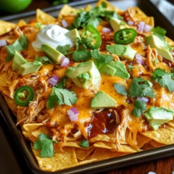 - 1 lb cooked chicken breast, shredded - 1 cup BBQ sauce - 12 oz tortilla chips - 2 cups shredded cheddar cheese - 1 cup canned black beans, drained - 1 cup corn kernels - 1/2 red onion, sliced - 1 jalapeño, sliced (optional) - 1/2 cup fresh cilantro, chopped - 1 avocado, diced - Sour cream and lime wedges for serving Gathering your ingredients is the first step. I love using shredded chicken for its ease. Cooked chicken makes this dish quick. You can use leftover chicken or even store-bought rotisserie chicken. The BBQ sauce adds so much flavor. Choose your favorite brand for the best taste. Next, we need tortilla chips. They provide the perfect base for our nachos. I suggest a thicker chip to hold all the toppings well. The shredded cheddar cheese is a must. It melts beautifully and adds creaminess. Now, let's talk about the extras. Black beans and corn give a nice texture. They also add great nutrition. Sliced red onion adds a bit of crunch and flavor. If you like heat, toss in jalapeños. They can really spice things up. Lastly, garnishes are key. Chopped cilantro adds freshness. Diced avocado gives creaminess. Don't forget the sour cream and lime wedges. They bring everything together when you serve. With these ingredients, you are well on your way to a tasty meal. - Preheat oven to 400°F (200°C). - Prepare baking sheet with parchment paper. - Coat shredded chicken with BBQ sauce. - Layer tortilla chips on the baking sheet. - Distribute BBQ chicken over the chips. - Add black beans and corn on top. - Top with red onion and jalapeño slices. - Sprinkle cheddar cheese evenly. - Bake for 15-20 minutes until cheese is bubbly. Start by setting your oven to 400°F (200°C). This temperature will help melt your cheese perfectly. Next, grab a large baking sheet and line it with parchment paper. This step makes cleanup easy and helps prevent sticking. Now for the fun part! In a bowl, take your shredded chicken and pour in the BBQ sauce. Stir it well until every piece is covered. This will give your nachos a tasty, smoky flavor. Next, lay out your tortilla chips on the baking sheet. Make sure they are in a single layer with some space between them. This way, each chip gets some love. Once your chips are ready, spread the BBQ chicken mix on top. Try to cover as many chips as you can. Then, sprinkle the black beans and corn over the chicken. These ingredients add texture and flavor. Now, it’s time for the final touches! Add thin slices of red onion and jalapeños if you like some heat. Spread them evenly for a big flavor boost. Then, cover everything with a generous layer of shredded cheddar cheese. This will create that gooey, cheesy goodness. Pop the baking sheet into the preheated oven. Bake for 15-20 minutes. Keep an eye on it as the cheese melts and bubbles. When it’s ready, take it out and admire your work! For a burst of freshness, top the nachos with chopped cilantro and diced avocado. Serve it hot with sour cream and lime wedges on the side. Enjoy your easy family meal! You can serve your nachos right on the baking sheet. This gives a fun, rustic look. If you want something fancier, use a large platter. It makes sharing easy. Before serving, add extra toppings like cilantro or jalapeños. This adds color and flavor. Watch the nachos as they bake. They can go from bubbly to burnt quickly. It’s best to check them around the 15-minute mark. Make sure to spread toppings evenly. This helps each chip get a good flavor. No one likes a plain chip! Feel free to switch out the chicken. Pulled pork or beef also works great. This gives a new taste to the dish. You can also change the cheese. Try using pepper jack or a blend for a unique flavor. Experiment with what you like best! {{image_4}} To make a vegetarian version of sheet-pan BBQ chicken nachos, you can easily swap out the chicken. Replace it with grilled vegetables like bell peppers, zucchini, and mushrooms. These veggies add great flavor and texture. You can also add more beans, like pinto or kidney beans, for extra protein and heartiness. This way, you keep the dish filling and delicious without meat. Want to kick up the heat? A simple way to do this is by increasing the jalapeño quantity. You can add more slices on top of your nachos for a spicy bite. Another idea is to mix in some hot sauce into your BBQ chicken. This adds a nice zing and balances the sweetness of the BBQ sauce. You can control the spice level based on your taste. For a gourmet twist, consider adding unique toppings. Chopped olives or pickled jalapeños can add a nice briny flavor. They pair well with the richness of the cheese. You can also drizzle ranch dressing or spicy mayo over the nachos before serving. This extra step makes the dish feel more special and adds layers of flavor that everyone will love. - Store leftovers in an airtight container. - Consume within 2-3 days for best taste. When you have extra nachos, pack them up right away. This keeps them fresh. I suggest using glass containers or heavy-duty plastic. This helps avoid spills and keeps flavors intact. - Reheat in the oven for best texture. - Avoid microwave to prevent sogginess. To reheat, set your oven to 350°F (175°C). Spread the nachos on a baking sheet. Heat them for about 10 minutes. This helps the chips stay crispy. Microwaving makes them soft and chewy, which is not ideal. - Freeze assembled nachos before baking. - Bake straight from the freezer, adjusting time. If you want to save some nachos for later, freeze them! Just layer everything on a baking sheet, then cover with plastic wrap. When you're ready to eat, bake directly from the freezer. Just add a few extra minutes to the cooking time. Yes, prepare all ingredients and assemble just before baking. This keeps flavors fresh. To do this, shred the chicken and mix it with BBQ sauce. You can also slice the veggies and cheese. Store each item in separate containers. When you're ready, just layer everything on the chips and bake. This method saves time on busy nights. Try salsa, cheese sauce, or homemade sauces for different flavors. Each option adds a unique taste to your nachos. Salsa brings a fresh kick, while cheese sauce makes it creamy. If you want something special, blend your own sauce. Mix ketchup, mustard, brown sugar, and spices for a quick BBQ flavor. Yes, they can be made in batch and stored for quick meals. Make a large batch and keep it in the fridge. You can heat them up for lunch or dinner. Just remember to reheat in the oven to keep the chips crispy. This makes meal prep easy and fun for the whole family. Avoid overloading with toppings and serve immediately after baking. A good balance is key. Layer the chips first, then add toppings evenly. This method helps the chips stay crunchy. If you want extra crunch, bake the chips for a few minutes before adding toppings. Enjoy your perfect nachos! These Sheet-Pan BBQ Chicken Nachos are simple and fun to make. You only need a few main ingredients, like chicken, cheese, and tortilla chips. The steps are easy to follow, ensuring tasty nachos every time. Whether you make them spicy or add veggies, they work for any gathering. Remember to store any leftovers properly for the best flavor. Now, enjoy your delicious nachos and impress your friends!