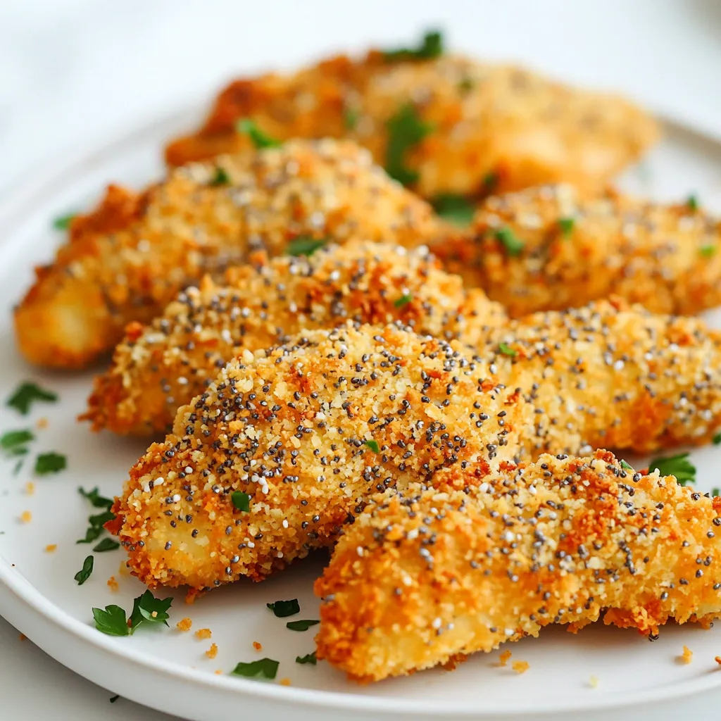 - 1 lb chicken tenderloins - 1 cup buttermilk Chicken tenderloins are lean and cook quickly. They soak in buttermilk, which makes them juicy and tender. This marination step is key for flavor and texture. - 1 cup all-purpose flour - 1 tsp garlic powder - 1 tsp onion powder - 1 tsp paprika - 1/2 tsp black pepper The flour forms the base for the breading. Garlic and onion powder add a savory touch. Paprika gives a hint of warmth, while black pepper adds a bit of spice. Mixing these well ensures each tender gets a great flavor. - 1 1/2 cups fine panko breadcrumbs - 1/4 cup everything bagel seasoning - Olive oil spray Panko breadcrumbs are light and crisp. They create a crunchy texture when fried. The everything bagel seasoning adds complex flavors, making these tenders special. A light spray of olive oil helps achieve that golden brown finish. Marinate the chicken in buttermilk for at least 30 minutes. You can also marinate it for up to 2 hours in the fridge. Marinating helps the chicken stay juicy and adds flavor. Set up three bowls for breading. In the first bowl, mix flour, garlic powder, onion powder, paprika, and black pepper. In the second bowl, pour in the leftover buttermilk. In the third bowl, combine panko breadcrumbs with everything bagel seasoning. This setup makes breading easy and organized. After marinating, pull out each chicken tender. Let any extra buttermilk drip off. First, coat the chicken in the flour mix, covering all sides. Then, dip it back into the buttermilk. Finally, coat it with the breadcrumb mixture. Press gently to help the crumbs stick well to the chicken. Preheat your air fryer to 400°F (200°C). This should take about 5 minutes. Preheating is key for getting a nice, crispy outside on the chicken. Place the breaded chicken tenders in a single layer in the air fryer basket. Spray the tops lightly with olive oil spray. Cook the tenders for 10-12 minutes. Flip them halfway through to ensure even cooking. Check that the internal temperature reaches 165°F for safety. Once cooked, take the chicken tenders out and let them rest for a couple of minutes. Serve them with your favorite dipping sauces, like ranch or honey mustard. Enjoy them plain or with colorful veggies for a fun presentation! To make sure your chicken tenders turn out crispy, use olive oil spray. This spray coats the chicken lightly. It helps the breadcrumbs crisp up nicely in the air fryer. Aim to spray the tops just before cooking. This step is key for that crunchy bite you want. Remember, too much oil can make them soggy, so use it wisely. If you want to try something different for marinating chicken, you have options. You can use yogurt instead of buttermilk. Yogurt adds a nice tang and helps tenderize the chicken. Another choice is to use pickle juice. It gives a unique flavor and keeps the chicken moist. Don’t be afraid to experiment with different liquids for fun flavors! Panko breadcrumbs are great, but you can use substitutes if needed. Regular breadcrumbs work well, but they might not be as crunchy. Crushed cornflakes or crushed crackers can add a fun twist. For a healthier option, try ground oats. Each substitute brings its own flavor and texture, so choose what you like best! {{image_4}} You can add fun twists to your chicken tenders. Try different seasoning blends. For a spicy kick, mix in cayenne pepper. If you love herbs, add dried dill or thyme. You can also use taco seasoning for a zesty flavor. Experimenting keeps the dish exciting. You don't have to use only chicken tenderloins. Chicken breasts work well too. Just cut them into strips for even cooking. If you want a change, use turkey tenderloins. They give a leaner option with similar taste. You can even try fish or tofu for a new experience. If you need a gluten-free option, switch to gluten-free breadcrumbs. They work just as well. You can find these in most stores. They will still give you that crunchy coating. Just check the pack to ensure they fit your diet. Enjoy your tasty meal without worry! To keep your chicken tenders fresh, place them in an airtight container. Make sure they cool completely first. You can store them in the fridge for up to three days. The less air that gets in, the better they will stay. Reheating chicken tenders can be tricky. You want them hot and crispy, not soggy. The best way to reheat them is in the air fryer. Set it to 375°F and cook for about 5-7 minutes. This helps keep that crunchy texture. You can also use an oven. Just place them on a baking sheet and heat at 350°F for 10-15 minutes. If you want to save some for later, freezing works great. First, let the chicken tenders cool completely. Wrap each one tightly in plastic wrap, then place them in a freezer bag. They can stay in the freezer for up to three months. When you’re ready to eat, thaw them in the fridge overnight. Then, reheat them in the air fryer for the best results. You should marinate chicken tenders for at least 30 minutes. This helps them soak up the buttermilk and become tender. For the best flavor, you can marinate up to 2 hours in the fridge. This extra time allows the chicken to absorb more flavor. Yes, you can use regular breadcrumbs, but panko is better. Panko gives a crispier texture. Regular breadcrumbs can be fine and may not provide as much crunch. The taste will change slightly, but they will still be good. Some great dipping sauces are: - Ranch dressing - Honey mustard - BBQ sauce - Ketchup - Garlic aioli These dips add a burst of flavor and enhance your meal. You can also get creative and mix your own sauces! Yes, you can bake these chicken tenders. Preheat your oven to 425°F (220°C). Place the breaded chicken on a baking sheet lined with parchment paper. Bake for 15-20 minutes, flipping halfway. Make sure the chicken reaches 165°F internally. To keep chicken tenders crispy, serve them right after cooking. If you need to hold them, keep them on a wire rack in a warm oven. Avoid covering them, as that traps steam and makes them soggy. Use olive oil spray before cooking for extra crispiness too. This blog post covered how to make crispy chicken tenders using simple ingredients and easy steps. We explored marination, breading, and air frying to get the best results. I shared tips on ensuring crispiness, offered variations, and provided storage options. With this guide, you can perfect your chicken tender recipe. Experiment with flavors and enjoy your delicious creations. Dive in and make your next meal a hit!