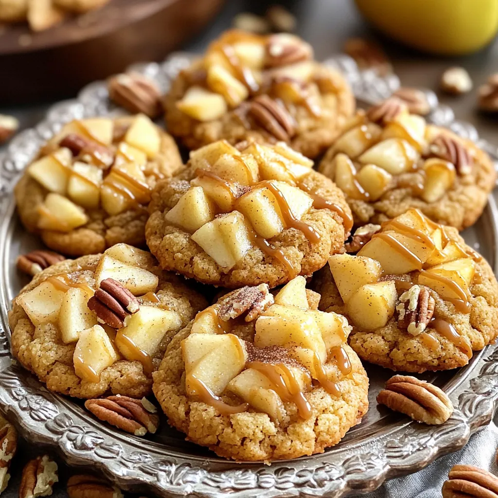 These cookies have a mix of classic and tasty ingredients. Here’s what you need: - 1 cup unsalted butter, softened - 1 cup granulated sugar - 1 cup packed brown sugar - 2 large eggs - 1 teaspoon vanilla extract - 3 cups all-purpose flour - 1 teaspoon baking soda - 1 teaspoon baking powder - 1/2 teaspoon salt - 2 teaspoons ground cinnamon - 1 1/2 cups fresh apples, peeled and diced (about 2 medium apples) - 1 cup caramel sauce, warmed for drizzling - Additional cinnamon sugar (1/4 cup granulated sugar mixed with 1 teaspoon ground cinnamon) You can add some fun twists to your cookies. Here are some ideas: - Chopped nuts like pecans or walnuts for crunch - Dried fruit like cranberries or raisins for sweetness - A pinch of nutmeg for a warm spice note Gather your tools before you start baking. You will need: - Two baking sheets - Parchment paper for lining - Large mixing bowl - Electric mixer for creaming - Medium bowl for mixing dry ingredients - Spatula for folding - Cookie scoop or tablespoon for portioning dough - Measuring cups and spoons for accuracy - Cooling rack for letting cookies cool down Preheat your oven to 350°F (175°C). While it warms, grab two baking sheets. Line them with parchment paper. This helps the cookies not stick. In a large bowl, add 1 cup of softened butter, 1 cup of granulated sugar, and 1 cup of packed brown sugar. Use an electric mixer on medium speed. Beat for 2-3 minutes until it’s light and fluffy. Add 2 large eggs one at a time. Mix well after each egg. Next, pour in 1 teaspoon of vanilla extract. Continue mixing until it is all combined. In a separate bowl, whisk together 3 cups of all-purpose flour, 1 teaspoon of baking soda, 1 teaspoon of baking powder, 1/2 teaspoon of salt, and 2 teaspoons of ground cinnamon. This step ensures even flavor and rise. Slowly add the dry mix to the wet mix. Use a spatula or low mixer speed. Combine until you no longer see dry flour. Be careful, as overmixing can make the cookies tough. Now, fold in 1 1/2 cups of diced apples. Make sure they are evenly spread in the dough. Avoid breaking the apple pieces. Use a cookie scoop or tablespoon to drop rounded dough balls onto the sheets. Leave about 2 inches apart for spreading. Before baking, sprinkle each dough ball with cinnamon sugar. To make this, mix 1/4 cup of granulated sugar with 1 teaspoon of ground cinnamon. This adds a tasty crunch. Bake the cookies for 10-12 minutes. They should be lightly golden at the edges and set in the center. Check them regularly so they don't overbake. Once the cookies cool on the sheet for a few minutes, transfer them to a wire rack. After they cool completely, warm 1 cup of caramel sauce. Drizzle it generously over the cookies for a sweet finish. To get the best cookie texture, follow these steps: - Use room temperature butter. This helps the butter mix well with sugars. - Don’t overmix the dough. Mix until you see no dry flour. - Chill the dough for 30 minutes. This helps cookies hold their shape. These tips keep your cookies soft and chewy on the inside, with nice edges. Avoid these common mistakes to make great cookies: - Skipping the parchment paper can lead to sticky cookies. - Not measuring ingredients can change the dough. Use a scale or measuring cups. - Overbaking can make cookies hard. Watch them closely in the oven. Each mistake can change the final taste and texture of your cookies. To make your cookies even better, add spices: - Ground cinnamon adds warmth and sweetness. - A pinch of nutmeg can give a cozy flavor. - Try adding a bit of ginger for a kick. These spices can take your caramel apple pie cookies to the next level! {{image_4}} You can add nuts or dried fruits to your cookies for extra flavor and texture. Try chopped pecans or walnuts for a nutty crunch. You can also use dried cranberries or raisins for a sweet twist. Mix in about 1/2 cup of your choice with the diced apples. This will enhance each bite and make your cookies even more delightful. To make gluten-free cookies, swap all-purpose flour for a gluten-free blend. Ensure the blend has xanthan gum for the best results. For a vegan version, use plant-based butter and replace eggs with flax eggs. To make a flax egg, mix 1 tablespoon of ground flaxseed with 2.5 tablespoons of water. Let it sit for a few minutes before adding it to your mix. These swaps keep the flavor while meeting dietary needs. You can adjust your caramel apple pie cookies for various holidays. In fall, add pumpkin spice to capture the season’s essence. For winter, include a hint of peppermint extract. Around the holidays, mix in chopped candied ginger for a festive touch. These seasonal tweaks will keep your cookies fresh and exciting throughout the year. Each variation brings a new twist to the classic flavor of caramel apple pie. To keep your caramel apple pie cookies fresh, store them in an airtight container. Place parchment paper between layers to avoid sticking. This helps keep the cookies soft and chewy. It also prevents them from absorbing moisture, which can make them soggy. When stored properly, these cookies can last up to one week at room temperature. If you want them to last longer, consider refrigerating them. In the fridge, they can stay fresh for about two weeks. Just remember to let them come to room temperature before enjoying. You can freeze these cookies for up to three months. To freeze, place them in a single layer on a baking sheet. Once frozen, transfer them to a freezer-safe bag. To thaw, simply leave them at room temperature for a few hours. For a warm treat, pop them in the microwave for a few seconds. Enjoy those delicious bites anytime! Yes, store-bought caramel sauce works great! It saves time and still tastes good. Just warm it slightly before drizzling. You can find it in any grocery store. For baking, I love using Granny Smith or Honeycrisp apples. They add a nice tartness and hold their shape well. Avoid soft apples like Red Delicious, as they turn mushy. To make your cookies softer, add a bit more brown sugar. Brown sugar keeps cookies moist. You can also try baking them for a shorter time. Keep an eye on them! Yes, you can substitute unsalted butter with coconut oil. You can also use gluten-free flour if needed. Just keep in mind that this may change the texture a bit. Absolutely! You can make the dough and store it in the fridge for up to three days. Just let it sit at room temperature for a bit before baking. Look for lightly golden edges and set centers. They might seem soft, but they will firm up as they cool. If they look dry, they may be overbaked. In this post, we explored how to make caramel apple pie cookies. We covered essential ingredients, tools, and step-by-step instructions for baking. I shared tips for perfect texture and common mistakes to watch for. You can also try fun variations and find smart storage tips to keep your cookies fresh. Baking cookies can be fun and tasty. With practice, you’ll make delicious treats everyone loves. Happy baking!