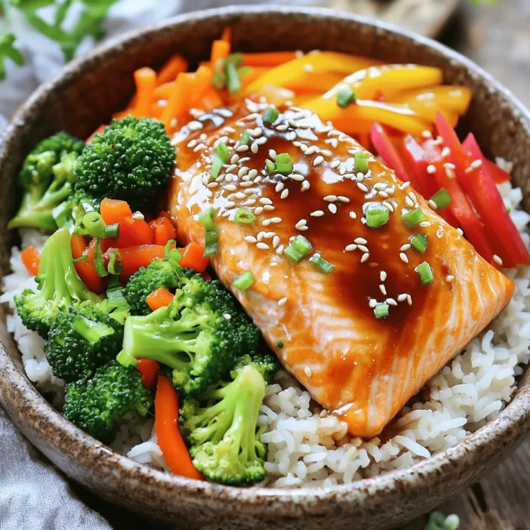 - 2 salmon fillets (approximately 6 oz each) - 1 cup jasmine rice - 1/4 cup teriyaki sauce (store-bought or homemade) - 1 cup broccoli florets - 1/2 red bell pepper, thinly sliced - 1 medium carrot, julienned - 2 green onions, finely chopped - 1 tablespoon sesame seeds (optional for garnish) - Salt and pepper, to taste When I prepare my teriyaki salmon rice bowls, I love how simple the ingredients are. The salmon fillets are rich and flaky, adding depth to the dish. I always choose jasmine rice because it cooks up fluffy and has a slight sweetness. Teriyaki sauce gives it that perfect umami kick. For veggies, I prefer a mix of broccoli, red bell pepper, and carrots. They add color and crunch to my bowl. I chop the broccoli into small florets, slice the bell pepper thin, and julienne the carrot for easy cooking. Finally, I garnish with green onions and sesame seeds. These little touches make the dish pop and enhance the flavor. Salt and pepper are key for seasoning. They help balance everything and bring out the best in all the ingredients. To start, rinse the jasmine rice. Hold it under cold water in a fine mesh strainer. Keep rinsing until the water runs clear. This step removes excess starch. Next, put the rinsed rice in a medium saucepan. Add 2 cups of water and a pinch of salt. Heat the saucepan over medium-high heat until it boils. When it boils, lower the heat to low and cover it with a lid. Let it simmer for about 15 minutes. The rice should absorb all the water and become tender. After that, turn off the heat but keep it covered for another 5 minutes. Finally, fluff the rice gently with a fork. While the rice cooks, it’s time to prepare the salmon. Season both sides of the salmon fillets with salt and pepper. This step adds flavor to the fish. In a large skillet, heat 1 tablespoon of sesame oil over medium heat. Wait until the oil shimmers. Carefully place the salmon fillets skin-side down in the hot skillet. Cook for about 4-5 minutes. You want the skin to become crispy and the salmon to cook halfway through. Now, it’s time to glaze the salmon. Gently flip the fillets using a spatula. Pour 1/4 cup of teriyaki sauce over the salmon. Make sure they are well coated. Continue cooking for another 3-4 minutes. Baste the salmon with the sauce every minute. This step makes the salmon glossy and flavorful. Once the salmon is done, take it out of the skillet and put it on a plate. In the same skillet, add the broccoli florets, julienned carrots, and sliced red bell pepper. Sauté these vegetables for about 3-5 minutes. Stir frequently until they are tender but still crisp. - Checking doneness: To know if your salmon is done, look for a light pink center. Use a fork to check. If it flakes easily, it’s ready. - Ensuring skin crispiness: Start cooking skin-side down. This helps the skin get crispy. Don’t flip it too soon. Wait until it’s golden brown. - Water ratios for jasmine rice: Use a 1:2 ratio for jasmine rice. One cup of rice needs two cups of water. This gives you fluffy rice. - Avoiding sticky rice: Rinse the rice well before cooking. This removes excess starch. It helps keep the rice from becoming gummy. - When to add vegetables: Add the vegetables after you glaze the salmon. This way, they stay crisp and colorful. - Maintaining crisp texture: Stir-fry the veggies over high heat. This keeps them tender but crunchy. Cook for just a few minutes to preserve their bite. {{image_4}} Alternative to salmon You can swap salmon with other fish. Try tuna, trout, or even chicken. These options still give a tasty meal. Other vegetable options Feel free to mix in your favorite veggies. Snap peas, zucchini, or bell peppers add color and crunch. Use what you have on hand for a fun twist. Homemade teriyaki recipe Making your own teriyaki sauce is easy! Combine soy sauce, brown sugar, garlic, and ginger. Simmer until thick. This homemade version packs a fresh flavor. Other flavor profiles to try Want to change it up? Use soy sauce with honey for sweetness. You can also try a spicy chili sauce for heat. The choice is yours! Additional sides Serve your teriyaki salmon rice bowl with a side of edamame or cucumber salad. These sides add freshness and balance the meal. Pairing with sauces or dressings Drizzle extra teriyaki sauce over the top for more flavor. You can also try a sesame dressing for a nutty touch. Don't be afraid to mix flavors! - Store leftovers in a sealed container. - Use glass or BPA-free plastic to keep food fresh. - You can freeze cooked salmon and rice separately. - For best taste, wrap salmon tightly in foil. - Thaw in the fridge overnight before reheating. - Reheat in the oven or microwave until hot. - In the fridge, teriyaki salmon lasts about 2-3 days. - Look for a change in color or smell to check for spoilage. Teriyaki salmon cooks in about 10-15 minutes. Cooking time can change based on the thickness of the fillets. For thinner fillets, check for doneness at around 8 minutes. For thicker ones, it may take up to 15 minutes. Always make sure the salmon is opaque and flakes easily with a fork to ensure it is fully cooked. Yes, making teriyaki sauce at home is easy. Here’s a simple method: - Ingredients: - 1/4 cup soy sauce - 2 tablespoons honey or brown sugar - 1 tablespoon rice vinegar (or apple cider vinegar) - 1 teaspoon garlic, minced - 1 teaspoon ginger, minced - Instructions: 1. In a small saucepan, mix all ingredients. 2. Heat over medium until simmering. 3. Stir until the sugar dissolves and let it thicken for 1-2 minutes. This homemade sauce adds a fresh touch to your teriyaki salmon bowls. Jasmine rice is the best choice for teriyaki salmon bowls. It has a fragrant aroma and a soft texture. Other options are sushi rice, which is sticky and holds together well, or brown rice, which offers a nutty flavor and extra fiber. Choose what you like best to enjoy your dish fully. This blog post covered how to make a tasty teriyaki salmon bowl. We looked at the main ingredients, like salmon, rice, and fresh veggies. I shared step-by-step instructions to cook everything perfectly. You now know tips for great salmon, rice, and veggies. To wrap it up, you can enjoy this dish your way. Don't hesitate to try new ingredients or sauces. Whether you stick to the recipe or get creative, I hope you have fun cooking!