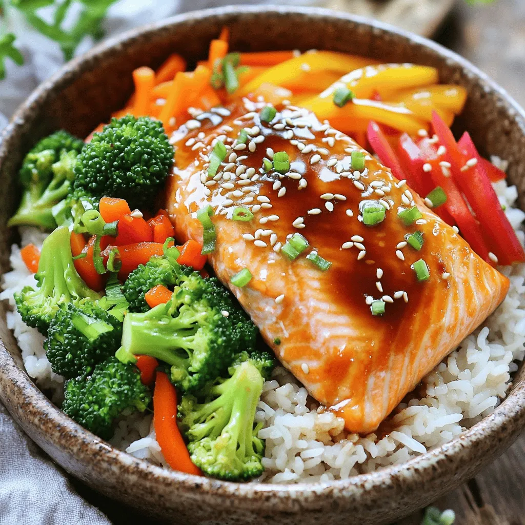 - 2 salmon fillets (approximately 6 oz each) - 1 cup jasmine rice - 1/4 cup teriyaki sauce (store-bought or homemade) - 1 cup broccoli florets - 1/2 red bell pepper, thinly sliced - 1 medium carrot, julienned - 2 green onions, finely chopped - 1 tablespoon sesame seeds (optional for garnish) - Salt and pepper, to taste When I prepare my teriyaki salmon rice bowls, I love how simple the ingredients are. The salmon fillets are rich and flaky, adding depth to the dish. I always choose jasmine rice because it cooks up fluffy and has a slight sweetness. Teriyaki sauce gives it that perfect umami kick. For veggies, I prefer a mix of broccoli, red bell pepper, and carrots. They add color and crunch to my bowl. I chop the broccoli into small florets, slice the bell pepper thin, and julienne the carrot for easy cooking. Finally, I garnish with green onions and sesame seeds. These little touches make the dish pop and enhance the flavor. Salt and pepper are key for seasoning. They help balance everything and bring out the best in all the ingredients. To start, rinse the jasmine rice. Hold it under cold water in a fine mesh strainer. Keep rinsing until the water runs clear. This step removes excess starch. Next, put the rinsed rice in a medium saucepan. Add 2 cups of water and a pinch of salt. Heat the saucepan over medium-high heat until it boils. When it boils, lower the heat to low and cover it with a lid. Let it simmer for about 15 minutes. The rice should absorb all the water and become tender. After that, turn off the heat but keep it covered for another 5 minutes. Finally, fluff the rice gently with a fork. While the rice cooks, it’s time to prepare the salmon. Season both sides of the salmon fillets with salt and pepper. This step adds flavor to the fish. In a large skillet, heat 1 tablespoon of sesame oil over medium heat. Wait until the oil shimmers. Carefully place the salmon fillets skin-side down in the hot skillet. Cook for about 4-5 minutes. You want the skin to become crispy and the salmon to cook halfway through. Now, it’s time to glaze the salmon. Gently flip the fillets using a spatula. Pour 1/4 cup of teriyaki sauce over the salmon. Make sure they are well coated. Continue cooking for another 3-4 minutes. Baste the salmon with the sauce every minute. This step makes the salmon glossy and flavorful. Once the salmon is done, take it out of the skillet and put it on a plate. In the same skillet, add the broccoli florets, julienned carrots, and sliced red bell pepper. Sauté these vegetables for about 3-5 minutes. Stir frequently until they are tender but still crisp. - Checking doneness: To know if your salmon is done, look for a light pink center. Use a fork to check. If it flakes easily, it’s ready. - Ensuring skin crispiness: Start cooking skin-side down. This helps the skin get crispy. Don’t flip it too soon. Wait until it’s golden brown. - Water ratios for jasmine rice: Use a 1:2 ratio for jasmine rice. One cup of rice needs two cups of water. This gives you fluffy rice. - Avoiding sticky rice: Rinse the rice well before cooking. This removes excess starch. It helps keep the rice from becoming gummy. - When to add vegetables: Add the vegetables after you glaze the salmon. This way, they stay crisp and colorful. - Maintaining crisp texture: Stir-fry the veggies over high heat. This keeps them tender but crunchy. Cook for just a few minutes to preserve their bite. {{image_4}} Alternative to salmon You can swap salmon with other fish. Try tuna, trout, or even chicken. These options still give a tasty meal. Other vegetable options Feel free to mix in your favorite veggies. Snap peas, zucchini, or bell peppers add color and crunch. Use what you have on hand for a fun twist. Homemade teriyaki recipe Making your own teriyaki sauce is easy! Combine soy sauce, brown sugar, garlic, and ginger. Simmer until thick. This homemade version packs a fresh flavor. Other flavor profiles to try Want to change it up? Use soy sauce with honey for sweetness. You can also try a spicy chili sauce for heat. The choice is yours! Additional sides Serve your teriyaki salmon rice bowl with a side of edamame or cucumber salad. These sides add freshness and balance the meal. Pairing with sauces or dressings Drizzle extra teriyaki sauce over the top for more flavor. You can also try a sesame dressing for a nutty touch. Don't be afraid to mix flavors! - Store leftovers in a sealed container. - Use glass or BPA-free plastic to keep food fresh. - You can freeze cooked salmon and rice separately. - For best taste, wrap salmon tightly in foil. - Thaw in the fridge overnight before reheating. - Reheat in the oven or microwave until hot. - In the fridge, teriyaki salmon lasts about 2-3 days. - Look for a change in color or smell to check for spoilage. Teriyaki salmon cooks in about 10-15 minutes. Cooking time can change based on the thickness of the fillets. For thinner fillets, check for doneness at around 8 minutes. For thicker ones, it may take up to 15 minutes. Always make sure the salmon is opaque and flakes easily with a fork to ensure it is fully cooked. Yes, making teriyaki sauce at home is easy. Here’s a simple method: - Ingredients: - 1/4 cup soy sauce - 2 tablespoons honey or brown sugar - 1 tablespoon rice vinegar (or apple cider vinegar) - 1 teaspoon garlic, minced - 1 teaspoon ginger, minced - Instructions: 1. In a small saucepan, mix all ingredients. 2. Heat over medium until simmering. 3. Stir until the sugar dissolves and let it thicken for 1-2 minutes. This homemade sauce adds a fresh touch to your teriyaki salmon bowls. Jasmine rice is the best choice for teriyaki salmon bowls. It has a fragrant aroma and a soft texture. Other options are sushi rice, which is sticky and holds together well, or brown rice, which offers a nutty flavor and extra fiber. Choose what you like best to enjoy your dish fully. This blog post covered how to make a tasty teriyaki salmon bowl. We looked at the main ingredients, like salmon, rice, and fresh veggies. I shared step-by-step instructions to cook everything perfectly. You now know tips for great salmon, rice, and veggies. To wrap it up, you can enjoy this dish your way. Don't hesitate to try new ingredients or sauces. Whether you stick to the recipe or get creative, I hope you have fun cooking!