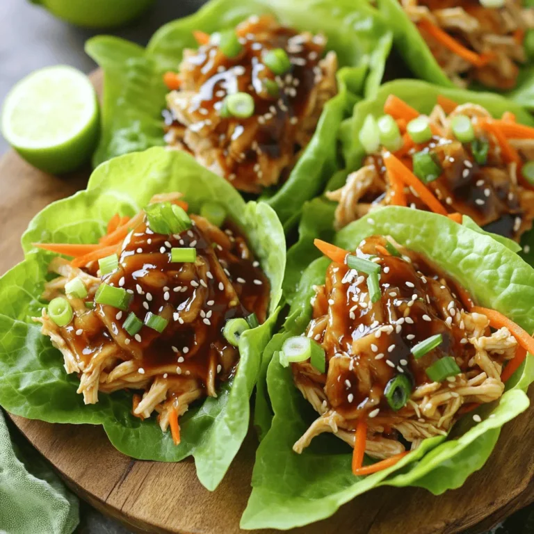 To make these tasty wraps, gather these key ingredients: - 2 lbs boneless, skinless chicken thighs - 1/2 cup low-sodium soy sauce - 1/4 cup honey - 1/4 cup rice vinegar - 2 tablespoons sesame oil - 1 tablespoon fresh ginger, finely minced - 3 garlic cloves, finely minced - 1 teaspoon red pepper flakes (optional, for a touch of heat) - 1 cup shredded carrots - 1 cup chopped green onions - 1 tablespoon cornstarch mixed with 2 tablespoons water (slurry for thickening) - 1 head of butter or iceberg lettuce, leaves carefully separated - Sesame seeds, for garnish You can customize your wraps with these extras: - Add sliced bell peppers for extra crunch. - Include chopped cilantro for a fresh taste. - Use avocado slices for creaminess. - Try different nuts for added texture, like chopped peanuts or cashews. Always pick high-quality ingredients for the best flavor. Fresh chicken thighs give a tender bite. Use low-sodium soy sauce to control salt levels. Fresh ginger and garlic add much-needed zest. Choose ripe veggies to enhance taste. Organic honey can provide a richer sweetness. Start with your chicken thighs. Lay them flat in the slow cooker. Spread them out for even cooking. This helps them cook well and stay juicy. Grab a medium bowl. In it, whisk together the soy sauce, honey, rice vinegar, and sesame oil. Add the minced ginger and garlic, then stir well. If you like heat, toss in the red pepper flakes. Make sure the honey dissolves completely. Pour the teriyaki sauce over the chicken in your slow cooker. Cover it with the lid. Set it to cook on low for 6-7 hours, or high for 3-4 hours. When it's done, the chicken will be tender. Remove the chicken and place it on a cutting board. Use two forks to shred it into bite-sized pieces. With the slow cooker still on high, mix cornstarch with water in a small bowl. Add this slurry to the sauce in the cooker. Stir it well and let it cook for 10 more minutes. This thickens the sauce nicely. Once thick, return the shredded chicken to the cooker. Gently fold it into the sauce. Add the shredded carrots and chopped green onions. Stir until everything is well mixed. To serve, take a lettuce leaf. Spoon some of the teriyaki chicken mixture onto the leaf. Sprinkle sesame seeds on top for crunch. Enjoy the fresh taste and savory flavors! To make teriyaki sauce pop, use low-sodium soy sauce. This keeps the dish balanced. Honey adds sweetness, while rice vinegar gives it a tangy kick. Fresh ginger and garlic bring depth. If you like heat, add red pepper flakes. Mix these ingredients well before pouring over the chicken. Let it marinate. This step helps the chicken soak up all the rich flavors. After cooking, the chicken should be tender. This makes shredding simple. Use two forks to pull apart the chicken. Start in the middle and work your way out. If the chicken feels tough, it may need more cooking time. Always check for tenderness before shredding. Shredded chicken works best when moist, so avoid letting it sit too long without sauce. For eye-catching wraps, use fresh, crisp lettuce. Butter or iceberg lettuce works great. Lay out the filled wraps on a colorful platter. Garnish with sesame seeds and chopped green onions for a pop of color. Adding lime wedges gives a zesty touch. This contrast brightens the dish and enhances flavors. It makes your meal look as good as it tastes! {{image_4}} You can swap chicken thighs for other proteins. Try using boneless chicken breasts for a lighter option. Pork tenderloin also works well; it becomes tender and juicy in the slow cooker. For beef lovers, flank steak can be a great choice. Just adjust the cooking time to ensure the meat becomes tender. For a vegetarian or vegan dish, replace the chicken with tofu or tempeh. Both options soak up the teriyaki sauce well. Use firm tofu for the best texture. You can also add more veggies like bell peppers and mushrooms for added flavor and nutrition. Ensure the soy sauce is vegan-friendly to keep the meal plant-based. To change the heat in your teriyaki chicken, add more or fewer red pepper flakes. If you like it spicy, try adding sriracha or chili paste. For a milder taste, simply leave out the red pepper flakes. You can also serve the wraps with hot sauce on the side for those who enjoy an extra kick. After enjoying your teriyaki chicken lettuce wraps, let the leftovers cool. Store them in an airtight container. This keeps the chicken moist and fresh. Place the container in the fridge. It will stay good for up to four days. To reheat, you can use a microwave. Place the chicken in a bowl. Cover it with a damp paper towel. Heat for one to two minutes. Stir halfway through for even warming. You can also use a skillet on low heat. This helps keep the chicken juicy. If you want to save some for later, freezing is perfect. Put the cooled chicken in a freezer-safe bag. Squeeze out any air before sealing it. Label the bag with the date. It can last in the freezer for up to three months. When you're ready to eat, thaw it in the fridge overnight. Reheat as mentioned above. Enjoy your meal again! Yes, you can use chicken breasts. They will cook faster. Chicken breasts are leaner than thighs. You may need to check for doneness sooner. They can dry out if overcooked, so monitor closely. You can use maple syrup or agave nectar. Both give a sweet flavor. Brown sugar is another option; just mix it with some water. This will help it dissolve better. Each choice will change the taste slightly. To spice it up, add more red pepper flakes. You can also use sriracha or chili paste. Start with a little, then taste. Adjust to your heat level. This way, you keep control over the spice. Yes, you can make this in an Instant Pot. Cook on high for about 15 minutes. Use the natural release method for best results. This will keep the chicken moist and tender. Adjust the sauce thickening step to finish. This blog post covered how to make slow cooker teriyaki chicken. We explored essential and optional ingredients. I shared easy steps for cooking and shredding chicken. Tips helped enhance your teriyaki flavor and presentation. Variations offered choices for proteins and spice levels. Lastly, I provided storage and reheating advice. With this knowledge, you can create a tasty meal that fits your style. Enjoy your cooking adventure!