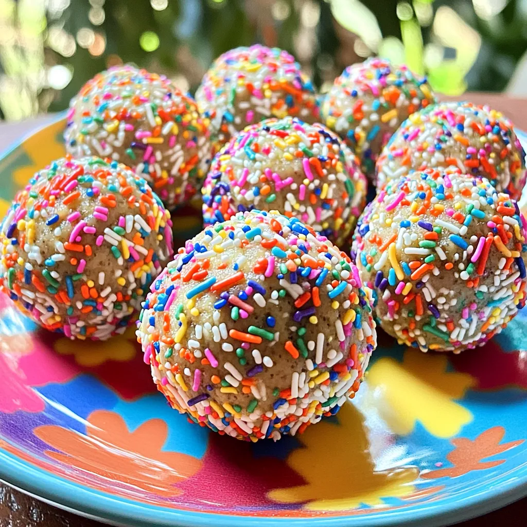 Here are the simple ingredients you’ll need to make No-Bake Birthday Cake Protein Balls: - 1 cup rolled oats - 1/2 cup vanilla protein powder - 1/4 cup almond flour - 1/4 cup natural almond butter - 1/4 cup honey or maple syrup - 1/2 teaspoon vanilla extract - 1/4 cup colorful rainbow sprinkles - 1 tablespoon coconut oil (optional) - A pinch of salt Each of these ingredients plays a key role. The rolled oats give a great texture and wholesome feel. Vanilla protein powder adds a nice flavor and boosts protein. Almond flour adds a nutty taste and keeps the mix gluten-free. Almond butter gives a creamy richness and helps bind the ingredients. Honey or maple syrup sweetens the mix and helps it stick together. Vanilla extract adds a nice aroma, making your treat even more enjoyable. Rainbow sprinkles bring joy and color, perfect for a birthday vibe. Coconut oil adds richness but is optional if you want a lighter snack. Finally, a pinch of salt balances the sweetness for a well-rounded flavor. Gather these ingredients to create a delightful and nutritious treat that everyone will enjoy! Start by grabbing a large mixing bowl. Place 1 cup of rolled oats into the bowl. Next, add 1/2 cup of vanilla protein powder. Finally, include 1/4 cup of almond flour. Use a spoon or spatula to mix these dry ingredients. Make sure they blend evenly. This step sets the base for your protein balls. Now it's time to add the wet ingredients. Pour in 1/4 cup of natural almond butter. Then, add 1/4 cup of honey or maple syrup. This choice depends on your taste. Next, include 1/2 teaspoon of vanilla extract. If you want a richer flavor, add 1 tablespoon of melted coconut oil. Mix everything well until it becomes a sticky dough. Once the mixture is ready, it's time to shape the balls. Take a small amount of the mixture and roll it between your hands. Aim for about 1 inch in diameter. If the mixture feels too sticky, wet your hands slightly. This helps you shape the balls easily. Place each ball on a baking sheet lined with parchment paper. After shaping all the balls, refrigerate them for about 30 minutes. This will help them firm up nicely. To adjust sweetness, you can change the sweetener. If you like it sweeter, add more honey or maple syrup. Start with a little and taste the mix. You can also reduce the sweetener if you prefer less sugar. Try using a sweet protein powder for a fun twist. Just remember, the key is balance. If your mixture is too sticky, a few tricks can help. First, dampen your hands with water when rolling the balls. This makes it easier to shape them. You could also add more almond flour or oats to the mix. This helps absorb some moisture. Just be careful not to overdo it or change the taste. To keep the protein balls fresh, store them in an airtight container. Place the container in the fridge. The balls can last up to one week this way. You can also freeze them for longer storage. Just remember to separate them with parchment paper. This keeps them from sticking together. Enjoy your tasty snacks whenever you want! {{image_4}} You can easily make these protein balls vegan. Just swap honey for maple syrup. The maple syrup adds a nice sweetness. It also keeps the mix sticky, which helps in shaping the balls. This change makes the recipe plant-based, while still being delicious. Want to add more flavor? Try different mix-ins! You can add chopped nuts or dried fruits. Almonds, walnuts, or cashews work great. Dried cranberries or apricots add a nice chewiness. Just fold them in gently so they mix well without breaking the sprinkles. You can vary the flavor too! For a birthday cake taste, use vanilla extract and rainbow sprinkles. If you prefer chocolate, swap in chocolate protein powder. You can also add cocoa powder for a rich chocolate flavor. Each option will give you a fun twist on the original recipe. Each serving of these no-bake birthday cake protein balls has about 1-2 balls. This means they’re a great snack. Here is what you get per serving: - Calories: 150-200 - Protein: 6-8 grams - Carbohydrates: 20-25 grams - Fat: 6-8 grams These protein balls are packed with good stuff. Here’s how the ingredients help: - Rolled oats provide fiber, which helps digestion. - Vanilla protein powder supports muscle repair and growth. - Almond flour is low in carbs and rich in nutrients. - Almond butter gives healthy fats and keeps you full. - Honey or maple syrup adds natural sweetness and energy. - Rainbow sprinkles add fun and joy without much extra sugar. The caloric info shows how balanced these treats are. They fit well into many diets. Here’s a quick look at the macronutrients: - Calories: About 150-200 per serving. - Protein: 6-8 grams for muscle support. - Carbs: 20-25 grams for energy. - Fats: 6-8 grams for healthy fats. This balance makes them a smart choice for a snack or post-workout treat. Enjoy these delicious bites while knowing they are good for you! Yes, you can freeze these protein balls. Just place them in an airtight container. They will stay fresh for about three months in the freezer. When you want to eat them, pull out the number you need and let them thaw. This makes them a great snack to have ready for any occasion. These protein balls last about one week in the fridge. Store them in an airtight container to keep them fresh. After a week, they may lose some flavor and texture, so enjoy them while they are at their best. They make a perfect snack for busy days or after workouts. If you don’t have almond butter, you can use peanut butter or sun butter. Both options work well and add a nice flavor. If you are nut-free, sun butter is a great choice. Just keep in mind that the taste may vary slightly based on your choice. These no-bake birthday cake protein balls are fun and easy to make. You learned the essential ingredients, how to mix them, and tips to make them even better. The options for flavor and sweetness let you get creative. Each bite offers health benefits while tasting great. Enjoy making this treat for yourself or to share. Try new variations and keep exploring different flavors. You will find joy in both making and eating these protein balls.