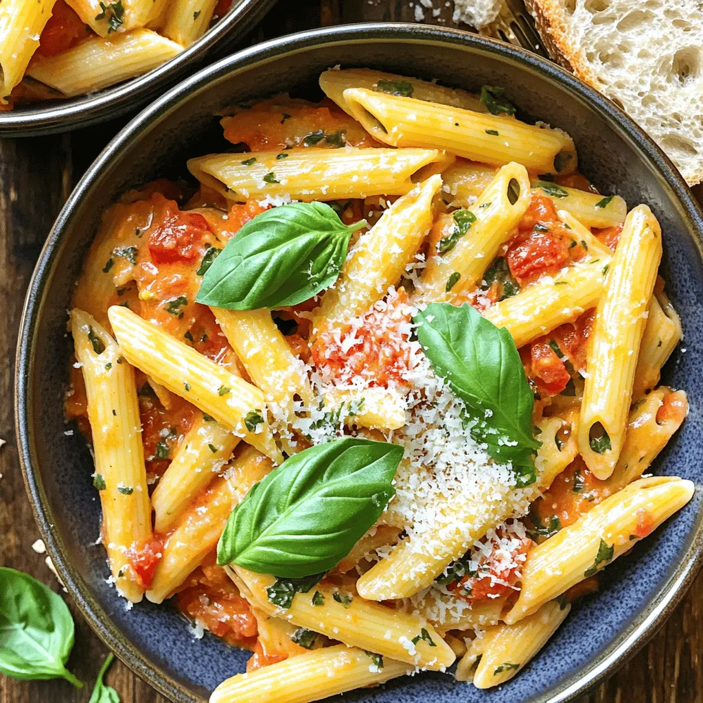 - 12 oz (340g) penne pasta - 1 can (14 oz) crushed tomatoes - 1 cup vegetable broth - 1 cup heavy cream or coconut cream - 1 small onion, finely diced - 3 cloves garlic, minced - 1 teaspoon Italian seasoning - 1/2 teaspoon red pepper flakes (optional) - Salt and pepper, to taste - 1 cup fresh basil leaves, roughly chopped - 1/2 cup grated Parmesan cheese (optional) If you need dairy-free options, use coconut cream instead of heavy cream. For gluten-free pasta, select a gluten-free penne. You can also swap in vegetable broth for chicken broth, if you prefer. For a lighter dish, try using half-and-half in place of heavy cream. - Always choose fresh basil; it adds great flavor. - Use ripe, high-quality canned tomatoes for the best taste. - Store your pasta in a cool, dry place away from moisture. - Check the expiration dates on broth and cream for freshness. - Keep your garlic and onion in a dry, dark space to maintain flavor. Start by setting your Instant Pot to the sauté function. Add a splash of olive oil. Next, add the finely diced onion. Sauté for 3-4 minutes until the onion looks clear and smells great. Then, add the minced garlic. Stir for another 30 seconds. You want the garlic to smell good but not get brown. Now, pour in the penne pasta. Add the crushed tomatoes and vegetable broth next. Sprinkle in the Italian seasoning and red pepper flakes if you want some heat. Season with salt and pepper. Stir everything well. Make sure all the pasta is under the liquid. Next, secure the lid on the Instant Pot. Ensure the valve is set to sealing. Cook on manual high pressure for 5 minutes. When it’s done, turn the valve to venting for a quick release. After the steam stops, open the lid carefully. Gently stir in the heavy cream or coconut cream. Mix until it blends well. Then, fold in the roughly chopped basil leaves. Stir them through the pasta for a fresh taste. Now, taste the pasta. Add more salt and pepper if you think it needs more flavor. For a creamier dish, you can add more cream or a bit of reserved pasta water. Serve the creamy pasta hot in bowls. If you like, top each bowl with grated Parmesan cheese. You can also add extra fresh basil leaves for color and flavor. For a nice touch, include a piece of crusty bread on the side. It’s perfect for soaking up that creamy sauce! To make the best creamy tomato basil pasta, follow these tips: - Use penne pasta for its shape, which holds sauce well. - Always measure your liquid. Too little can lead to burnt pasta. - Stir the pasta well to ensure it cooks evenly. - Let the Instant Pot release pressure quickly to keep the pasta from overcooking. Watch out for these mistakes: - Don’t skip the sauté step. It adds flavor to your dish. - Avoid using too much cream at once. Add gradually for better control. - Don’t forget to adjust the seasoning. Taste is key to a great dish. - Don’t rush when adding the basil. It adds freshness and flavor. To boost creaminess, try these ideas: - Use full-fat coconut cream for a rich, dairy-free option. - Add more cream or a splash of pasta water for a silkier sauce. - Stir in grated cheese at the end for added richness. - Top with extra basil to enhance the creamy texture. These tips will help you create a delightful pasta dish that impresses everyone! {{image_4}} You can boost the protein in this dish easily. Try adding cooked chicken, shrimp, or sausage. Just sauté the protein with the onion and garlic. If you want a meat-free option, use chickpeas or white beans. Both add protein and texture. Remember to adjust the cooking time if using raw meat. Cook it until it's fully done before adding the pasta. This recipe works great for vegetarians! Just skip the Parmesan cheese for serving. If you want it vegan, swap heavy cream for coconut cream. Use vegetable broth to keep it plant-based. You can also add more veggies, like spinach or bell peppers. They bring color and nutrients to your meal. To enhance the flavor, think about adding fresh herbs. A sprinkle of parsley or thyme can add a nice touch. You can toss in more garlic for a stronger taste. If you like spice, add more red pepper flakes. For a smoky flavor, try a dash of smoked paprika. These small changes can make a big difference in taste! After enjoying your pasta, store leftovers in an airtight container. Let it cool first. Place it in the fridge for up to three days. Make sure to cover it well to keep it fresh. If you plan to eat it later, save some basil for garnish. To reheat, use the microwave or stovetop. If using a microwave, place the pasta in a bowl. Heat it in short bursts, stirring in between. This helps it warm evenly. If using the stovetop, add a splash of water to a pan. Heat on low, stirring until it’s warm. This keeps the pasta creamy. You can freeze this pasta for up to three months. To do this, let it cool completely. Transfer it to a freezer-safe container. For best results, divide into meal-sized portions. When ready to eat, thaw overnight in the fridge. Reheat as mentioned above. Remember, fresh basil should be added after reheating for the best flavor. Yes, you can use gluten-free pasta in this recipe. Look for penne made from rice or chickpeas. Keep in mind that gluten-free pasta may cook faster, so check it after 3 minutes under pressure. This helps prevent mushiness. You can use coconut cream for a dairy-free option. It gives a rich and creamy texture. Cashew cream is another great substitute. Simply blend soaked cashews with water until smooth. To prevent sticking, ensure all pasta is submerged in the liquid. Stir well before sealing the pot. Using enough sauce helps too. Adding a bit of oil to the sauté step can also help. A natural release usually takes about 10 minutes. After cooking, let the pot sit without touching the valve. This helps the flavors meld and the pasta finish cooking perfectly. Yes, you can make this dish in advance! Just store it in an airtight container in the fridge. It tastes even better the next day, as the flavors deepen. Reheat on the stove or in the microwave, adding a splash of water or cream to keep it creamy. In this blog post, I covered key ingredients and tips for making a great pasta dish. You learned about main ingredients and useful substitutes. I walked you through step-by-step instructions to ensure ease and success. We also explored variations and how to store leftovers. Remember, with practice, you’ll perfect your pasta skills. Embrace your creativity with flavors, adjustments, and choices. Cooking can be fun and rewarding, so dive in and enjoy every bite.