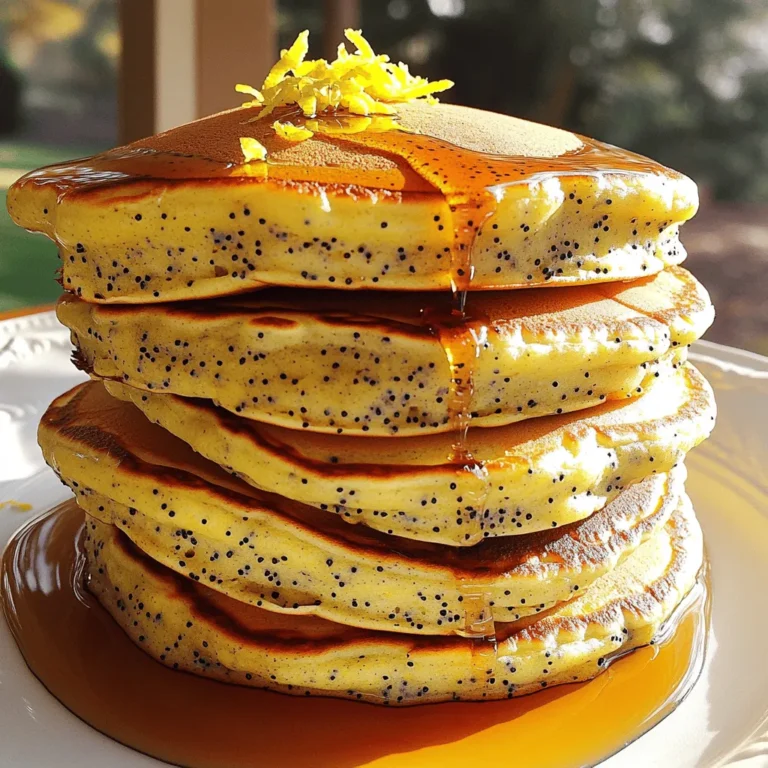 To make lemon poppy seed pancakes, gather these items: - 1 cup all-purpose flour - 1 tablespoon poppy seeds - 1 tablespoon baking powder - 1/4 teaspoon salt - 1 tablespoon granulated sugar - 1 cup milk, at room temperature - 1 large egg, lightly beaten - 2 tablespoons unsalted butter, melted and slightly cooled - Zest of 1 lemon, finely grated - 2 tablespoons freshly squeezed lemon juice - Pure maple syrup, for drizzling If you want to change the number of servings, here’s a quick guide: - For 2 servings, use 1/2 cup flour, 1/2 cup milk, and 1 egg. - For 6 servings, use 1 1/2 cups flour, 1 1/2 cups milk, and 2 eggs. Adjust the other ingredients accordingly. You can modify this recipe for different diets: - For gluten-free, swap all-purpose flour with a gluten-free blend. - For dairy-free, use almond milk or oat milk instead of regular milk. - For vegan pancakes, replace the egg with 1/4 cup of applesauce. Try these options to suit your needs! To start, gather all your ingredients. This makes cooking easier. In a medium bowl, sift 1 cup of all-purpose flour, 1 tablespoon of poppy seeds, 1 tablespoon of baking powder, 1/4 teaspoon of salt, and 1 tablespoon of sugar. Whisk these dry ingredients well. This helps mix them evenly. Next, in another bowl, combine 1 cup of room temperature milk, 1 large lightly beaten egg, 2 tablespoons of melted butter, the zest of 1 lemon, and 2 tablespoons of lemon juice. Whisk this mixture until it’s smooth. Now, pour the wet mix into the dry mix. Stir gently with a spatula until just combined. It’s okay to have small lumps; they help keep your pancakes fluffy. Preheat a non-stick skillet over medium heat. Lightly grease the surface with cooking spray or a bit of butter. This keeps pancakes from sticking. Pour 1/4 cup of batter onto the skillet for each pancake. Cook until bubbles form on top, which takes about 2-3 minutes. Flip the pancake with a spatula and cook for another 2 minutes, or until it turns golden brown. Once cooked, place your pancakes on a warm plate. You can keep them in a low oven to stay warm while you finish cooking the rest. For fluffy pancakes, do not overmix the batter. Small lumps are fine and help with texture. Use room temperature milk and eggs; this helps the batter mix better. Make sure your skillet is hot before adding the batter. This gives the pancakes a nice rise. Lastly, serve your pancakes warm and drizzle with pure maple syrup. A sprinkle of extra lemon zest on top adds flavor and a beautiful touch. Enjoy each fluffy bite! When making lemon poppy seed pancakes, avoid overmixing the batter. Lumps are fine. If the batter is too smooth, your pancakes may turn out dense. Another mistake is cooking on too high heat. Medium heat works best for even cooking. Lastly, don’t skip letting your pan heat up. A hot pan ensures a nice golden crust. Use a non-stick skillet or griddle for the best results. A flat spatula helps flip the pancakes easily. A whisk works great for mixing your wet and dry ingredients. If you have a ladle, it helps pour the batter evenly. Keep a warm plate ready to hold your cooked pancakes until serving. Serve pancakes warm and stack them high for a great look. Drizzle pure maple syrup generously over the top. For a pop of color, add a sprinkle of lemon zest. Fresh berries can also brighten up the plate. You can even serve them with a dollop of whipped cream for extra flair. {{image_4}} You can make your lemon poppy seed pancakes even better. Try adding blueberries or raspberries to the batter. Just fold them in gently. You can also mix in chocolate chips for a sweet twist. The chocolate pairs well with the lemon flavor! For gluten-free pancakes, use a gluten-free flour blend. Look for one that has a mix of flours. This will help keep the pancakes fluffy. To make these pancakes vegan, swap the egg for a flax egg. Mix one tablespoon of flaxseed meal with three tablespoons of water. Let it sit for five minutes until it thickens. Change your pancakes with the seasons! In spring, add fresh strawberries or a hint of mint. For summer, try a splash of coconut milk in the batter. In autumn, mix in pumpkin puree and some warm spices like cinnamon. During winter, use a bit of peppermint extract for a festive flavor. Each season brings a new taste to enjoy! After enjoying your lemon poppy seed pancakes, you might have some left. To store them, let the pancakes cool first. Then, stack them with a piece of parchment paper in between each pancake. Place the stack in an airtight container. This helps keep them fresh. You can store them in the fridge for up to three days. Be sure to seal the container well. When you're ready to eat your leftover pancakes, reheating is key. You can use a microwave for a quick option. Place a pancake on a microwave-safe plate. Heat it for about 20-30 seconds. If you want a crispier texture, use a skillet. Heat the skillet over medium heat. Place the pancake in the skillet for about one minute on each side. This method brings back the fluffy texture. Freezing pancakes is a great way to save time. To freeze them, make sure they are completely cool. Stack them with parchment paper in between. Then, place the stack in a freezer-safe bag. Remove as much air as possible before sealing. You can freeze pancakes for up to two months. When you're ready, just reheat them straight from the freezer! If you don't have poppy seeds, you can use chia seeds or sesame seeds. Both options add crunch. You can also skip the seeds for a smooth pancake. The flavor will still shine through. Yes, you can make the batter ahead. Just mix the wet and dry ingredients separately. Keep them in the fridge for up to a day. When ready to cook, mix them together. This will save you time in the morning! You can tell pancakes are done when they are golden brown. Look for bubbles forming on top before you flip them. Cook them for about 2-3 minutes on each side. If they spring back when you touch them, they are ready to eat! This blog post covered everything you need for perfect pancakes. We explored ingredients, measurements, and helpful substitutions for diets. I shared step-by-step cooking methods, tips for fluffiness, and common mistakes to avoid. You now have ideas for flavor upgrades and how to store leftovers. In the end, pancakes can be simple or fancy. You can easily make them your own. Enjoy cooking and sharing these treats with loved ones!