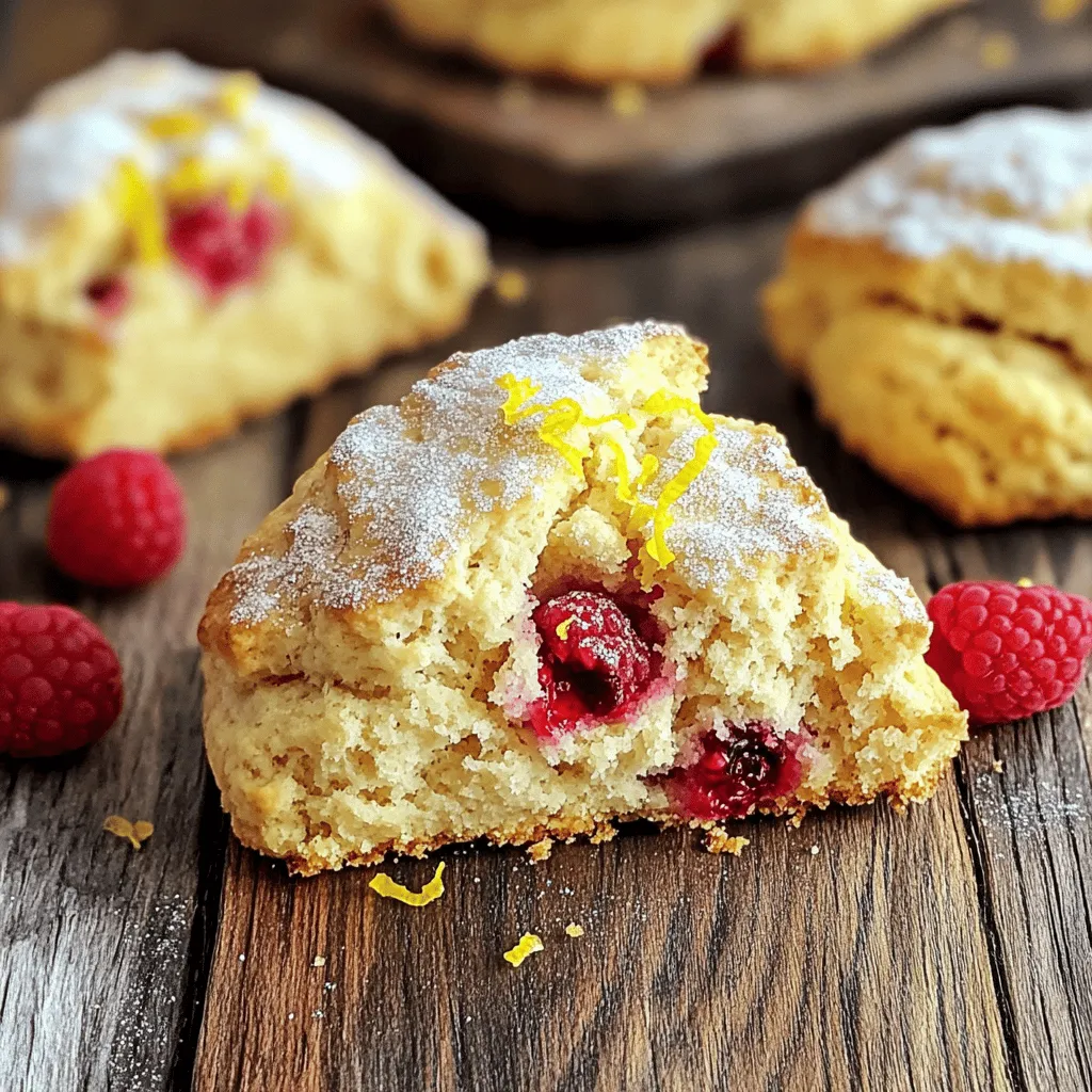 - 2 cups all-purpose flour - 1/3 cup granulated sugar - 1 tablespoon baking powder - 1/2 teaspoon salt - 1/2 cup unsalted butter, cold and cut into small cubes - 1/2 cup fresh raspberries (or frozen) - Zest of 1 lemon - 1/2 cup heavy cream - 1 large egg - 1 teaspoon vanilla extract - 1 tablespoon fresh lemon juice - Turbinado sugar, for topping You can switch out some items in this recipe. Here are some ideas: - Alternative sweeteners: Use honey or maple syrup instead of granulated sugar. - Dairy-free options: Swap heavy cream with coconut cream or almond milk. - Seasonal fruit variations: Try blueberries or strawberries in place of raspberries. Using these options can make the scones more personal and fit your taste. Each choice still keeps the scones tasty and fun! - Preheat the oven to 400°F (200°C). - Prepare the baking sheet with parchment paper. - In a large bowl, combine the all-purpose flour, granulated sugar, baking powder, and salt. Mix until blended. - Add cold, cubed butter to the flour. Use your fingers to work it into the flour. Stop when you see small pea-sized bits of butter. - Gently fold in the fresh raspberries and lemon zest. Be careful not to smash the raspberries. - In another bowl, mix the heavy cream, egg, vanilla extract, and fresh lemon juice. Whisk until smooth. - Pour the wet mix into the dry mix. Stir gently with a spatula until just combined. The dough will be a bit sticky. - Turn the dough onto a floured surface. Gently knead it a few times. Pat it down to about 1 inch thick. - Cut the dough into triangles or rounds using a sharp knife. Place the scones on the prepared baking sheet. - Brush the tops with extra heavy cream. Sprinkle turbinado sugar on top for crunch. - Bake for 15-20 minutes. Look for golden brown tops and a cooked inside. To make fluffy scones, keep these tips in mind: - Use cold butter. Cold butter makes the scones rise well. - Don’t over-mix the dough. Mix until just combined. This keeps the scones light. - Gently fold in the raspberries to keep them whole. Cold ingredients are key. When you use cold butter, it helps create steam during baking. This steam lifts the dough and gives you that perfect rise. For a delightful treat, pair your scones with clotted cream or lemon curd. These rich toppings bring out the lemon flavor. When serving, present the scones warm. You can dust them with powdered sugar for a touch of sweetness. Add extra raspberries for a pop of color. This makes your serving plate look appealing and fun. Enjoy every bite! {{image_4}} You can boost your scone's taste with simple tweaks. Adding herbs like fresh basil or mint gives a unique twist. A pinch of cinnamon or ginger could also work well, warming up the flavor profile. Consider using different fruits too. Instead of raspberries, try blueberries or chopped strawberries. You can even mix fruits for a colorful treat. These changes keep your scones exciting and fresh. If you need gluten-free scones, swap the all-purpose flour for a gluten-free blend. Use a mix that includes xanthan gum to help with texture. The rest of the recipe stays the same, giving you a safe option for gluten-free diets. For vegan scones, replace the heavy cream with coconut milk or almond milk. Use flaxseed meal mixed with water instead of the egg. This keeps the scone's structure while fitting a vegan lifestyle. To keep your lemon raspberry scones fresh, store them in an airtight container. They stay good at room temperature for up to two days. Just place them in a cool, dry spot. If you want to keep them longer, freezing is a great option. Wrap each scone tightly in plastic wrap and then place them in a freezer bag. They can last for up to three months in the freezer. When you’re ready to enjoy, just remove the scone from the freezer and let it thaw at room temperature. To reheat your scones, the best method is the oven. Preheat it to 350°F (175°C). Place the scones on a baking sheet and cover them loosely with foil. Heat for about 10 minutes, or until warm. This helps keep the scones soft and fresh. You can also use a microwave, but this may make them a bit chewy. If using the microwave, heat for about 15-20 seconds. Enjoy your warm scones, and they will taste just as good as when you first baked them! How do I know when the scones are fully baked? You can tell when the scones are done by their color. They should be golden brown on top. You can also insert a toothpick into the center. If it comes out clean, the scones are ready. Can I make the dough ahead of time? Yes, you can prepare the dough ahead of time. Wrap it tightly in plastic wrap and chill it in the fridge. Use it within 24 hours for the best taste and texture. What’s the best way to avoid soggy scones? To avoid soggy scones, use cold butter and cream. Also, do not overmix the dough. This helps keep them light and fluffy. How long do lemon raspberry scones last? Lemon raspberry scones last about 2 days at room temperature. You can store them in an airtight container. For longer storage, freeze them for up to a month. Can I use dried raspberries instead of fresh? Yes, you can use dried raspberries. Soak them in warm water for about 10 minutes to plump them up. This helps keep them moist in the scone. You now have all you need to make delicious lemon raspberry scones. We covered the ingredients, cooking steps, and helpful tips for perfect results. Remember to use cold butter and fresh ingredients for the best texture and flavor. Don't hesitate to experiment with different fruits and dietary options. Scones are versatile and fun to make. Whether you enjoy them warm or with clotted cream, these treats will impress everyone. Now, gather your ingredients and start baking! Enjoy your kitchen adventure!