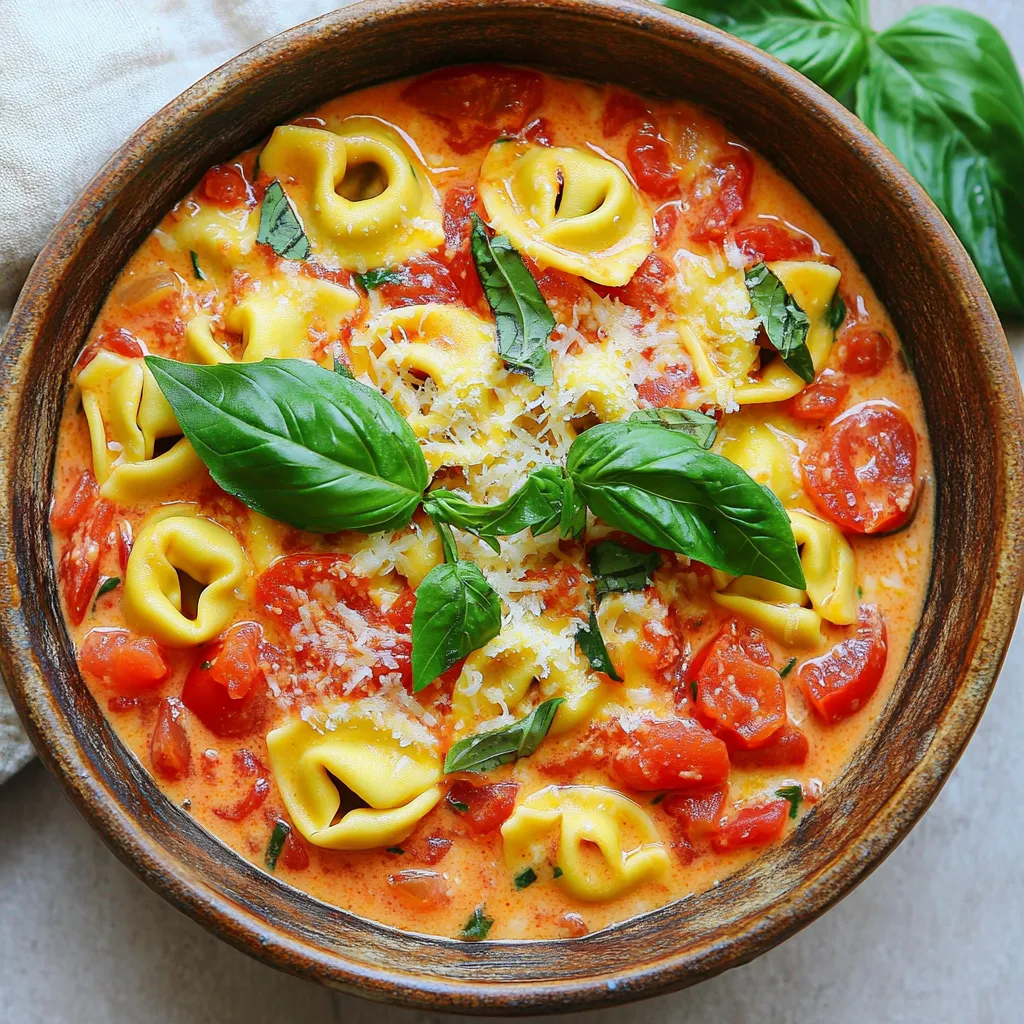 To make One-Pot Creamy Tomato Basil Tortellini, gather these items: - 2 tablespoons extra virgin olive oil - 3 cloves garlic, finely minced - 1 can (14 oz) diced tomatoes, with juices included - 4 cups vegetable broth (low sodium preferred) - 1 package (9 oz) refrigerated cheese tortellini - 1 cup heavy cream - 1 cup fresh basil leaves, loosely packed and roughly chopped - 1 teaspoon Italian seasoning blend - Salt and pepper to taste - Freshly grated Parmesan cheese, for serving You can swap some ingredients for others if needed: - Use canola oil instead of olive oil for a neutral flavor. - If you lack fresh garlic, use garlic powder (1/4 teaspoon for each clove). - Swap heavy cream with half-and-half for a lighter sauce. - Use chicken broth instead of vegetable broth for added flavor. - If you want a dairy-free option, use coconut cream or a plant-based cream. Fresh ingredients bring bright flavors and vibrant colors. Use fresh basil for its sweet, peppery taste. Fresh garlic adds a punch that canned versions lack. Canned ingredients, like diced tomatoes, are convenient and still flavorful. They last longer and save time. Always choose no-salt-added varieties for better control over seasoning. Balancing fresh and canned ingredients helps you create a tasty dish without much fuss. To make this dish, start by heating 2 tablespoons of extra virgin olive oil in a large pot over medium heat. Once the oil is hot, add 3 finely minced garlic cloves. Sauté the garlic for 1-2 minutes. It should smell great and turn golden. Be careful not to burn it. Next, pour in 1 can of diced tomatoes and 4 cups of vegetable broth. Stir everything well with a wooden spoon. Bring the mixture to a gentle simmer. Now, add 1 package of refrigerated cheese tortellini. Cook it for about 5-7 minutes. Stir it occasionally to stop it from sticking. When the tortellini are tender and cooked through, lower the heat. Gradually stir in 1 cup of heavy cream. Then, add 1 cup of roughly chopped fresh basil and 1 teaspoon of Italian seasoning. Mix until the sauce is creamy and warm. Taste the dish and add salt and pepper as you like. If the sauce is too thick, add a splash of broth or water. Serve it hot, topped with freshly grated Parmesan cheese and some extra basil leaves for color. To make your tortellini perfect, always check the package instructions. Different brands may have varying cooking times. Stir the tortellini gently while it cooks to prevent them from sticking together. If you have a big pot, it helps to keep them from clumping. Using fresh ingredients, like basil and tomatoes, improves flavor. Fresh basil adds a bright taste that dried herbs can't match. For creaminess, don’t rush when stirring in the heavy cream. It should blend in slowly to make the sauce smooth. Cooking times can change based on your stove and pot. If you use a larger pot, the water may heat faster. This can shorten cooking time for your tortellini. On the other hand, a smaller pot might take longer. If you use a slow cooker, the dish will need more time. You can set it for 2-3 hours on low. Just add the cream and basil near the end. This keeps the flavors fresh. Always check for doneness before serving, no matter the method. To make your creamy tomato basil tortellini shine, try a few simple tricks. Start with fresh garlic for a bold taste. A splash of balsamic vinegar can add depth. For a kick, sprinkle in some red pepper flakes. Fresh basil is key, so don’t skimp on it. You can also use fresh Parmesan cheese for a richer flavor. Remember, good seasoning makes all the difference. Taste and adjust salt and pepper as needed. Many people rush the garlic step. If garlic burns, it turns bitter. Always keep an eye on it while it cooks. Another mistake is not stirring the tortellini. This can lead to sticking. Don’t forget to taste your dish before serving. Adjust the seasoning to your liking. If your sauce is too thick, add more broth. Lastly, avoid overcooking the tortellini. They should be tender but not mushy. For a full, satisfying meal, pair this dish with a salad. A simple green salad adds freshness. You can also serve it with crusty bread. This is perfect for soaking up the creamy sauce. For a festive touch, add some roasted vegetables on the side. They balance the richness of the tortellini. Finally, consider a light dessert. A fruit sorbet can cleanse the palate after your meal. Enjoy your delicious creation! {{image_4}} You can easily make this dish vegetarian. Just use vegetable broth and skip the cheese. For a vegan version, swap heavy cream with coconut cream or cashew cream. This keeps the dish rich and creamy while adding a unique flavor. You can also add more veggies, like spinach or mushrooms, for extra nutrition. Want to boost the protein? Try adding cooked chicken, shrimp, or sausage. These options blend well with the creamy sauce. Make sure to cook the protein separately first. Then, stir it in just before serving. This will add heartiness to your meal. If you like spice, you can add red pepper flakes when cooking. Start with a pinch, then taste as you go. You can also mix in some diced jalapeños for a fresh kick. These spicy additions will balance the creamy sauce and bring warmth to each bite. To keep your creamy tomato basil tortellini fresh, store it in a sealed container. Let the dish cool before sealing. This helps prevent moisture build-up. Refrigerate your leftovers within two hours of cooking. Proper storage can keep your dish tasty for up to three days. When ready to enjoy your leftovers, reheat gently. Place your tortellini in a pot over low heat. Add a splash of broth or cream to prevent sticking. Stir often until warmed through. You can also use the microwave. Heat in short bursts, stirring in between to ensure even heating. Freezing creamy dishes can be tricky. The texture may change once thawed. If you wish to freeze your tortellini, do so before adding cream. Store it in an airtight container. It can last up to three months in the freezer. When ready to use, thaw in the fridge overnight and add cream when reheating. Yes, you can use frozen tortellini. Just add it directly to the pot. Cook it a bit longer than fresh tortellini. Typically, frozen tortellini takes about 8-10 minutes to cook. This option is great when you want a quick meal. You can serve this dish with many sides. Here are a few ideas: - A simple green salad - Crusty artisanal bread for dipping - Garlic bread to complement the flavors - Steamed vegetables for a healthy touch These sides add variety and make your meal more satisfying. The creamy tomato basil tortellini lasts about 3-5 days in the fridge. Store it in an airtight container to keep it fresh. Reheat it gently on the stove or in the microwave. If the sauce has thickened, add a splash of broth or water to loosen it up. This post covers ingredients, steps, tips, variations, and storage for creamy tomato basil tortellini. You learned the best ingredients and substitutes, plus cooking tips for great taste. Avoiding common mistakes can enhance your meal. You can explore fun variations, like vegan options or adding heat. Finally, proper storage makes leftovers tasty and safe. Enjoy your cooking adventure and make this dish your own!