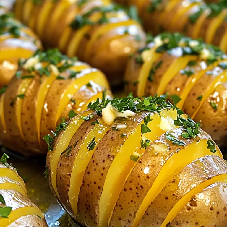 - 4 medium-sized Yukon Gold potatoes - 4 tablespoons unsalted butter, melted - 4 cloves of garlic, finely minced - 2 teaspoons fresh rosemary, finely chopped - 2 teaspoons fresh thyme, finely chopped - Fresh parsley, finely chopped (for garnish) - 1 teaspoon kosher salt - ½ teaspoon black pepper - 1 tablespoon extra virgin olive oil Gather these simple ingredients to create your Crispy Garlic Herb Hasselback Potatoes. Yukon Gold potatoes are perfect for this dish. Their creamy texture makes them ideal for roasting. You will need unsalted butter to add rich flavor. The minced garlic brings a wonderful aroma and taste. Fresh herbs like rosemary and thyme give a pop of flavor. Kosher salt and black pepper enhance all the tastes. Finally, extra virgin olive oil helps the potatoes crisp up nicely. Once you have everything, you are ready to start cooking. Trust me, every bite of these potatoes will be a delight. - Preheat the oven to 425°F (220°C). This helps the potatoes get crispy. - Rinse and dry the Yukon Gold potatoes. Clean them well to remove dirt. - Create thin slits in each potato using chopsticks as guards. This keeps your cuts even. - Cut down to about ¼ inch from the base. Avoid slicing all the way through. - Combine butter, garlic, herbs, salt, and pepper in a bowl. Use 4 tablespoons of melted butter. - Add 4 cloves of finely minced garlic. Toss in 2 teaspoons each of chopped rosemary and thyme. - Stir well until all ingredients mix together. This butter adds great flavor. - Brush potatoes with garlic herb butter. Make sure to coat the slits well for flavor. - Drizzle with 1 tablespoon of extra virgin olive oil. This helps them crisp up nicely. - Bake for 45-55 minutes. Baste halfway through for more flavor. - Check when they’re golden brown and crispy. Let them rest a few minutes before serving. Preheating the oven is key for crispy potatoes. Set your oven to 425°F (220°C) before you start. This ensures the heat is perfect for crisping. Basting is also important. Halfway through baking, spoon extra garlic herb butter over the potatoes. This adds more flavor and helps them brown nicely. To slice the potatoes evenly, use chopsticks as guides. Place a chopstick on each side of the potato. This keeps your knife from cutting all the way through. Use a sharp knife for clean cuts. A chef's knife works best for this task. It helps you cut thin slits without breaking the potato. Serve the potatoes on a rustic wooden board or a colorful platter. This makes them look appealing. Drizzle a bit of extra virgin olive oil on top for shine. Garnish with fresh parsley to add color. You can also place sprigs of rosemary around them for a beautiful finish. {{image_4}} You can make these potatoes even better. Adding cheese gives a rich twist. Try grating some sharp cheddar or Parmesan. It melts into the slits and mixes with the garlic. You can also mix in different herbs or spices. Basil and oregano work well. A pinch of smoked paprika adds a nice kick. You can cook these potatoes in an air fryer. This method cuts the time in half. It gives them a crispy finish with less oil. Just set it to 375°F (190°C) and cook for 25-30 minutes. If you want a smoky flavor, try grilling them. Wrap them in foil and place them on the grill. Cooking this way adds a nice char and taste. If you are vegan, you can swap the butter. Use coconut oil or olive oil instead. This keeps the flavor and makes it plant-based. For gluten-free options, you are already safe. The ingredients in this recipe are gluten-free, so enjoy without worry. To store leftover potatoes, let them cool first. Place them in an airtight container. They stay fresh for up to three days. When reheating, use an oven or toaster oven. This keeps the potatoes crispy. Heat them at 350°F (175°C) for about 15 minutes. You can add a drizzle of olive oil before reheating for extra crispiness. You can freeze Hasselback potatoes, but they may lose some texture. To prepare for freezing, let them cool completely. Wrap each potato tightly in plastic wrap. Then, place them in a freezer bag. Remove as much air as possible before sealing. They will last in the freezer for about one month. In the fridge, your leftover potatoes last three days. In the freezer, they can keep for up to one month. Look for signs of spoilage like mold or an off smell. If they feel mushy or have dark spots, it’s best to toss them. Crispy Garlic Herb Hasselback Potatoes take about 45 to 55 minutes to cook. The exact time varies based on your oven and the size of the potatoes. A good test is to poke a potato with a fork. If it goes in easily, they are ready. Preheating your oven to 425°F (220°C) helps achieve a crispy finish. The hot air cooks the potatoes evenly, making them tender inside with a crispy outside. Yes, you can use other types of potatoes. Yukon Gold is my favorite as it has a creamy texture. You can also try Russet or red potatoes. Each type gives a different taste and texture. Just keep in mind that cooking times may change slightly with different potatoes. Hasselback potatoes pair well with many dishes. Try serving them with grilled chicken, steak, or roasted vegetables. A fresh salad also balances the meal. You can add a creamy sauce or salsa on the side for extra flavor. The potatoes are versatile and complement many flavors. Crispy Garlic Herb Hasselback Potatoes are easy and fun to make. We explored key ingredients, including Yukon Gold potatoes, fresh herbs, and garlic butter. You learned tips for crispy results and ways to serve these tasty treats. Remember, you can tweak flavors or cooking methods to fit any diet. Store leftovers properly for later enjoyment. Whether you use the oven or air fryer, you can impress friends and family with this dish. Experiment and find your favorite twist on this classic recipe!