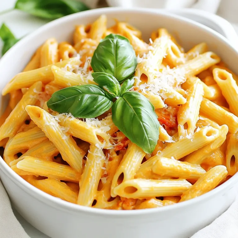 For this One Pot Creamy Roasted Red Pepper Pasta, you will need: - 12 oz penne pasta - 2 cups roasted red peppers - 1 cup heavy cream - 1 cup vegetable broth - 1 tablespoon olive oil - 3 cloves garlic, finely minced - 1 teaspoon Italian seasoning - ½ teaspoon red pepper flakes (adjust according to your spice preference) - Salt and freshly ground black pepper, to taste - Fresh basil leaves, for garnish - Grated Parmesan cheese, for serving (optional) You can make this dish even if you don’t have heavy cream. Use: - Coconut milk for a dairy-free option. - Greek yogurt for a tangy twist. If you don’t have penne pasta, try: - Fusilli or farfalle for a fun shape. - Spaghetti for a classic twist. To make this dish, you will need a few key tools: - A large pot for cooking. - An immersion blender to blend the sauce. - A cutting board and knife for prep. - Measuring cups and spoons for accuracy. These tools make the cooking process smooth and easy. - First, gather all your ingredients. You need 12 oz of penne pasta, 2 cups of roasted red peppers, and 1 cup of heavy cream. Don't forget 1 cup of vegetable broth, 1 tablespoon of olive oil, 3 cloves of garlic, Italian seasoning, red pepper flakes, salt, and black pepper. Fresh basil and Parmesan are great for garnish. - Next, mince the garlic. This means you chop it into tiny pieces. This step helps release the garlic's strong flavor. - Now, heat the olive oil in a large pot over medium heat. Once it's hot, add the minced garlic. Cook for about 30 seconds. The garlic should smell great and turn a light golden color. - After the garlic cooks, add roasted red peppers, vegetable broth, and heavy cream to the pot. Stir it all together. Bring this mix to a gentle simmer. This helps the flavors blend well. - Now it's time to blend the sauce. Use an immersion blender to make it smooth and creamy. If you don’t have one, pour the mix into a regular blender. Blend it, then put it back in the pot. - Stir in the Italian seasoning, red pepper flakes, salt, and black pepper. Taste the sauce and adjust the seasoning if needed. This step makes sure the sauce is just right. - Add the penne pasta to the pot. Stir well so all the pasta gets covered in sauce. Increase the heat to medium-high and cover the pot. Cook for about 12 to 15 minutes. Stir it occasionally to prevent sticking. Check the pasta for doneness; it should be al dente. - If the sauce gets too thick, add more vegetable broth or water. This will help you reach your desired sauce consistency. - Once the pasta is cooked, take the pot off the heat. Let it sit for a minute to thicken a bit more. - Serve the pasta hot. Garnish with fresh basil leaves and sprinkle some grated Parmesan cheese on top if you like. This makes the dish look and taste even better. Enjoy your creamy roasted red pepper pasta! - Quick tips for cooking pasta: Always use a large pot. Fill it with water. A good rule is to add 1 tablespoon of salt for every 4 quarts of water. This helps flavor the pasta. Stir the pasta often while cooking. It prevents sticking. - Enhancing flavor profiles: You can add herbs like basil or parsley to the sauce. Fresh herbs brighten the dish. Try adding lemon zest for a zesty kick. A splash of balsamic vinegar can also deepen the flavor. - Best practices for leftovers: Store leftover pasta in an airtight container. It keeps well in the fridge for up to three days. If you plan to freeze it, do so without the cheese. It can last up to two months in the freezer. - Reheating methods for optimum taste: Reheat pasta on the stove over low heat. Add a splash of vegetable broth or cream to keep it moist. Stir often to prevent burning. You can also use the microwave, but add a little water to help steam it. - Overcooking pasta: Check the pasta a few minutes before the time is up. It should be al dente, or firm to the bite. Overcooked pasta becomes mushy and loses texture. - Under-seasoning the sauce: Always taste your sauce before serving. Adjust salt, pepper, and spices as needed. A well-seasoned sauce makes a big difference in flavor. Don't be shy with the seasonings! {{image_4}} You can switch to whole wheat pasta or gluten-free pasta. Whole wheat pasta adds fiber and nutrients. Gluten-free pasta makes this dish friendly for those with gluten issues. Both options offer great taste and texture. You can add protein like chicken, shrimp, or tofu. Chicken gives a hearty feel, while shrimp adds a light, fresh taste. Tofu is a great choice for a vegan option. You can also play with spices. Add more red pepper flakes for heat or try smoked paprika for a unique twist. Incorporate seasonal veggies like spinach or zucchini. These add flavor, color, and nutrition. For holidays, adapt the recipe by adding festive ingredients. Think of roasted pumpkin in the fall or fresh herbs in spring for a seasonal touch. When serving One Pot Creamy Roasted Red Pepper Pasta, I love to add sides that complement its flavors. Here are a few great options: - Mixed Green Salad: A fresh salad with lemon vinaigrette works well. The acidity cuts through the creaminess. - Garlic Bread: Crispy, buttery garlic bread adds a delightful crunch. You can scoop up any extra sauce too. - Roasted Vegetables: Seasonal veggies like zucchini or asparagus add color and nutrients. Roast them simply with olive oil and salt. This dish is perfect for meal prep. Here’s how you can plan ahead: - Batch Cooking: Make a large pot of pasta on the weekend. Store it in airtight containers in the fridge. - Freezing: You can freeze portions. Just thaw and reheat, adding a splash of broth to loosen the sauce. - Mix and Match: Pair it with different sides throughout the week. Keep the meals exciting! The way you present your pasta can make it even more inviting. Here are some fun ideas: - Wide Shallow Bowls: Use these to show off the creamy sauce. It makes for stunning visuals. - Garnish Well: Add fresh basil and a sprinkle of Parmesan. This adds color and flavor. - Add a Drizzle: Finish with a drizzle of olive oil or balsamic glaze. It adds a touch of elegance. Enjoy making this dish your own with these serving suggestions! Can you use dried roasted red peppers? Yes, you can use dried roasted red peppers. Rehydrate them in warm water before use. This helps them blend well into the sauce. What can I substitute for vegetable broth? You can use chicken broth or water. If you want a richer flavor, consider using homemade vegetable stock. Can this be made vegan? Yes, make it vegan by swapping heavy cream for coconut milk or cashew cream. Use vegetable broth and skip cheese for a lighter dish. How do you make the pasta creamier? To make it creamier, add more heavy cream or a splash of pasta water. Stir well to combine it evenly. How to adjust spice levels? To adjust spice levels, add more or less red pepper flakes. For milder flavors, use just a pinch. What should I do if I have leftovers? Store leftovers in an airtight container in the fridge. Reheat gently on the stove with a splash of water or broth. This blog post shared key steps to make One Pot Creamy Roasted Red Pepper Pasta. We went through the ingredients, tools, and preparation needed. You learned about potential swaps and cooking tips to avoid common mistakes. I hope these ideas inspire you to get creative in the kitchen. Experiment with variations and customize to your taste. Enjoy the process, and make this dish your own!
