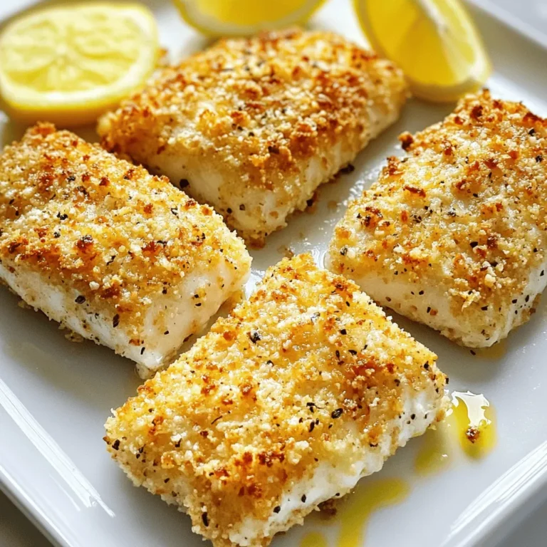 - 4 tilapia fillets - 1 cup grated Parmesan cheese - 1/2 cup breadcrumbs (preferably panko) - 1 teaspoon garlic powder - 1 teaspoon onion powder - 1 teaspoon Italian seasoning - 1/2 teaspoon paprika - Salt and pepper to taste - 2 tablespoons olive oil - Lemon wedges for serving - Optional garnishes Let's dive into the ingredients for my Air Fryer Parmesan Crusted Tilapia. First, you will need four fresh tilapia fillets. They should be firm and bright in color. Next, grab a cup of grated Parmesan cheese. This cheese adds a rich and nutty flavor that pairs perfectly with tilapia. You’ll also need a half cup of breadcrumbs, and I prefer panko for a nice crunch. The texture of panko makes your crust light and crispy. For seasoning, gather garlic powder, onion powder, Italian seasoning, and paprika. Each spice adds depth and flavor to the fish. Don't forget salt and pepper; they enhance all the other tastes. Finally, you need two tablespoons of olive oil. This oil helps the crust stick and adds a lovely richness. For serving, have fresh lemon wedges ready. They add bright acidity that complements the fish. Optional garnishes like parsley can brighten your dish and make it look even better. Enjoy gathering these simple, yet essential ingredients! Start by mixing the dry ingredients. In a shallow bowl, add: - 1 cup grated Parmesan cheese - 1/2 cup breadcrumbs (preferably panko for a delightful crunch) - 1 teaspoon garlic powder - 1 teaspoon onion powder - 1 teaspoon Italian seasoning - 1/2 teaspoon paprika - Salt and pepper to taste Stir these ingredients together well. This step ensures even flavor distribution, so every bite is tasty. Next, you need to season the tilapia fillets. Pat the fillets dry using paper towels. This removes excess moisture. Then, brush both sides with 2 tablespoons of olive oil. The oil helps the coating stick better and adds flavor. Now for the fun part: coating the fillets! Take each tilapia fillet and dip it into the Parmesan breadcrumb mixture. Make sure to press down lightly. This helps the coating stick well. Cover each fillet evenly for the best texture and crunch. Before you start cooking, preheat the air fryer. Set it to 400°F (200°C) for about 5 minutes. Preheating is key for even cooking and a crispier crust. Once ready, place the coated tilapia fillets in the basket in a single layer. Leave some space between them for proper air circulation. If needed, cook in batches. Cook for 10-12 minutes, or until the crust is golden brown. The fish should flake easily with a fork. When the fillets are done, carefully remove them from the air fryer using a spatula. Serve them right away with fresh lemon wedges on the side. Squeezing lemon over the fish adds brightness to the dish. For a great presentation, arrange the fillets on a platter, garnished with chopped parsley. Pair with a light green salad for a complete meal! To get the best crust on your tilapia, adjust your seasoning as needed. You can add more garlic powder or Italian seasoning if you love bold flavors. If you prefer a milder taste, use less. For the breadcrumbs, I recommend panko. Panko gives your crust a nice crunch. You can also use regular breadcrumbs, but panko is the best for texture. One common mistake is overcrowding the air fryer basket. This can lead to uneven cooking and a less crispy crust. Always leave space between the fillets. If your air fryer is small, cook in batches. Another mistake is not preheating the air fryer. Preheating helps the crust get crispy. Set it to 400°F (200°C) for about 5 minutes before cooking. You can make this dish even better by adding fresh herbs. Try parsley or dill for a bright touch. They add a fresh flavor that pairs well with fish. Additionally, experiment with spices. Add cayenne for heat or lemon zest for brightness. These small changes can elevate your meal and impress your family and friends. {{image_4}} You can swap tilapia for other white fish like cod or haddock. These fish have a mild flavor that works well with the Parmesan crust. When using different fish, adjust the cooking time slightly. Thicker fish may need a few extra minutes. Always check for flakiness to know when it's done. To make this dish gluten-free, use gluten-free breadcrumbs instead of regular ones. You can find these in most grocery stores. For better binding, consider using eggs or a mix of yogurt and lemon juice. This will help the coating stick to the fish. Add a twist to your dish by mixing in different cheeses. Try cheddar or mozzarella for a unique taste. You can also play with herbs and spices. Fresh dill or cilantro can brighten the flavor. A pinch of cayenne can add a nice kick, too! To keep your tilapia fresh, cool it quickly. Place the fillets on a plate and let them sit at room temperature for no more than two hours. After cooling, use an airtight container. Glass or plastic containers work well. Layer parchment paper between fillets to avoid sticking. This keeps the coating crunchy. To reheat the tilapia, the air fryer is best. Set it to 350°F (175°C). Heat for about 5 minutes. This method keeps the crust crispy. You can also use a microwave, but it may make the fillets soft. If you use the microwave, heat in short bursts. Check often to avoid overcooking. You can freeze cooked tilapia. First, let it cool completely. Wrap each fillet in plastic wrap. Then, place them in a freezer-safe bag. Remove as much air as possible before sealing. For thawing, place the fillets in the fridge overnight. This helps maintain texture. Never refreeze thawed tilapia to keep it safe and tasty. Cook tilapia in an air fryer for 10 to 12 minutes at 400°F (200°C). This time ensures the fish cooks through and the crust turns golden brown. Always check that the fish flakes easily with a fork to confirm it is done. Yes, you can use frozen tilapia. Cook it straight from the freezer. Just add a few extra minutes to the cooking time. Check for doneness by ensuring the fish flakes easily. You can pair this dish with several side options: - A light green salad - Steamed vegetables like broccoli or asparagus - Rice or quinoa for a heartier meal These choices complement the tilapia's flavors well. To add heat, try these tips: - Mix cayenne pepper into the breadcrumb coating - Add crushed red pepper flakes to the seasoning - Serve with a spicy dipping sauce These changes will give your dish a nice kick. Yes, air frying is often healthier. Here are some key points: - It uses less oil than deep frying. - It lowers calorie intake while maintaining flavor. - Air frying reduces the risk of harmful compounds often found in fried foods. This method is a great way to enjoy crispy food without the extra fat. This guide covered how to make Parmesan Crusted Tilapia, step by step. You learned about key ingredients, from tilapia to seasonings. We explored practical cooking tips and variations for different diets. Remember, proper techniques make a big difference in flavor and texture. Don’t hesitate to try different fish or spices. Enjoy your cooking and share this tasty dish with others!