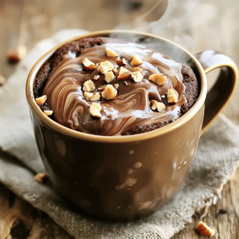 To make a tasty chocolate hazelnut mug cake, gather these ingredients: - 4 tablespoons all-purpose flour - 2 tablespoons unsweetened cocoa powder - 3 tablespoons granulated sugar (adjust to taste) - 1/8 teaspoon baking powder - 1/4 teaspoon fine sea salt - 3 tablespoons milk (can substitute with any plant-based milk) - 2 tablespoons vegetable oil (or melted coconut oil for a richer flavor) - 1 teaspoon pure vanilla extract - 1 tablespoon chocolate hazelnut spread (such as Nutella) - Chopped hazelnuts for garnishing (optional) You can easily swap some ingredients for others. Here are a few ideas: - Flour: Use whole wheat flour for a healthier option. - Cocoa Powder: Dark cocoa powder can give a richer taste. - Sugar: You can use brown sugar or coconut sugar for a different flavor. - Milk: Almond, oat, or soy milk works well. - Oil: Melted butter can replace vegetable oil for added richness. - Hazelnut Spread: Any nut butter can be a good substitute for a different flavor. Garnishes can take your mug cake to the next level! Consider these options: - Top with extra chocolate hazelnut spread for a gooey touch. - Add a scoop of vanilla ice cream for creaminess. - Sprinkle chopped hazelnuts for extra crunch and flavor. - Drizzle with chocolate sauce for a touch of sweetness. These simple additions can make your mug cake even more delightful! Grab a microwave-safe mug. Add 4 tablespoons of all-purpose flour, 2 tablespoons of unsweetened cocoa powder, and 3 tablespoons of granulated sugar. You can adjust the sugar for your taste. Next, add 1/8 teaspoon of baking powder and 1/4 teaspoon of fine sea salt. Use a small whisk to mix these dry ingredients well. Make sure there are no lumps. This step is key for a smooth cake. Now, pour in 3 tablespoons of milk. You can use any plant-based milk if you prefer. Next, add 2 tablespoons of vegetable oil or melted coconut oil for a richer taste. Don't forget to add 1 teaspoon of pure vanilla extract. Mix all these wet ingredients together until you see no dry flour. The batter should be smooth and thick. Take 1 tablespoon of chocolate hazelnut spread and gently spoon it into the batter. Use a spatula or spoon to fold it in. Aim for a marbled look. Be careful not to overmix. You want to see swirls of chocolate hazelnut spread throughout your batter. If you like, sprinkle some chopped hazelnuts on top for extra crunch. This is optional but adds great flavor! Now you are ready to cook your mug cake! Cooking a mug cake in the microwave is quick and easy. Make sure to use a microwave-safe mug. This helps prevent any accidents. Start by cooking for 1 minute, then check. If it looks wet in the center, add 10 seconds. Repeat this until it’s done. Remember, every microwave is different. For a soft and fluffy mug cake, mix carefully. Combine the dry and wet ingredients gently. Overmixing can make it tough. You want a smooth batter with some small lumps. When adding the chocolate hazelnut spread, fold it in lightly. This keeps that rich, gooey texture. You can adjust the sweetness to fit your taste. If you like it sweeter, add more sugar. Want less sugar? Reduce it a bit. You can also try different milks. Almond or oat milk works great. For a twist, use flavored oils, like hazelnut oil. Add a pinch of cinnamon or espresso powder for extra depth. {{image_4}} To make a gluten-free mug cake, swap the all-purpose flour with a gluten-free flour blend. Many options work well, like almond flour or coconut flour. Just remember, if you use coconut flour, adjust the amount. You may need less. This change keeps the cake tasty while catering to gluten-free diets. For a vegan version, replace the milk with any plant-based milk. Almond milk or oat milk are great choices. Use a vegan chocolate hazelnut spread, like Nutiva or Justin's. You can also switch the vegetable oil for melted coconut oil for a richer taste. This keeps all the flavors but makes it plant-based. Experiment with fun flavors! You can add a pinch of cinnamon for warmth. A dash of espresso powder brings out chocolate's richness. Want more texture? Toss in some mini chocolate chips or even a swirl of peanut butter. Each of these adds a twist to the classic mug cake. Enjoy mixing and matching until you find your favorite flavor! If you have extra mug cake, store it in an airtight container. This keeps the cake moist. Place it in the fridge to keep it fresh. It will last for up to three days. To reheat your mug cake, use the microwave. Heat it for about 10 to 15 seconds. Check if it’s warm enough. If not, add a few more seconds. Be careful not to overheat, or it may dry out. For the best taste, eat the mug cake right away. If you must store it, make sure the lid is secure. When ready to eat, consider adding a touch of milk. This adds moisture back to the cake. Enjoying it warm is always best! Cooking a mug cake takes about 1 minute and 30 seconds in the microwave. Every microwave is different, so check it at 1 minute. The cake should rise and look set. You want it moist in the center, not dry. Yes, you can make this mug cake in an oven. Preheat your oven to 350°F (175°C). Pour the batter into an oven-safe dish instead of a mug. Bake for about 15 minutes. Keep an eye on it to avoid overcooking. You can use peanut butter or almond butter instead. Both will give a rich taste. You could also try a chocolate spread that is nut-free. Just adjust the flavor to your liking. This blog post covered the key steps to make a delicious chocolate hazelnut mug cake. We looked at essential ingredients, how to mix them, and helpful techniques for cooking. I also included variations and storage tips to keep your cake fresh. Feel free to customize flavors or textures to suit your taste. Enjoy your tasty mug cake and share it with friends! Happy baking!