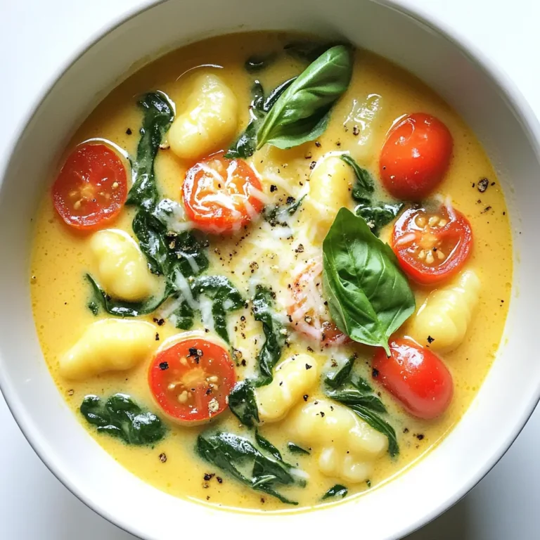 To make this cozy soup, gather these ingredients: - 1 tablespoon olive oil - 1 small onion, finely diced - 2 cloves garlic, minced - 1 medium carrot, diced - 1 stalk celery, diced - 4 cups vegetable broth - 1 (16 oz) package potato gnocchi - 1 cup cherry tomatoes, halved - 1 teaspoon dried oregano - 1 teaspoon Italian seasoning - 1 cup fresh spinach, roughly chopped - 1 cup heavy cream (coconut cream works too) - Salt and freshly ground black pepper to taste - Grated Parmesan cheese for garnish (optional) - Fresh basil leaves for garnish You can swap heavy cream with coconut cream for a lighter soup. This change adds a hint of sweetness and keeps the dish creamy. If you need a dairy-free option, coconut cream is a great choice. You can also use vegetable broth or chicken broth for a different flavor base. Instead of gnocchi, you can use pasta or even rice if you prefer. Choose a small onion that feels firm and heavy. The garlic should smell strong but not sprout. Look for bright orange carrots and crisp celery. Fresh spinach should be vibrant green and free of brown spots. For tomatoes, pick ones that feel firm and smell sweet. When buying gnocchi, check for a fresh date on the package to ensure quality. Start by gathering all your ingredients. Having everything ready makes cooking easy and fun. Dice the onion, carrot, and celery into small pieces. Mince the garlic cloves finely. Halve the cherry tomatoes and chop the spinach roughly. Measure the vegetable broth and cream. This prep will speed up your cooking time. 1. Heat 1 tablespoon of olive oil in a large pot over medium heat. 2. Add the diced onion, carrot, and celery. Sauté for about 5 minutes until they soften. The onion should look clear. 3. Stir in the minced garlic and cook for 1 more minute. This step adds a great smell to your soup. 4. Pour in 4 cups of vegetable broth. Bring the mixture to a gentle boil. 5. Add the potato gnocchi. Cook them according to the package, usually about 3 to 5 minutes. They are ready when they float. 6. Next, stir in the halved cherry tomatoes, dried oregano, and Italian seasoning. Let the soup simmer for 2 minutes. 7. Lower the heat and add the chopped spinach and heavy cream. Stir gently and cook for 2 to 3 minutes until the spinach wilts. 8. Finally, taste your soup and add salt and black pepper as needed. To get soft and fluffy gnocchi, never overcook them. They should float to the top when done. If you want a lighter soup, use coconut cream instead of heavy cream. This keeps the dish creamy while lowering calories. Always stir gently when adding the cream to keep the soup smooth. When making One-Pot Creamy Tuscan Gnocchi Soup, avoid these mistakes for the best results: - Overcooking the vegetables: Sauté your onion, carrot, and celery just until soft. This keeps their fresh taste. - Ignoring the garlic: Garlic adds flavor. Stir it for only a minute so it won’t burn. - Rushing the gnocchi: Cook the gnocchi as the package says. They should float to know they're done. - Not tasting before serving: Always taste your soup. Adjust salt or pepper to your liking. To boost the flavor of your soup, consider adding: - Fresh herbs: A handful of fresh basil or parsley brightens the dish. - Red pepper flakes: For a spicy kick, sprinkle some in while cooking. - Lemon juice: A squeeze of lemon adds freshness and balances the creaminess. - Parmesan rind: Tossing in a rind while simmering adds depth to the broth. Serve your soup with these ideas for a complete meal: - Crusty bread: A warm baguette or sourdough is perfect for dipping. - Side salad: A light arugula salad with lemon vinaigrette pairs well. - Wine: A glass of white wine, like Pinot Grigio, complements the flavors. - Cheese: Extra grated Parmesan on top makes it even more flavorful. {{image_4}} You can easily make this soup vegetarian or vegan. To do this, simply skip the heavy cream. Use coconut cream or cashew cream instead. Both options give a rich texture. Replace the vegetable broth with a vegetable stock that is clearly labeled vegan. This keeps all the flavors you love while making it plant-based. If you want to add protein, chicken or sausage works well. For chicken, use cooked, shredded chicken. Add it to the pot after the gnocchi cooks. If you choose sausage, slice it and brown it in the pot before adding the onions. This adds a nice depth of flavor to your soup. You can also try turkey sausage for a leaner option. Feel free to add more veggies for a nutritional boost. Carrots, zucchini, or kale can mix in nicely. Chop them small so they cook quickly. Adding these vegetables not only makes the soup healthier but also adds more colors. This makes your dish look as good as it tastes! To store your One-Pot Creamy Tuscan Gnocchi Soup, let it cool first. Pour it into an airtight container. This keeps the soup fresh and prevents spills. You can store it in the fridge for up to three days. Label the container with the date you made it. This way, you’ll know when to eat it. When reheating, do it slowly on the stove. Pour the soup into a pot over low heat. Stir often to keep it creamy. If the soup thickens too much, add a splash of broth or water. This helps restore its smooth texture. You can also microwave it in short bursts. Stir between each burst to ensure even heating. You can freeze the soup for up to three months. For best results, freeze it in single-serving portions. Use freezer-safe bags or containers. Leave some space for expansion as it freezes. When ready to eat, thaw it overnight in the fridge. Then, reheat it as mentioned above. This way, you’ll enjoy a tasty meal even later! Yes, you can use frozen gnocchi. They work great in this soup. Just add them straight to the pot with the broth. There is no need to thaw them first. They will cook quickly and become tender in the soup. This saves time and adds convenience to your cooking. To lighten this soup, you can swap heavy cream for coconut cream. This switch cuts calories and adds a hint of sweetness. You can also use low-fat milk or a plant-based milk. Reducing the amount of oil or skipping the cheese garnish can help, too. These changes keep the soup creamy and tasty while being lighter overall. The best garnishes for this soup are grated Parmesan cheese and fresh basil leaves. These add flavor and a nice look to your dish. You could also use a drizzle of olive oil for richness. Crushed red pepper flakes add a spicy kick if you like heat. All these toppings can enhance your soup experience. In this post, we explored how to make One-Pot Creamy Tuscan Gnocchi Soup. We covered the best ingredients, cooking steps, and storage tips. I shared ideas for flavor boosts and avoided common mistakes. You can even try variations to fit your taste. Remember to store leftovers well for future meals. Making this soup can be fun and rewarding. With these tips, you'll impress anyone at your table. Enjoy your cooking!