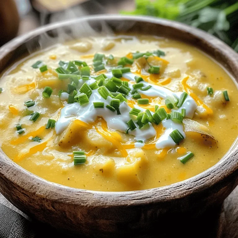 To make this hearty soup, you need a few key items: - 4 large russet potatoes, peeled and cut into 3/4-inch cubes - 1 medium onion, finely diced - 4 cloves garlic, minced - 4 cups chicken or vegetable broth - 1 cup heavy cream - 1 cup shredded sharp cheddar cheese - 1/2 cup sour cream - 1 teaspoon smoked paprika - 1/2 teaspoon freshly ground black pepper - 1 teaspoon salt, or adjust to taste These ingredients create a rich and creamy base. The russet potatoes give the soup its comforting texture, while the onion and garlic add depth of flavor. The broth provides the necessary liquid, and the cream, cheese, and sour cream make it truly decadent. If you want to boost the taste, consider adding: - 1/2 cup cooked and crumbled turkey bacon - 1/4 cup green onions, sliced, for serving - 1/4 cup fresh chives, chopped, for garnish Turkey bacon adds a savory crunch, while green onions and chives give a fresh finish. These optional ingredients make the soup even more special. You can easily swap some items for what you have on hand: - Use sweet potatoes instead of russet potatoes for a sweeter flavor. - Substitute half-and-half if you don’t have heavy cream. - Use plant-based cheese for a dairy-free option. These substitutions keep the soup versatile and accessible. Feel free to get creative based on your taste and dietary needs! To start, gather your ingredients. You will need: - 4 large russet potatoes, peeled and cut into 3/4-inch cubes - 1 medium onion, finely diced - 4 cloves garlic, minced - 4 cups chicken or vegetable broth - 1 teaspoon smoked paprika - 1/2 teaspoon freshly ground black pepper - 1 teaspoon salt - 1 cup heavy cream - 1 cup shredded sharp cheddar cheese - 1/2 cup sour cream - 1/2 cup cooked turkey bacon, crumbled (optional) - 1/4 cup green onions, sliced, for garnish - 1/4 cup fresh chives, chopped, for garnish Once you have everything, chop your potatoes, onion, and garlic. This makes the cooking easier. Add the diced potatoes, onion, and garlic into your slow cooker. Next, pour in the broth. Now it’s time to add flavor. Sprinkle in salt, black pepper, and smoked paprika. Stir the mixture well. Cover the slow cooker. Set it to cook on low for 6 to 8 hours or high for 3 to 4 hours. You want the potatoes to be soft and easy to pierce with a fork. After the cooking time, take a potato masher and gently mash some of the potatoes. This gives the soup a nice creamy texture while keeping some chunks. Next, pour in the heavy cream, shredded cheddar cheese, and sour cream. Mix until the cheese melts and the soup is smooth. If you want to add turkey bacon, stir it in now. Taste the soup and adjust the seasoning if needed. Finally, ladle the soup into bowls. Garnish each bowl with sliced green onions and chopped chives. This adds a fresh look and flavor. Enjoy your savory slow cooker loaded baked potato soup! To make your soup extra creamy, use heavy cream. Add it last, after mashing the potatoes. This keeps the cream from curdling. Stir in cheese and sour cream afterward. It melts well and adds more richness. Mashing some potatoes gives a nice texture. You can leave some chunks for heartiness. Store your soup in an airtight container. Let it cool before sealing. It stays fresh in the fridge for up to three days. To freeze, use freezer-safe bags or containers. Leave some space at the top, as it will expand. When you're ready to eat, thaw it overnight in the fridge. You can boost flavor with simple additions. A dash of hot sauce adds heat. Fresh herbs like thyme or rosemary work well too. Smoked paprika adds a nice depth. If you like meat, crumbled bacon offers a tasty crunch. You can swap turkey bacon or leave it out for a vegetarian option. {{image_4}} You can easily make a vegetarian version of this soup. Simply swap the chicken broth for vegetable broth. This change keeps the flavor rich while making it meat-free. You can also add extra veggies like carrots or spinach for extra nutrients. They will blend nicely with the potatoes and enhance the soup’s color. To make the soup gluten-free, check your broth label. Some brands may add gluten. Use a certified gluten-free broth. Also, ensure your cheese and sour cream are gluten-free. This way, everyone can enjoy a bowl without worry. If you love heat, add some spice! You can mix in diced jalapeños for a kick. Another option is to sprinkle cayenne pepper into the soup while cooking. Start with a small amount and adjust to your taste. This twist will make the soup exciting and warm on chilly nights. After you make the soup, let it cool. Place it in an airtight container. This way, it stays fresh for up to four days in the fridge. Make sure to cover it well. When stored correctly, the flavors will stay nice. If you want to keep the soup longer, you can freeze it. Pour the cooled soup into freezer-safe bags or containers. Leave some space at the top for expansion. It can last up to three months in the freezer. Just remember to label the bags with the date. This helps you keep track of how long it's been. To reheat, you can use a pot on the stove. Pour the soup in and heat it over medium heat. Stir it often to prevent sticking. You can also use a microwave. Place the soup in a microwave-safe bowl and cover it loosely. Heat it in short bursts, stirring in between. Make sure it heats all the way through before serving. If the soup is too thick, add a little broth or water to loosen it. Yes, you can make this soup ahead of time. It stores well in the fridge. Just let it cool before you cover it. Place it in an airtight container. When you are ready to eat, reheat it on the stove or in the microwave. The soup tastes even better the next day as the flavors blend. This soup pairs well with many sides. Here are some ideas: - Crusty bread or rolls - Homemade croutons for a crunchy bite - A fresh green salad for a light addition - Grilled cheese sandwiches for a classic combo These sides will enhance your meal and make it even more satisfying. If your soup is too thin, don't worry! There are easy ways to thicken it: - Use a potato masher to mash more potatoes. This adds body. - Stir in a bit more heavy cream or sour cream. - Add instant potato flakes, which absorb liquid and thicken the soup. Adjust these to your liking for the perfect creamy texture. This blog post covered the key ingredients for Slow Cooker Loaded Baked Potato Soup, with options for extra flavor. I shared how to prepare, cook, and add final touches to achieve a creamy texture. We discussed variations like vegetarian and gluten-free options, along with storage tips. With these insights, you can create a delicious soup that suits your taste. Remember, the right ingredients and techniques will make your dish a winner every time. Enjoy your cooking!