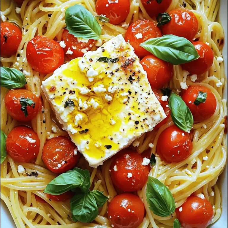 - 200g pasta (fusilli or penne) - 200g block of feta cheese - 400g cherry tomatoes - 4 cloves garlic, minced - Olive oil, salt, and pepper - Fresh basil leaves and grated parmesan cheese The main ingredients in this dish create a tasty base. You start with 200g of pasta, using either fusilli or penne. These shapes hold the sauce well and offer a great bite. Next, you need a 200g block of feta cheese. This cheese brings a creamy texture and rich flavor. Cherry tomatoes are key in this recipe. You’ll need 400g, and I suggest using a mix of colors. This adds visual appeal and a variety of sweet flavors. Seasonings boost the taste. You’ll use 4 cloves of minced garlic for its strong aroma. Olive oil gives smoothness and helps the flavors blend. Don’t forget salt and pepper for balance. For a fresh touch, add some basil leaves on top when serving. If you want a little extra flavor, sprinkle grated parmesan cheese over the dish before serving. It’s a simple yet elegant way to elevate your meal. 1. First, preheat your oven to 200°C (390°F). This step is key for even cooking. 2. In a large baking dish, combine 400g of halved cherry tomatoes and 4 cloves of minced garlic. This mix brings great flavor. 1. Next, add 1 tablespoon of olive oil, along with salt, pepper, and 1 teaspoon of dried oregano. If you like spice, add 1 teaspoon of chili flakes. 2. Toss the mixture gently to coat the tomatoes well. This helps the flavors to blend nicely. 3. Place a 200g block of feta cheese in the center of the dish, surrounded by the tomatoes. Drizzle a little olive oil over the feta and season with more salt and pepper. 1. Transfer the baking dish to your preheated oven. Bake for about 25-30 minutes. The tomatoes should be blistered and soft, and the feta should melt and turn golden. 2. While the feta and tomatoes bake, cook 200g of pasta in a large pot of boiling salted water. Follow the package instructions until the pasta is al dente. 3. Once baked, take the dish out of the oven. Use a fork to mash the feta into the tomatoes, creating a creamy sauce. 4. Add the cooked pasta directly into the baking dish. Toss everything together to coat the pasta with the rich feta-tomato sauce. 5. Taste the dish and adjust the seasoning as needed. 6. Serve warm, adding fresh basil leaves and grated parmesan cheese if you like. Enjoy! Choosing the right pasta is key for texture. I love fusilli or penne. They hold sauce well and add a nice bite. Cook the pasta until al dente for the best result. This way, it stays firm when mixed with the sauce. Next, let’s talk feta. Pick a quality block of feta cheese, ideally from Greece. It should be creamy and not too crumbly. This cheese melts beautifully and makes the sauce rich. Check for freshness by looking for a clean, white color and a good smell. If you want a kick, chili flakes are great. But if you prefer milder heat, try smoked paprika. It adds depth without the spice. You can also leave them out entirely for a sweeter taste. Fresh herbs can boost aroma and flavor. Basil is a classic choice for this pasta. You can also try parsley or oregano. Chop them finely and sprinkle them on just before serving. This adds a fresh pop that makes the dish sing. {{image_4}} You can switch up the pasta you use. Fusilli and penne are great choices. But you can also try farfalle or even spaghetti. Each type brings its own fun twist to the dish. If you want a different cheese, goat cheese works well. It adds a tangy flavor. You can also use ricotta for a creamy touch. Just keep in mind that flavors will change a bit. Add veggies to boost nutrition and taste. Spinach adds a nice color and flavor. Bell peppers bring sweetness and crunch. You can toss them in before baking. For protein, grilled chicken is a good option. It makes the meal heartier. Shrimp also works nicely and cooks quickly. Both options pair well with the feta and tomatoes. To keep your baked feta tomato pasta fresh, store it in an airtight container. This helps prevent moisture loss and keeps the dish tasty. Make sure to let it cool down before sealing the container. In the fridge, this dish lasts about 3 to 5 days. If you want to keep it longer, consider freezing it. When it's time to enjoy your leftovers, you have a few options. The best way to reheat is in the oven. Preheat it to 180°C (350°F). Place the pasta in a baking dish and cover it with foil. Heat for about 15-20 minutes. This keeps the pasta from drying out and keeps the sauce creamy. You can also use the microwave if you're in a hurry. Place a serving in a microwave-safe bowl and cover it. Heat in short bursts, stirring in between, until warm. If you want to freeze baked feta tomato pasta, do it right after cooking. Store it in freezer-safe containers. It can last up to 2 months in the freezer. When you are ready to eat, thaw it in the fridge overnight and follow the reheating tips above. Can I use frozen ingredients? Yes, you can use frozen tomatoes and frozen feta for this dish. Just remember to thaw them first. This may change the texture a bit, but the flavors will still be great. How to make it vegan? To make this dish vegan, swap the feta cheese for a plant-based alternative. You can also use nutritional yeast for a cheesy flavor. Make sure to check the pasta brand for egg-free options. Ideal pairings (sides, salads, or sauces) This baked feta tomato pasta pairs well with a simple green salad. A side of garlic bread also makes a great choice. If you want extra flavor, drizzle some balsamic glaze on top. Meal prep ideas with baked feta tomato pasta This dish is perfect for meal prep. You can make it ahead and store it in the fridge for up to three days. Just reheat in the oven or microwave before serving. For an easy lunch, pack it in a container with some fresh basil. This baked feta and tomato pasta is simple and delicious. You learned about fresh ingredients like cherry tomatoes, feta cheese, and garlic. I shared tips to choose the best pasta and ways to enhance the dish with herbs. You discovered fun variations and how to store leftovers for later. With these easy steps, you can create a meal everyone will enjoy. Try it out, and make it your own! Enjoy cooking and share your delicious results with others.