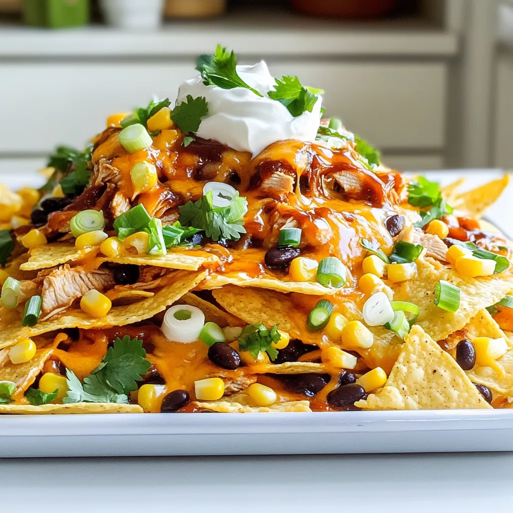 - 2 cups cooked chicken, shredded - 1 cup BBQ sauce - 1 large bag of tortilla chips - 2 cups shredded cheddar cheese - 1 cup black beans, rinsed and drained - 1 cup corn kernels (fresh or frozen) - 1 jalapeño, sliced (optional for heat) - 1/2 cup green onions, chopped - 1/2 cup cilantro, chopped - Sour cream, for serving - Salsa, for serving To make these nachos pop with flavor, you need a few key ingredients. First, the cooked chicken gives a hearty base. I love using shredded chicken because it mixes well with the BBQ sauce. The BBQ sauce adds a sweet and tangy taste. Next, the tortilla chips provide the crunch. Choose a large bag so you have enough for everyone. The shredded cheddar cheese is essential. It melts beautifully and ties everything together. Now, let’s add some extra flair! Black beans and corn add texture and nutrition. They bring a nice balance to the dish. If you enjoy a kick, add jalapeño slices on top. For the final touch, don’t skip the garnishes! Chopped green onions and cilantro add freshness. A dollop of sour cream and a side of salsa make for great dipping. These ingredients come together to create a fun, tasty dish you’ll want to share! 1. Preheat the oven: First, preheat your oven to 400°F (200°C). This step is key for getting that perfect melt on the cheese. 2. Prepare BBQ chicken: In a medium bowl, mix your shredded chicken with BBQ sauce. Make sure each piece of chicken is coated well. This will give your nachos a great flavor. 1. Arrange tortilla chips: Grab a large baking sheet. Spread the tortilla chips in an even layer. Let them overlap a bit for the best coverage. 2. Add BBQ chicken and toppings: Evenly spoon your BBQ chicken mix over the chips. Make sure it gets into all the nooks. Then, sprinkle black beans and corn on top. 1. Bake in the oven: Place your nachos in the preheated oven. Bake for 10-12 minutes. Watch for the cheese to melt and bubble. It should turn a nice golden brown. 2. Cool down and garnish: When done, take the nachos out and let them cool for about 2-3 minutes. This helps the cheese set. Then, sprinkle green onions and cilantro on top. This adds a fresh, tasty touch. Serve your nachos with sour cream and salsa. Enjoy! - Using different cheeses: Try mixing cheeses like pepper jack or mozzarella. Each adds a unique taste. Pepper jack gives a spicy kick, while mozzarella melts beautifully. Combine for a rich flavor. - Adding spices to BBQ chicken: Spice up your BBQ chicken with garlic powder, onion powder, or smoked paprika. These spices deepen the flavor. A pinch of chili powder adds heat, making each bite exciting. - Colorful plating ideas: Use a bright platter for your nachos. The colors of the toppings make the dish pop. Layer the nachos high for a fun, messy look that invites everyone to dig in. - Garnishing options: Top with fresh cilantro and green onions for color. Add slices of lime for a zesty touch. A dollop of sour cream or a side of salsa invites people to customize their plates. - Recommended types of baking sheets: Use a rimmed baking sheet for nachos. It holds all the toppings and prevents spills. A non-stick sheet makes cleanup easy. - Using parchment paper for easier cleanup: Line your baking sheet with parchment paper. This prevents sticking and makes washing up a breeze. It’s a simple trick that saves time and effort. {{image_4}} If you want to make these nachos fit your needs, consider some easy swaps. - Vegetarian substitutions: Use shredded jackfruit or tempeh in place of chicken. Add your favorite BBQ sauce to keep the flavor high. - Gluten-free options: Choose gluten-free tortilla chips. This simple swap makes the dish safe for those avoiding gluten. You can change the taste of your nachos with different BBQ sauces. - Sweet BBQ vs. spicy BBQ sauce: Sweet BBQ sauce gives a rich, tangy taste. Spicy BBQ sauce adds a kick that many love. Pick what suits your taste best. - Experimenting with different toppings: Try black olives, diced tomatoes, or avocado for more flavor. Each topping can change the overall taste of your dish. You can easily adjust the size of your nacho platter for any gathering. - Scaling the recipe for different gatherings: If you have more guests, just double the recipe. This way, everyone can enjoy. - Mini nachos for appetizers or snacks: Use small bowls or plates and make mini nachos. They are perfect for parties and easy for guests to grab. To store your nachos, first let them cool. This prevents steam from building up in the container. Use airtight containers to keep the nachos fresh. I recommend glass or plastic containers with tight lids. Make sure to separate the toppings, like sour cream and salsa, to keep them fresh longer. When it's time to eat, you can reheat nachos in two ways. The microwave is quick but may make the chips soggy. For crispy nachos, use the oven. Preheat your oven to 350°F (175°C). Place nachos on a baking sheet and heat for about 5-10 minutes. This keeps the cheese melty and the chips crunchy. Can you freeze nachos? Yes, but it’s best to freeze the chicken and toppings separately. Layer the chips in a freezer-safe bag. You can freeze the BBQ chicken in a separate bag too. When you want to enjoy them, thaw in the fridge overnight. Then, reheat as mentioned above for the best taste. BBQ chicken nachos last about 3-4 days in the fridge. To store them, let them cool first. Place them in an airtight container. This keeps them fresh and tasty. You can also wrap them in plastic wrap for extra protection. When you want to eat them, just reheat them in the oven, not the microwave. This helps the chips stay crisp. You can use raw chicken for nachos, but it needs more time to cook. Start by cooking the chicken in a skillet before adding it to the nachos. Cook it until it reaches 165°F (75°C). Once cooked, shred the chicken and mix it with BBQ sauce. Then, layer it on the nachos. This way, you ensure the chicken is safe to eat and full of flavor. If you want a healthier option, try using baked tortilla chips. You can also use veggie chips or pita chips for a twist. For a low-carb choice, use sliced bell peppers or zucchini. These options add crunch without the extra calories. You can also try making your own tortilla chips by baking corn tortillas until crispy. This way, you control the ingredients! Sheet-pan BBQ chicken nachos are easy and fun to make. With cooked chicken, BBQ sauce, and toppings, you can create a tasty dish that suits any crowd. Remember to play with flavors and ingredients to match your taste. Store any leftovers properly for later enjoyment. These nachos are more than just a snack; they are a delicious way to share food and fun. Try different variations for a new experience each time. Enjoy every bite!