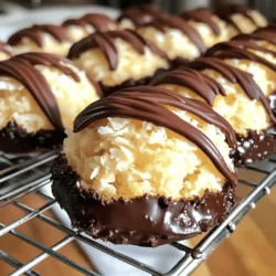 - 2 ¾ cups shredded unsweetened coconut - 2/3 cup sweetened condensed milk - 1 teaspoon vanilla extract - 2 large egg whites - 1/4 teaspoon salt - 1 cup dark chocolate chips - 1 tablespoon coconut oil When I make chocolate dipped coconut macaroons, I start with shredded coconut. Using unsweetened coconut gives the best flavor. Sweetened condensed milk keeps them moist and sweet. A touch of vanilla extract adds warmth. The egg whites help bind the mixture together. Lastly, salt enhances the sweetness and flavor. - Toppings and garnishes - Flavor variations (e.g., almond extract or orange zest) You can add fun touches to your macaroons. Consider toppings like chopped nuts or a sprinkle of sea salt. For flavor, try almond extract or a hint of orange zest. These extras make your treats unique and special. 1. Preheat your oven to 325°F (160°C). Line a baking sheet with parchment paper. This makes it easy to remove the macaroons later. 2. In a large bowl, mix 2 ¾ cups of shredded coconut with 2/3 cup of sweetened condensed milk. Stir until the coconut is well coated and sticky. 1. Add 1 teaspoon of vanilla extract, 2 large egg whites, and 1/4 teaspoon of salt to the bowl. Mix well until everything is combined. 2. Use a tablespoon or a cookie scoop to form small mounds. Each mound should be about 1 to 2 inches wide. Place them on the baking sheet with 2 inches between each mound. 1. Bake the macaroons for 20-25 minutes. They are done when the tops turn golden brown. 2. Once baked, let them cool on the baking sheet for about 10 minutes. Then, move them to a wire rack to cool completely. 1. While the macaroons cool, melt 1 cup of dark chocolate chips with 1 tablespoon of coconut oil. Use a microwave-safe bowl. Heat in 30-second intervals and stir until smooth. 2. Dip the bottom of each macaroon in the melted chocolate. Allow any excess chocolate to drip off. Place the chocolate-dipped macaroons back on the wire rack. 3. For extra flair, drizzle more melted chocolate over each macaroon. Let the chocolate set at room temperature or refrigerate until hard. To get those lovely golden brown tops, keep an eye on your macaroons while they bake. Bake them at 325°F for 20-25 minutes. You want them to look golden, not burnt. Check them a few minutes before the time is up. If you find they are browning too quickly, you can cover them with foil. To prevent macaroons from sticking, use parchment paper on your baking sheet. This makes removal easy. You can also lightly grease the parchment for added safety. Be sure to space each mound about 2 inches apart for even baking. For melting chocolate, use a microwave-safe bowl. Add the dark chocolate chips and coconut oil. Heat them in 30-second bursts. Stir in between each burst until smooth. This helps avoid scorching the chocolate. If your chocolate is too thick, add a little more coconut oil. If it’s too thin, let it cool a bit before dipping. You want a nice coating that sticks but isn’t too runny. To make your macaroons look great, arrange them on a nice plate. A sprinkle of extra shredded coconut or cocoa powder adds flair. You can also drizzle some melted chocolate over the top for a fancy touch. Pair these macaroons with a cup of coffee or tea. The rich chocolate and sweet coconut go well with both. Enjoy this delightful treat with friends or on your own! {{image_4}} You can use different types of chocolate for dipping your macaroons. Milk chocolate offers a creamy, sweet taste. It pairs well with the coconut flavor. Dark chocolate gives a rich, bold taste, balancing the sweetness of the macaroons. If you prefer something sweeter, white chocolate is a great choice. It adds a smooth, sweet touch and makes the treats look beautiful. Adding mix-ins can take your macaroons to the next level. Chopped nuts add crunch and depth. Almonds or cashews work well with coconut. Dried fruits like cherries or apricots can add a sweet and chewy element. You can also infuse flavors using different extracts. Almond or coconut extract can give your macaroons a unique twist. Just a few drops can change the whole flavor. If you want a vegan option, you can replace sweetened condensed milk. Use coconut cream or a dairy-free condensed milk. For binding, egg whites can be swapped with flaxseed meal or chia seeds mixed with water. This gives a similar texture and holds the macaroons together. Check the ratios to ensure the right consistency. To keep your macaroons fresh, store them in an airtight container. This helps keep them moist. Place the container in a cool, dry space, away from sunlight. At room temperature, these treats can last about 4 to 5 days. If you want to store macaroons longer, consider the fridge. Place them in a sealed container to avoid moisture. They can last up to two weeks in the fridge. For freezing, wrap each macaroon in plastic wrap. Then place them in a freezer bag. They can stay good for up to three months. Thaw them in the fridge overnight before enjoying. To prevent the chocolate from melting, store the macaroons away from heat. If you see white streaks on the chocolate, that’s called blooming. It happens when chocolate changes temperature. Pack them with parchment paper between layers to avoid sticking. This keeps the chocolate coating perfect for serving. Macaroons trace back to Italy. They first appeared in a monastery in the 8th century. These sweet treats made their way to France through the nuns. They became a popular dessert there. Today, we know macaroons as chewy coconut delights. Yes, you can! To replace egg whites, use aquafaba. This is the liquid from canned chickpeas. Use three tablespoons of aquafaba for each egg white. It creates a similar texture. Your macaroons will still taste great! This recipe is already gluten-free. Shredded coconut is naturally gluten-free. Just ensure your coconut is not processed with gluten products. Check labels to be safe. Enjoy your tasty treat without worry! Dry macaroons can happen for a few reasons. First, you might have added too much coconut. Measure carefully! Second, ensure you mix well. This helps bind the ingredients. Finally, check your baking time. Overbaking can lead to dryness. You can use sweetened coconut. This will make your macaroons sweeter. Adjust the amount of sweetened condensed milk if desired. Taste as you go to find your perfect balance. Enjoy experimenting with flavors! In this blog post, we explored how to make chocolate dipped coconut macaroons. We covered the main and optional ingredients, step-by-step instructions, useful tips, and ideas for variations. The key to success lies in the right mix of coconut, chocolate, and a few simple steps. Try new flavors or storage tips to keep them fresh. Remember, this treat is adaptable and fun to make. Enjoy your baking journey and the delicious rewards that follow!