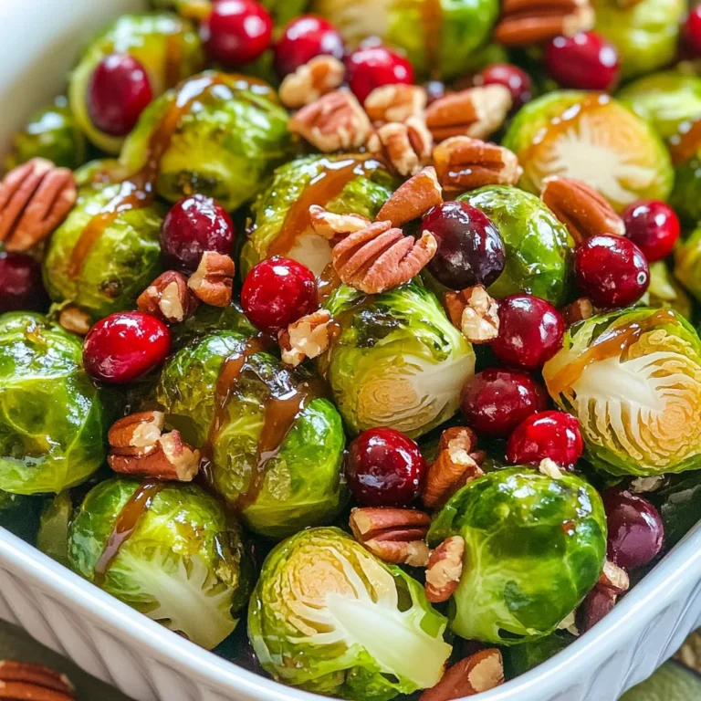 To make Maple Glazed Brussels Sprouts with Cranberries, gather the following ingredients: - 1 pound Brussels sprouts, trimmed and halved - 1/3 cup pure maple syrup - 2 tablespoons extra virgin olive oil - 1/2 teaspoon fine sea salt - 1/4 teaspoon freshly cracked black pepper - 1/2 cup fresh or dried cranberries - 1/4 cup pecans, roughly chopped (optional) - 1 tablespoon apple cider vinegar - 1 teaspoon Dijon mustard Each ingredient plays a key role in creating this dish. The Brussels sprouts provide a nice base. The maple syrup adds sweetness. Olive oil helps with roasting, and salt and pepper enhance flavor. Cranberries give a fruity note, while pecans add crunch. The apple cider vinegar and Dijon mustard bring tang and depth. Using fresh ingredients boosts taste. If you use dried cranberries, they add a chewy texture. Pecans are optional but add a nice crunch. When you gather these ingredients, you set the stage for a fantastic dish that delights the taste buds. - Preheat oven to 400°F (200°C). - Toss Brussels sprouts with 2 tablespoons of olive oil, 1/2 teaspoon of fine sea salt, and 1/4 teaspoon of freshly cracked black pepper. Start by heating your oven. This helps the Brussels sprouts roast better. In a large bowl, mix the halved sprouts with oil, salt, and pepper. Make sure every sprout is well coated. This step is key for flavor. - Arrange on a baking sheet in a single layer. - Roast for 20-25 minutes and stir halfway. Once the oven is hot, spread the sprouts on a baking sheet. Keep them in a single layer for even cooking. Roast them for about 20 to 25 minutes. Halfway through, stir them. This helps them get nice and crispy. They should look golden brown when done. - Combine 1/3 cup of pure maple syrup, 1 tablespoon of apple cider vinegar, and 1 teaspoon of Dijon mustard in a saucepan. - Heat until warmed and slightly thickened. While the sprouts roast, let’s make the glaze. In a small pan, mix the maple syrup, vinegar, and mustard. Heat this over medium-low heat. Stir it gently. In about 5 minutes, it should warm and thicken a bit. This glaze adds a sweet kick! - Drizzle glaze over roasted sprouts and add cranberries and pecans. - Return to oven for an additional 5 minutes. Take the sprouts from the oven and drizzle the glaze over them. Then, sprinkle in 1/2 cup of cranberries and 1/4 cup of chopped pecans if you like. Toss everything together on the baking sheet. This helps the flavors mix. Put them back in the oven for 5 more minutes. This warms the cranberries and caramelizes the glaze. Enjoy the delightful aroma! To get crispy Brussels sprouts, make sure to space them out well. If they crowd together, they will steam instead of roast. This means they won't get that nice golden color. Use a large baking sheet for one pound of sprouts. Roast them at 400°F (200°C) for 20-25 minutes. Stir halfway through to help them brown evenly. You can boost the glaze's flavor easily. Try adding a pinch of cayenne for heat or a sprinkle of garlic powder for depth. These spices add a new layer of taste. When you add cranberries is key too. Add them during the last five minutes of roasting. This keeps them plump and juicy, while also warming them up nicely. Use a large, elegant serving bowl for a beautiful display. This makes the dish pop on your table. Top the Brussels sprouts with extra pecans for a crunch. A light drizzle of maple syrup adds a glossy finish and extra sweetness. You can also sprinkle fresh herbs, like parsley or thyme, for color and aroma. {{image_4}} You can switch pecans for other nuts or seeds. Walnuts or almonds work well. If you want a crunch, try sunflower seeds or pumpkin seeds. These options add flavor and texture. You can also change the vinegar or mustard. Use balsamic vinegar for a sweeter taste. Or, try red wine vinegar for a sharper flavor. For mustard, whole grain gives a nice bite. Yellow mustard is milder but still tasty. If you want a vegan version, skip the honey. Use maple syrup as the main sweetener. Make sure your mustard is vegan too. Most are, but check the label to be sure. For gluten-free options, this recipe works perfectly. All ingredients are naturally gluten-free. Avoid any sauces or condiments that may contain gluten. You can add seasonal herbs or spices. Fresh thyme or rosemary brings a lovely aroma. These herbs enhance the flavor and make your dish pop. Adding roasted root vegetables makes a great medley. Carrots and sweet potatoes pair nicely with Brussels sprouts. They add color and sweetness to your meal. Just cut them to the same size for even cooking. To keep your Maple Glazed Brussels Sprouts fresh, store them in an airtight container. Place the container in the refrigerator right after the meal. This keeps them tasty for later. The dish stays good for about 3 to 5 days when stored properly. To reheat Brussels sprouts, use the oven. Preheat it to 350°F (175°C). Spread the sprouts on a baking sheet and heat for about 10-15 minutes. This method helps keep them crispy. You can also use a microwave. Heat in short bursts of 30 seconds. Stir after each burst to avoid overcooking. For creative serving, try mixing leftovers into a salad. You can also add them to a grain bowl for a quick meal. The sweet maple flavor pairs well with many dishes. Yes, you can prep the Brussels sprouts ahead. Trim and halve them a day before. Store them in an airtight container in the fridge. You can also mix the glaze in advance. Just keep it in a jar in the fridge. This will save time on the day you want to serve them. These Brussels sprouts pair well with many dishes. They complement roasted chicken or pork nicely. You can also serve them with a hearty grain salad. For a vegetarian option, try serving them with quinoa or wild rice. Yes, you can freeze these Brussels sprouts. Roast them fully and let them cool. Place them in a freezer-safe bag. They can last up to three months in the freezer. To thaw, place them in the fridge overnight. Reheat them in the oven for the best texture. If you want some heat, add red pepper flakes to the glaze. You can also mix in some hot sauce. For a fresh kick, try adding diced jalapeños. Just adjust the amount based on your taste. This blog post walked you through making delicious maple glazed Brussels sprouts. You learned about the ingredients, step-by-step instructions, tips for perfecting the dish, and possible variations. Each part contributes to a tasty and beautiful meal. Try this recipe to impress your family and friends. Enjoy the fresh flavors and unique combinations. With these tips, you can create a standout dish every time. Happy cooking!
