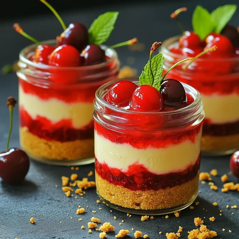 For this delightful treat, you will need a few key ingredients: - 1 cup graham cracker crumbs - 4 tablespoons unsalted butter, melted - 8 oz cream cheese, softened at room temperature - 1/2 cup powdered sugar - 1 teaspoon vanilla extract - 1 cup heavy cream, chilled - 1 can (15 oz) cherry pie filling - Optional garnishes: Fresh cherries and mint leaves These ingredients create a rich, creamy cheesecake with a buttery crust. The graham crackers give the base a nice crunch. The melted butter helps hold the crust together. Cream cheese adds that smooth, creamy texture we love. The powdered sugar sweetens it just right, while the vanilla adds a warm flavor. Chilled heavy cream makes the filling light and fluffy. Top it all with cherry pie filling for a sweet finish. You can add fresh cherries or mint leaves for a pretty touch. This recipe is simple, fun, and perfect for any occasion! 1. Start by mixing the graham cracker crumbs with melted butter in a bowl. 2. Stir until the mix looks like wet sand. This helps form a great crust. 3. Take small jars and scoop about 2 tablespoons of this mix into each jar. 4. Use the back of a spoon to press the mix down firmly. This makes a solid base. 1. In a new bowl, beat the softened cream cheese with an electric mixer. Mix until smooth. 2. Gradually add the powdered sugar and vanilla extract. Keep mixing until there are no lumps. 3. In another bowl, pour the chilled heavy cream. Whip it until stiff peaks form. This gives the cheesecake a fluffy texture. 1. Carefully fold the whipped cream into the cream cheese mix using a spatula. Don't deflate the whipped cream. 2. Spoon or pipe the cheesecake filling on top of the crust in each jar. Fill them halfway and smooth the tops. 3. Add a layer of cherry pie filling over the cheesecake. This adds a sweet, tangy flavor. 4. If you have enough, repeat the layers of cheesecake and cherry filling until you fill the jars. 5. Finish with cherry pie filling on top for a beautiful look. 6. Cover the jars tightly and place them in the refrigerator. Chill for at least 4 hours. This helps the cheesecake set. Using room temperature ingredients is key. It helps the cream cheese mix well. Softened cream cheese blends into a smooth filling. Cold cream cheese can cause lumps. Remember to take it out early to warm up. Folding whipped cream is a skill. You want to keep its lightness. Gently scoop from the bottom and fold over the top. Avoid stirring too hard. This keeps the air in the cream. Choose fun and decorative jars for serving. Clear jars show off the layers. Use small jars for single servings. It adds charm and makes sharing easy. For garnish, fresh cherries and mint leaves work well. They add color and freshness. You can also use a drizzle of chocolate for extra flair. Adding these touches makes your dessert look amazing. {{image_4}} You can switch up the flavors for your no-bake cherry cheesecake jars. Instead of cherry pie filling, try other fruit toppings. Fresh strawberries, blueberries, or even mango can add a new twist. Each fruit gives a different taste and look. You can also add chocolate or lemon flavor to the cheesecake filling. For chocolate, mix in cocoa powder or melted chocolate. For lemon, add lemon juice and zest. These flavors make the cheesecake bright and fun. If you need to make dietary changes, it’s easy. To create a gluten-free graham cracker crust, use gluten-free graham crackers. Crush them and mix with melted butter just like the original recipe. For a dairy-free option, swap the cream cheese and heavy cream. Use dairy-free cream cheese and coconut cream. This still gives a creamy texture, and it tastes great too. Enjoy these variations while keeping the fun and flavor you love! To keep your no-bake cherry cheesecake jars fresh, store them in the fridge. Use tight lids or plastic wrap. This keeps the flavors strong and the texture smooth. Your jars can last for up to five days in the fridge. Always check for freshness before serving. Yes, you can freeze no-bake cheesecake jars! Just make sure they are covered well. This helps prevent freezer burn. They can stay good for up to two months. To enjoy them later, thaw the jars in the fridge overnight. This keeps the texture creamy. Once thawed, serve them cold. Add fresh cherries on top for a nice touch. Enjoy your delicious treat! No-bake cheesecake jars need to chill for at least 4 hours. This time helps the cheesecake set properly. If you can, let them chill overnight. The longer they chill, the better the flavors meld together. Yes, you can use a different type of crust. Try crushed cookies like Oreos or vanilla wafers. You can also make a nut-based crust for a gluten-free option. Just make sure to mix the crust with melted butter for the right texture. Serve the jars chilled straight from the fridge. You can garnish with fresh cherries or mint leaves for a nice touch. These little jars look great on a table. They are easy to grab for guests, too. This no-bake cherry cheesecake jars recipe is simple and tasty. You can enjoy making the layers of crust and cheesecake filling easily. Remember to use room temperature ingredients for the best texture. Try different fruits and flavors to make it your own. These jars look great and stay fresh in the fridge. End your meal on a sweet note with these treats. Happy baking!
