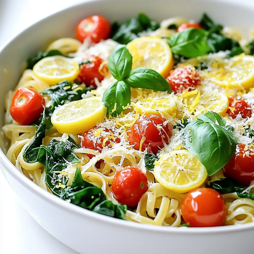 - 12 oz (340g) pasta (choose your favorite: spaghetti, fettuccine, or penne) - 2 tablespoons olive oil - 4 cloves garlic, finely minced - 4 cups vegetable broth (low-sodium recommended) - Zest of 2 lemons (about 2 teaspoons) - Juice of 1 lemon (approximately 3 tablespoons) - 1 cup creamy ricotta cheese - 1 cup cherry tomatoes, halved - 1 cup fresh spinach leaves - Salt and freshly ground black pepper to taste - Fresh basil leaves, for garnish - Grated Parmesan cheese, for serving When I make One Pot Lemon Ricotta Pasta, I love using fresh ingredients. The right pasta makes a big difference. You can choose spaghetti, fettuccine, or penne. Each type gives a unique texture. I start with good olive oil. It brings flavor to the dish. Next, I add fresh garlic. Minced garlic adds a strong taste. Don't skip it! I also use vegetable broth. Low-sodium broth is best. It lets the lemon shine without being too salty. Lemon zest is key. It adds a bright flavor. I use zest from two lemons. Then, I add juice from one lemon for a fresh hit. Ricotta cheese makes the pasta creamy. I use a full cup for richness. Cherry tomatoes add color. They burst with sweetness in the dish. Fresh spinach gives a nice green touch. Salt and pepper are vital for taste. You can adjust them to your liking. Finally, I like to garnish with fresh basil and Parmesan cheese. They add a lovely finish to this delightful meal. With these ingredients, you’ll create a dish that is both simple and tasty. Start by heating 2 tablespoons of olive oil in a large pot over medium heat. Add 4 cloves of finely minced garlic. Sauté the garlic for about 1 minute. You want it to smell great, not brown. If it turns brown, it will taste bitter. Next, pour in 12 ounces of your favorite pasta. Add 4 cups of vegetable broth and the zest of 2 lemons. Stir well, making sure everything is mixed. Bring the pot to a boil. Once it boils, reduce the heat to medium-low. Cover the pot and let it simmer for about 10 to 12 minutes. Stir occasionally. Cook until the pasta is al dente, and most of the liquid is absorbed. Now, gently fold in 1 cup of creamy ricotta cheese and the juice of 1 lemon. Add 1 cup of halved cherry tomatoes and 1 cup of fresh spinach leaves. Stir until the ricotta is mixed in well. You want the spinach to just wilt. Taste the dish and add salt and freshly cracked black pepper if needed. Cook for another 2 to 3 minutes. This warms everything through and blends the flavors. To get a creamy texture, you need to blend the ricotta well. Add it slowly when the pasta is hot. This helps the cheese melt and mix easily. If you add it too fast, it may clump. Stir gently until every bite is creamy and smooth. You can adjust the garlic and lemon flavors to suit your taste. If you love garlic, add more! Start with three cloves and go up from there. For lemon, add zest first, then taste. If you want more zing, add more lemon juice. Tasting as you go helps find the right balance. Timing is key to keeping pasta al dente. Stir the pasta every few minutes while it cooks. This helps it cook evenly. Follow the cooking time on the package but start checking a minute early. When it’s firm but not hard, it’s done. This will keep your dish from turning mushy. {{image_4}} You can change up the veggies in this dish. Adding zucchini gives a nice crunch. Bell peppers add sweetness. Other great options include asparagus and peas. Feel free to mix and match based on what you like. Want some protein? Try adding chicken, shrimp, or tofu. Cook the chicken in the pot first until golden. For shrimp, add them just before the pasta is done. Tofu can be sautéed or added directly for a quick protein boost. If you want to skip dairy, there are great substitutes. Use cashew cream in place of ricotta. Nutritional yeast can add a cheesy flavor instead of Parmesan. These options keep the dish creamy and tasty without dairy. To store leftovers, let the pasta cool first. Place it in an airtight container. Refrigerate it within two hours of cooking. This keeps it fresh for about three days. If you want to keep it longer, consider freezing. When reheating, avoid the microwave. It can make the pasta dry. Instead, use a skillet. Add a splash of broth or water to keep it moist. Heat over low to medium heat. Stir gently until warmed through. This method keeps the texture creamy. To freeze, pack cooled pasta in a freezer-safe container. Leave some space for expansion. It can last for up to three months. To defrost, transfer it to the fridge overnight. Reheat it in a skillet as mentioned above. Enjoy the same great taste later! To make this dish vegetarian, use vegetable broth instead of chicken broth. You can easily skip any meat proteins. This pasta is already packed with flavor from garlic, lemon, and ricotta. The cherry tomatoes and spinach add freshness too. Yes, you can! Spaghetti, fettuccine, or penne all work well. Each pasta shape cooks at a similar time. Check the package for specific cooking times, but most will take around 10-12 minutes to become al dente. Just remember to adjust the liquid if you change the pasta type. This pasta pairs nicely with a light salad or crusty bread. A green salad with lemon vinaigrette balances the richness of the dish. You can also serve it with a glass of white wine, like Sauvignon Blanc, to enhance the lemon flavors. In this blog post, we explored how to make a delicious One Pot Lemon Ricotta Pasta. We covered essential ingredients, step-by-step cooking instructions, tips for the perfect texture, and tasty variations. Cooking can be simple, healthy, and fun. You can use this recipe as a base to create your favorite dish. Don't hesitate to play with flavors and ingredients. Enjoy your cooking journey and savor every bite!