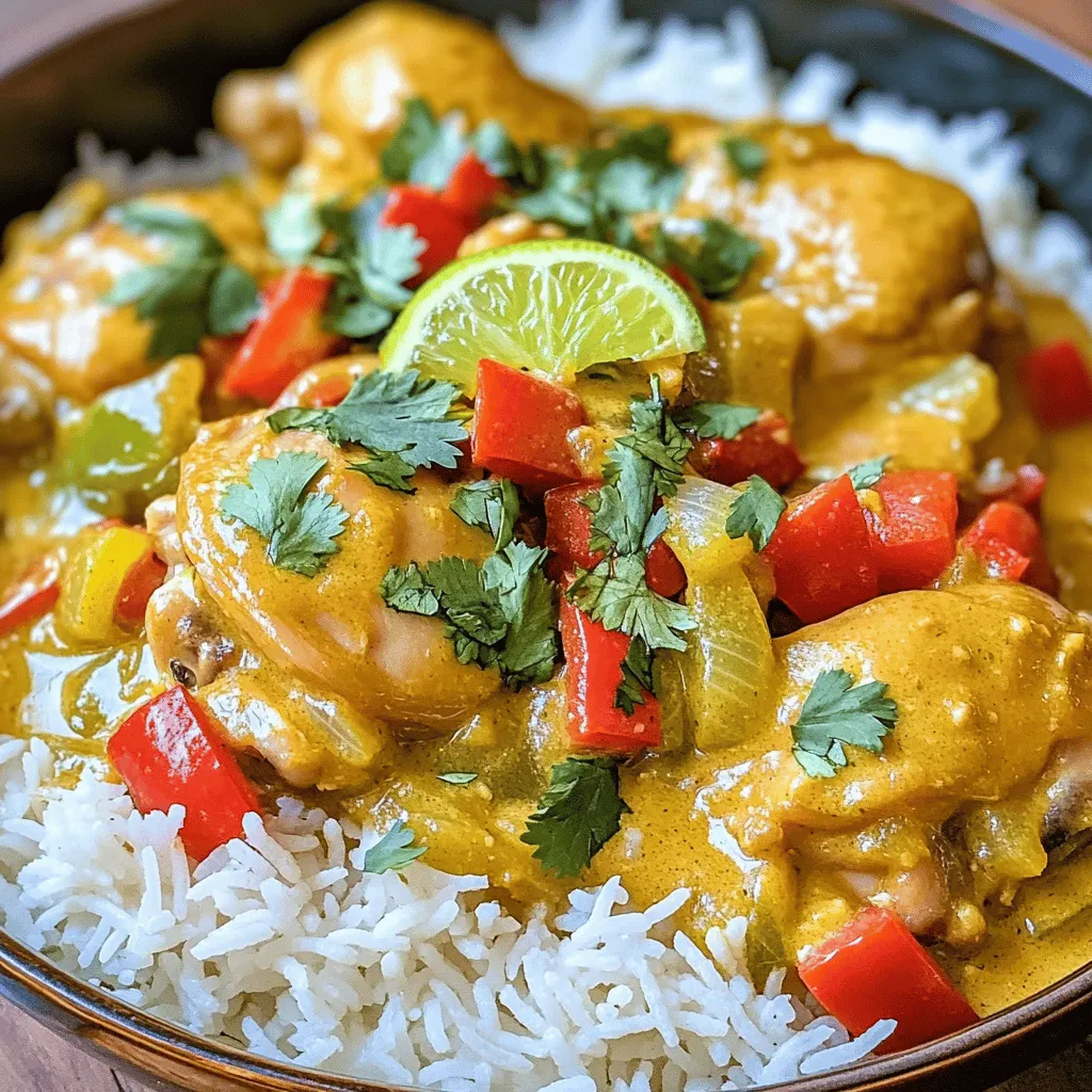 For this coconut lime chicken curry, I choose 2 lbs of boneless, skinless chicken thighs. They stay tender and juicy during cooking. Thighs absorb the curry flavors well, making every bite rich and delicious. The vegetables and aromatics bring extra flavor and texture. I use: - 1 bell pepper (red or yellow), sliced into strips - 1 medium onion, diced - 4 cloves garlic, finely minced - 1 tablespoon fresh ginger, finely grated These ingredients add depth and freshness to the dish. The bell pepper adds a bit of sweetness, while the onion and garlic create a wonderful base flavor. Ginger gives a zesty kick that pairs well with coconut. The creamy coconut curry base makes this dish special. Here is what you need: - 1 can (13.5 oz) full-fat coconut milk - 1 cup low-sodium chicken broth - 2 tablespoons red curry paste - 2 tablespoons fresh lime juice - Zest of 1 lime - 1 tablespoon fish sauce (optional) - 2 teaspoons packed brown sugar - Salt and black pepper to taste The coconut milk makes the curry rich and creamy. The chicken broth adds depth. Red curry paste and lime juice bring heat and brightness. If you want a stronger taste, fish sauce is a great choice. Brown sugar balances the spices and adds a hint of sweetness. Start by mixing the coconut milk, chicken broth, and red curry paste. Add grated ginger and minced garlic for a strong flavor. Then, squeeze in fresh lime juice and add lime zest. If you want, include fish sauce for depth. Finally, whisk in the brown sugar. This mixture is your base. It brings all the flavors together. Now, take your chicken thighs and cut them into bite-sized chunks. Place them in a single layer at the bottom of your slow cooker. This helps them cook evenly. Next, pour your coconut milk mixture over the chicken, making sure it covers all the pieces. This step ensures the chicken absorbs all those tasty flavors. Next, it’s time for the veggies. Slice your bell pepper into strips and dice the onion. Scatter these over the chicken and curry mix. Press them down gently so they are submerged. This helps them cook well and soak in the sauce, adding more flavor to your dish. Cover your slow cooker with the lid. Set it to low heat for 6-8 hours. If you are short on time, set it to high heat for 3-4 hours. The goal is to let the chicken become tender and soak up all the curry goodness. The longer you cook, the more flavors blend together. After cooking, taste your curry. Add salt and pepper if needed. If you want a stronger lime flavor, add more lime juice. To serve, scoop the curry over fluffy jasmine rice. Garnish with fresh cilantro leaves for a bright touch. This not only looks good but also tastes amazing! For the best texture, use boneless, skinless chicken thighs. They stay moist and tender. Cut them into bite-sized chunks to help them cook evenly. When layering the chicken in the slow cooker, aim for a single layer. This allows the chicken to absorb more flavor and cook consistently. To boost flavor, don’t skip the fresh ginger and garlic. They add depth and warmth. The red curry paste contributes a nice kick. If you want more zest, add an extra splash of lime juice before serving. A sprinkle of fresh cilantro at the end adds brightness. If you like umami, consider adding fish sauce for richness. One common mistake is overcooking the chicken. Set your slow cooker appropriately, and check the meat after a few hours. Another mistake is not seasoning to taste. Always taste the curry before serving. Adjust the salt and pepper as needed to make it perfect. Lastly, don’t forget the rice! This dish pairs wonderfully with fluffy jasmine rice. {{image_4}} You can change the protein in this dish easily. Chicken thighs are great, but you can try chicken breast for a leaner option. For a twist, use shrimp. Just add them in the last 30 minutes of cooking. Tofu works well too, especially if you want a vegetarian meal. Make sure to use firm tofu for the best texture. Feel free to add more veggies to your curry. You can toss in carrots, peas, or even sweet potatoes. These will add color and nutrition. Broccoli or cauliflower also work well. Just cut them into small pieces so they cook evenly. Add your veggies in the last hour of cooking for the best texture. If you like your curry spicy, add more red curry paste. Start with one extra teaspoon, then taste it. You can also add fresh chilies or red pepper flakes for heat. If you prefer milder flavors, reduce the red curry paste. A little coconut milk will help balance the heat too. After you finish your meal, store any leftover coconut lime chicken curry in an airtight container. Keep it in the fridge for up to four days. Make sure to let it cool down before sealing it. This helps keep the curry fresh and tasty. If you want to keep it longer, freezing is a great option. Pour the cooled curry into a freezer-safe container. Leave some space at the top for expansion. Seal it tightly and label the container with the date. You can freeze it for up to three months. When you're ready to eat it, thaw it overnight in the fridge. To reheat your curry, you have a few options. For the best flavor, use the stove. Pour the curry into a pot and heat it over medium heat. Stir often until it is hot. You can also use the microwave. Place the curry in a microwave-safe bowl. Cover it with a lid or microwave-safe wrap. Heat in short bursts, stirring in between, until warmed through. If the curry seems thick, add a splash of chicken broth or water to loosen it up. Yes, you can use chicken breast. Chicken breast cooks faster and is leaner. However, thighs are juicier and more flavorful. If you use breasts, check for doneness after 3 hours on high heat. If you lack red curry paste, you can make a substitute. Mix equal parts of curry powder and paprika. Add a pinch of cayenne for heat. This will give you a similar flavor profile but may taste slightly different. To make this curry vegetarian or vegan, replace chicken with tofu or chickpeas. Use vegetable broth instead of chicken broth. Make sure the fish sauce is omitted or swapped with soy sauce for flavor. Serve this curry with fluffy jasmine rice. The rice helps soak up the tasty sauce. You can also pair it with naan bread or a fresh green salad for a balanced meal. Enjoy the mix of flavors and textures! This blog post covered the key ingredients and steps for a delicious Coconut Lime Chicken Curry. We discussed the main protein, vegetables, and spice base to create rich flavors. I detailed helpful tips to avoid common mistakes and shared tasty variations for all diets. Storing and reheating leftovers is also easy. As you explore making this dish, remember to be creative! Enjoy the process and make it your own. Happy cooking!