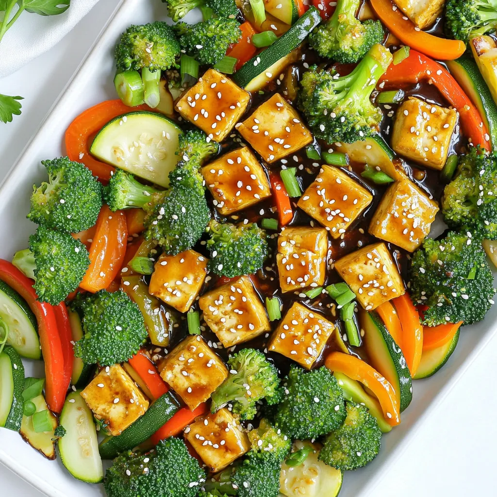 - 1 block (14 oz) firm tofu, pressed and cubed - 1 cup broccoli florets - 1 bell pepper (any color), sliced into thin strips - 1 medium carrot, sliced thinly - 1 medium zucchini, sliced into half-moons - 3 tablespoons soy sauce (or tamari for a gluten-free option) - 2 tablespoons pure maple syrup - 1 tablespoon rice vinegar - 1 tablespoon toasted sesame oil - 1 teaspoon freshly grated ginger - 2 cloves garlic, minced - 1 tablespoon cornstarch - Sesame seeds for garnish - Green onions, thinly sliced for garnish The tofu is the star of this dish. I prefer firm tofu because it holds its shape well. Pressing it removes extra water, making it crispier when cooked. The colorful veggies add crunch and flavor. Broccoli provides a nice green touch. Bell peppers bring sweetness, while carrots add a pop of color. Zucchini is soft and pairs well with the other veggies. The teriyaki sauce is simple yet packed with flavor. Soy sauce gives saltiness, and maple syrup adds a hint of sweetness. Rice vinegar brings a mild tang, while sesame oil gives a nutty taste. Fresh ginger and garlic add depth and aroma. For garnish, sesame seeds give a nice crunch. Green onions add a fresh bite and color. This blend of ingredients creates a balanced, tasty meal that looks as good as it tastes! 1. Preheat your oven to 400°F (200°C). This temperature is perfect for crispy tofu and tender veggies. 2. Line a large baking sheet with parchment paper. This will help prevent sticking and make cleanup easy. 3. In a medium bowl, mix the teriyaki sauce ingredients. Combine soy sauce, maple syrup, rice vinegar, sesame oil, ginger, and garlic. Whisk them until you have a smooth sauce. 4. In another bowl, coat the cubed tofu with cornstarch. Make sure each piece is covered well. This is key to getting that crispy texture. 1. Spread the coated tofu on one side of the baking sheet. On the other side, place the broccoli, bell pepper, carrot, and zucchini. 2. Drizzle the teriyaki sauce over the tofu and veggies. Make sure everything gets a good coat for the best flavor. 3. Spread the ingredients out evenly. Leave some space between pieces to help them cook well. 4. Bake for 25-30 minutes. Halfway through, toss the tofu and veggies to ensure even cooking and browning. 1. Once baked, take the pan out of the oven. Sprinkle sesame seeds and sliced green onions on top for a nice finish. 2. Serve warm over rice or quinoa. This makes it a filling and tasty meal. To achieve a crispy tofu texture, start by pressing the tofu. This removes excess water. Next, coat the cubes with cornstarch. This helps them become golden and crunchy during baking. Spread the tofu out on one side of the pan. Make sure not to crowd the pieces. For vegetables, choose fresh and vibrant ones. Broccoli, bell peppers, carrots, and zucchini all work well. Cut them into even sizes for uniform cooking. Thin strips of bell pepper add color and sweetness, while carrot rounds add crunch. Zucchini adds tenderness, making the dish more balanced. To add spice or heat, try adding red pepper flakes or sriracha to the teriyaki sauce. This brings a nice kick to the dish. Mix in a teaspoon or two, depending on your heat preference. You can also add a splash of lime juice for a zesty twist. Customizing the teriyaki sauce is simple. You can swap soy sauce for coconut aminos for a sweeter taste. Adding a splash of orange juice gives a bright flavor. Feel free to adjust the maple syrup amount to balance the sweetness. Experiment until you find your favorite blend! {{image_4}} You can switch the tofu for chicken, tempeh, or shrimp. Each option brings a unique taste. For chicken, cut it into bite-sized pieces. Make sure to cook it until it’s fully done. Tempeh is a great vegan choice. It has a nutty flavor and pairs well with teriyaki sauce. Shrimp cooks quickly, so add it later during baking. Adjust cooking times as needed. Feel free to mix in other veggies. Snap peas, asparagus, and cauliflower work well too. You can use bok choy for a fresh twist. If you like spice, add some sliced jalapeños. Remember, cut the veggies evenly for even cooking. This helps all the flavors blend together nicely. For gluten-free needs, use tamari instead of soy sauce. This simple swap keeps the dish tasty. If you want it vegan, make sure the maple syrup is pure. This recipe is already plant-based, so you’re set! Check labels when buying sauces to ensure they fit your diet. To store your leftover Sheet Pan Teriyaki Tofu and Veggies, first let it cool down. Place the cooled dish in an airtight container. Make sure to separate the tofu from the veggies if you can. This helps keep the veggies crisp. Store it in the fridge. It will stay fresh for about 3 to 4 days. If you want to keep it longer, you can freeze it. Use a freezer-safe container or bag. This way, you can enjoy it later. When it's time to reheat, avoid the microwave if you want to keep the texture. Instead, use the oven or a skillet. Preheat your oven to 350°F (175°C). Spread the leftovers on a baking sheet. Heat for about 10 to 15 minutes or until warm. If using a skillet, add a little oil and cook over medium heat. Stir gently until everything is heated through. This keeps the tofu crispy and the veggies tender. Enjoy your meal just as delicious as the first time! You can use tempeh or chickpeas instead of tofu. Tempeh has a nutty flavor and great texture. Chickpeas add protein and a hearty bite. Both options work well with teriyaki sauce. Yes, you can prep this dish ahead. Chop the veggies and tofu, and mix the sauce. Store everything in the fridge. When ready, assemble and bake. This saves time on busy days. To add spice, mix in red pepper flakes or sriracha to the teriyaki sauce. You can also add sliced jalapeños to the veggies before baking. Adjust the spice level to fit your taste. Absolutely! This dish is perfect for meal prep. It keeps well in the fridge for up to four days. Just reheat in the oven or microwave, and enjoy a quick, tasty meal. This blog post covered a tasty teriyaki dish using tofu and colorful veggies. We explored how to prepare ingredients, bake them, and serve with garnishes. You learned tips for crispy tofu and flavor boosting. We even discussed variations for proteins and veggies. Don’t forget, storing and reheating leftovers ensures your meal remains delicious. With these easy steps, you can enjoy a healthy, custom meal anytime. Try experimenting with your favorite flavors for even more fun!