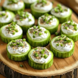 To make Everything Bagel Cucumber Bites, gather these fresh and simple items: - Large cucumber - Cream cheese (softened) - Greek yogurt (full-fat recommended) - Garlic powder - Onion powder - Dried dill - Everything bagel seasoning - Fresh chives (for garnish) - Salt and pepper to taste These ingredients work together to create a creamy, flavorful topping that pairs perfectly with the crunch of the cucumber. The cream cheese and Greek yogurt provide a rich base, while the seasonings give it that classic everything bagel flavor. The fresh chives add a pop of color and a mild onion taste, making each bite a delightful snack. You can find these ingredients at any grocery store, and they are easy to prepare. 1. Start by washing your large cucumber under cool running water. Make sure it is clean. 2. Slice the cucumber into 1/2-inch thick rounds. Aim for neat and even slices. 3. Arrange the cucumber slices on a clean platter. Space them apart for easier access. 1. In a medium bowl, add 4 oz of softened cream cheese. It should be at room temperature. 2. Next, add 1/4 cup of full-fat Greek yogurt to the bowl. 3. Use a fork or whisk to blend these two until smooth and creamy. 4. Add 1 teaspoon of garlic powder, 1 teaspoon of onion powder, and 1/2 teaspoon of dried dill. 5. Mix in a pinch of salt and pepper. Stir until everything is well combined. 1. Take your cucumber slices from the platter. 2. Using a small spoon or a piping bag, dollop or pipe the cream cheese mixture onto each slice. 3. Make sure to create a nice mound on top of each cucumber. 4. Lightly sprinkle everything bagel seasoning over each topped slice. 5. For a fresh touch, garnish each bite with finely chopped chives. 6. Serve these refreshing bites right away for the best taste. You can chill them for one hour if you prefer them cold. To serve cucumber bites, place them on a nice platter. You can arrange them in a circle for a fun look. For dips, try a light ranch or yogurt dip. Pair these bites with sparkling water or a fresh juice for a great drink option. They are perfect for parties or as a quick snack. Make your cucumber bites pop by using colorful plates. You can add cherry tomatoes or radishes for extra color. Arrange cucumber bites with some space between them. This makes it easy for guests to grab one. Consider placing a small bowl of everything bagel seasoning on the side for fun. You can prepare these bites ahead of time. Just keep the cucumber slices and cream cheese mixture separate until you are ready to serve. This keeps everything fresh and tasty. Store cucumber slices in water to keep them crisp. The mixture can stay in the fridge for up to two days. Just remember to mix it well before using. {{image_4}} You can switch up the cream cheese for different flavors. Try chive, garlic, or herb cream cheese. Each will bring a new taste. If you want a vegan option, use tofu-based cream cheese or cashew cream. Both work well and taste great. Consider adding fresh herbs like parsley or dill. They boost flavor and add color. You can also mix in spices like paprika or cayenne for a kick. Want a crunch? Top with diced tomatoes or radishes. These add-ins give your bites a unique twist. You can use various cucumber types, like English or Persian cucumbers. Each has a different texture and taste. If you want to try something new, use bell peppers or zucchini slices. They hold the cream cheese well and offer a fresh flavor. To keep your Everything Bagel Cucumber Bites fresh, place leftovers in an airtight container. This practice helps to lock in flavor and prevents drying out. Store them in the fridge for up to 2 days for the best taste. After that, the cucumbers may become soggy, and the cream cheese mixture might lose its creaminess. Before serving, chill the cucumber bites in the fridge for about 30 minutes. This step enhances their crispness and flavor. If you prepare them ahead of time, cover them well to maintain their texture. Avoid stacking them too high, which may cause them to squish. Enjoying these bites chilled makes for a refreshing snack! Yes, you can use low-fat cream cheese. It has fewer calories and fat. However, it may not be as creamy. This can affect the taste and texture of your bites. If you want a lighter option, mix it with Greek yogurt. This can help maintain creaminess while reducing fat. You can keep Everything Bagel Cucumber Bites in the fridge for up to one hour. After that, the cucumber may lose its crunch. If you make them ahead of time, store the cream cheese mixture separately. Assemble the bites just before serving for the best taste. Freezing these bites is not recommended. The cucumber will become mushy when thawed. If you want to prepare ahead, make the cream cheese mixture and freeze that. Thaw it in the fridge before serving. Then, slice fresh cucumbers and assemble the bites for a tasty snack. In this post, we explored how to make Everything Bagel Cucumber Bites. You learned about the key ingredients, step-by-step instructions, and serving tips. I also shared variations to try and storage tips to keep your bites fresh. These tasty bites are perfect for any gathering. They offer great flavor and are simple to make. Enjoy creating your version and impress your guests with this fun treat!
