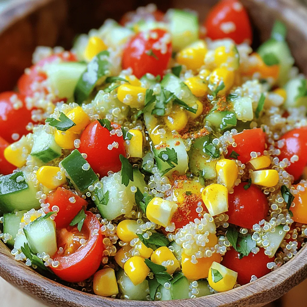 To make this Zesty Lime Cilantro Quinoa Salad, you will need the following fresh and vibrant ingredients: - 1 cup quinoa, thoroughly rinsed - 2 cups water or vegetable broth - 1 cup cherry tomatoes, halved - 1 bell pepper, diced - 1/2 cucumber, diced - 1/4 red onion, finely chopped - 1 cup corn (fresh or canned, drained) - 1/2 cup fresh cilantro, roughly chopped - Juice of 2 limes - 3 tablespoons olive oil - 1 teaspoon ground cumin - Salt and black pepper to taste These ingredients work together to create a salad that is not only colorful but also packed with flavor. Quinoa serves as a great base. It is high in protein and gluten-free. The lime juice adds a bright zing, while the cilantro gives a fresh, herbal note. Each veggie adds its own crunch and sweetness, making every bite exciting. 1. Start by boiling 2 cups of water or vegetable broth in a medium pot. 2. Once it boils, add 1 cup of rinsed quinoa with a pinch of salt. 3. Cover the pot with a lid and reduce the heat to low. Let it simmer for about 15 minutes. 4. After 15 minutes, remove it from heat but keep it covered for another 5 minutes. 5. Finally, use a fork to fluff the quinoa and set it aside to cool. 1. While the quinoa cooks, chop your veggies. 2. In a large bowl, mix together: - 1 cup of halved cherry tomatoes - 1 diced bell pepper (red or yellow) - 1/2 diced cucumber - 1/4 finely chopped red onion - 1 cup of corn (fresh or canned, drained). 1. Once the quinoa cools, gently fold it into the veggie mix. 2. For the dressing, whisk together: - Juice of 2 limes - 3 tablespoons of olive oil - 1 teaspoon of ground cumin - A pinch of salt and black pepper. 1. Drizzle the dressing over the quinoa and veggies. 2. Add 1/2 cup of chopped fresh cilantro. 3. Use a spatula or spoon to gently mix everything until well combined. 1. Cover the salad with plastic wrap or put it in an airtight container. 2. Chill it in the fridge for at least 30 minutes. This lets the flavors come together nicely. Rinsing quinoa is key. It removes the bitter coating called saponin. Use a fine-mesh sieve and rinse under cold water for a few minutes. This step ensures a pleasant taste in your salad. Cooking time adjustments may be needed based on your stove. Generally, quinoa cooks in about 15 minutes. If your quinoa is still crunchy, add a bit more water and simmer longer. Adjusting lime juice and seasoning can elevate your salad. Start with the juice of two limes, then taste. If it needs more zing, add extra lime juice. Use fresh ingredients for the best flavor. Fresh cilantro, ripe tomatoes, and crunchy peppers all make a difference. Always choose the freshest produce you can find to maximize taste. Serving suggestions can make your salad pop. Chill the salad and serve it in a vibrant bowl. This makes the colors stand out. Garnishing tips include adding extra cilantro leaves and lime wedges. These touches not only look good but also add extra flavor. A colorful platter can impress your guests, making the meal feel special. {{image_4}} You can make this salad heartier by adding protein. Grilled chicken or shrimp works well. Just slice or dice it and mix it in. If you prefer plant-based options, black beans or chickpeas are great choices. They add protein and fiber, making the salad even more filling. This salad is easy to adapt for different diets. You can keep it vegan by using vegetable broth. If you want to make it gluten-free, just ensure the quinoa is certified gluten-free. These simple swaps keep everyone happy at the table. To change up the taste, try other fresh herbs. Basil or parsley can add a new twist. You can also experiment with different dressings. A balsamic vinaigrette or a creamy avocado dressing can give it a unique flavor. Mixing things up keeps the salad exciting and fresh every time! To store your Zesty Lime Cilantro Quinoa Salad, place it in an airtight container. This keeps it fresh and prevents smells from mixing. The salad stays good for about three to five days in the fridge. Always check for freshness before eating. You can freeze this salad, but the texture may change. If you choose to freeze it, use a freezer-safe container. When it's time to eat, thaw it overnight in the fridge. Avoid using a microwave as it can make the salad soggy. To refresh the salad after storage, add a bit of lime juice and olive oil. This brings back the zesty flavor. Serve it cold or at room temperature. It tastes great on its own or as a side for grilled meats. Enjoy every colorful bite! You can store this salad in the fridge for up to three days. Keep it in an airtight container to keep it fresh. The flavors will blend nicely as it sits, but the veggies may get a bit softer over time. Yes, you can make this salad ahead of time! Prepare it up to a day before. Just mix all the ingredients and store them in the fridge. When you are ready to serve, give it a gentle toss. This salad tastes even better after sitting for a while. You can customize this salad easily. For a protein boost, add grilled chicken or black beans. If you want it vegan, skip the chicken and use chickpeas. For gluten-free needs, this recipe is already safe. You can also swap cilantro for parsley if you prefer a different taste. This blog post covered a fresh and tasty quinoa salad. You learned about the ingredients, preparation steps, and tips to enhance flavor. I shared ways to store your salad and suggested variations to suit different diets. Try this recipe for a healthy meal or side dish. You can easily adapt it with your favorite ingredients. Enjoy creating your own versions and making this dish a part of your meals!