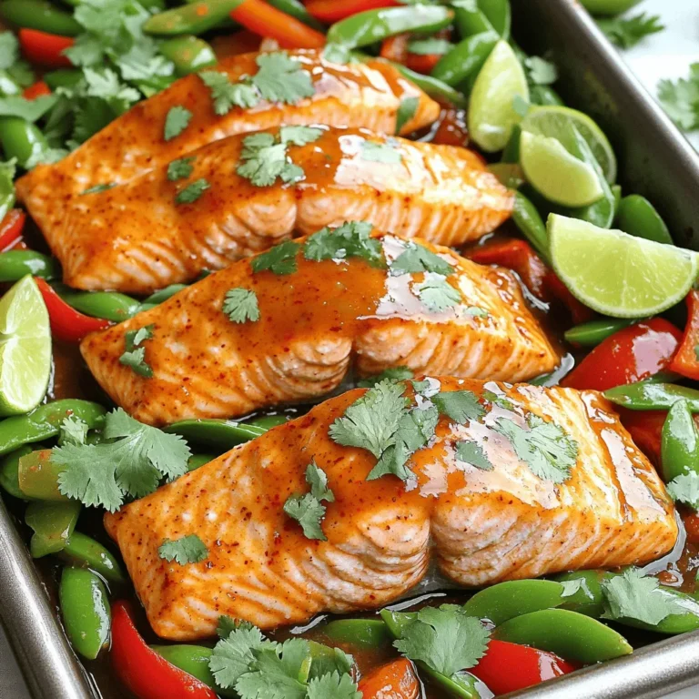To make this tasty sheet-pan sweet chili lime salmon, gather the following items: - 4 fresh salmon fillets - 1/4 cup sweet chili sauce - Zest and juice of 2 limes - 2 tablespoons extra virgin olive oil - 2 cloves garlic, finely minced - 1 teaspoon freshly grated ginger - Sea salt and freshly cracked black pepper, to taste - 1 red bell pepper, thinly sliced - 1 cup sugar snap peas, trimmed - Fresh cilantro leaves, for garnish - Lime wedges, for serving I always prefer fresh ingredients for this recipe. Fresh salmon tastes better. It also cooks more evenly. Fresh veggies add crunch and bright colors. However, frozen salmon works if fresh is not available. Just make sure to thaw it properly. Frozen veggies are fine too. They may not be as crisp but still taste good. Want to amp up the flavor? Here are some optional ingredients to try: - A splash of soy sauce for umami - Chopped green onions for a fresh bite - Sesame seeds for a nutty crunch - Sriracha for added heat Feel free to mix and match based on your taste! First, you need to preheat your oven to 400°F (200°C). This helps the salmon cook evenly. Gather all your ingredients: salmon fillets, sweet chili sauce, limes, olive oil, garlic, ginger, salt, pepper, red bell pepper, and sugar snap peas. Having everything ready makes the cooking process smoother. In a small bowl, mix the sweet chili sauce, lime juice, lime zest, olive oil, minced garlic, and grated ginger. This blend creates a tasty glaze that adds a burst of flavor. Don’t forget to add salt and pepper to taste. This step is key for a well-seasoned dish. Take a large sheet pan and place the salmon fillets skin-side down in the center. Now, use a brush or spoon to coat each fillet with the sweet chili lime glaze. Make sure each piece is covered well. Next, add the sliced red bell pepper and sugar snap peas around the salmon. Drizzle any leftover glaze over the veggies. This adds extra flavor and makes everything look colorful. Carefully put the sheet pan in the preheated oven. Bake for 15 to 20 minutes. You want the salmon to be fully cooked and flaky, while the veggies should be tender but still bright. Keep an eye on them to ensure they don’t overcook. Once baked, take the sheet pan out of the oven and let it rest for a few minutes. This helps the flavors settle in. Before you serve, sprinkle fresh cilantro leaves on top for added freshness. Serve with lime wedges for an extra kick of zest. Enjoy your meal! To get the best salmon, aim for 15 to 20 minutes in the oven. The salmon should look opaque and flake easily with a fork. Keep an eye on it to prevent overcooking. If your fillets are thicker, add a few extra minutes. Always check the thickest part for doneness. For crisp veggies, cut them into uniform pieces. This helps them cook evenly. Add them to the pan around the salmon, but do not crowd them. A little space allows hot air to circulate. Drizzle with some of the glaze, but avoid soaking them to keep them crunchy. You will need a large, rimmed sheet pan for even cooking. Use a mixing bowl for the glaze and a brush to coat the salmon. A sharp knife is great for slicing veggies. A fork helps check if the salmon is done. Keep these tools handy to make cooking smooth and easy. {{image_4}} You can easily swap salmon for chicken or tofu. For chicken, use boneless thighs or breasts. Marinate them in the same sweet chili lime glaze. Bake at 400°F for 25-30 minutes. Ensure the chicken reaches 165°F for safety. Tofu works great too! Use firm tofu, cut into cubes. Toss the tofu in the glaze and bake for about 20 minutes. This gives a nice crisp outside while keeping it soft inside. Feel free to change the veggies! Broccoli, zucchini, or asparagus are great options. Cut them into bite-sized pieces for even cooking. Toss them in the same glaze to keep the flavor consistent. For a seasonal twist, use roasted butternut squash or Brussels sprouts. These add a sweet and earthy taste to the dish. Want more heat? Add sliced jalapeños or red pepper flakes to the glaze. Start with a small amount, then taste. You can always add more! If you prefer less spice, use mild sweet chili sauce. You can also leave out the garlic for a simpler flavor. Everyone’s taste is different, so adjust to fit your style! To keep your leftovers fresh, let the salmon cool. Place it in an airtight container. Store it in the fridge. It will stay good for about 3 days. Make sure to include the veggies too! When you're ready to eat, reheat in the oven. Preheat the oven to 350°F (175°C). Put the salmon and veggies on a baking sheet. Heat for about 10-15 minutes. This helps keep the salmon moist and the veggies crisp. You can freeze leftovers for later. Wrap each salmon fillet in plastic wrap. Then, put them in a freezer bag. You can freeze for up to 3 months. When you want to eat it, thaw overnight in the fridge. Reheat as mentioned earlier for the best taste. Yes, you can use other fish. Try trout or tilapia. Both have mild flavors. They cook well and soak up the glaze nicely. Just adjust the cooking time based on thickness. You can store leftovers for up to three days. Place the salmon in an airtight container. Keep it in the fridge for the best taste. Reheat gently to avoid drying out the fish. Serve with rice, quinoa, or a fresh salad. The grains soak up the sauce perfectly. A side of steamed broccoli or asparagus complements the meal well. Yes, you can prep the glaze and chop the veggies. Store them in the fridge for up to one day. Just add the salmon and bake when you are ready to eat. Yes, this recipe is gluten-free. Sweet chili sauce is often gluten-free, but check the label. Always ensure that all ingredients meet your dietary needs. In this article, we explored the key ingredients for your dish, including fresh versus frozen options. We covered step-by-step instructions for prep and baking, ensuring tasty results every time. I also shared helpful tips for perfect cooking times and tools. With variations for proteins and vegetables, your options are endless. Lastly, we discussed how to store leftovers and reheat them for best flavor. Now it’s time to enjoy your meal while being creative. You can make this dish your own and impress everyone at the table.