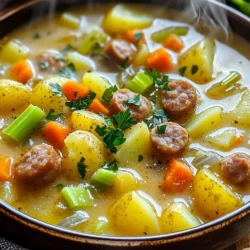 - 1 lb Italian sausage - 4 medium-sized potatoes - 1 large onion - 2 carrots - 2 celery stalks - 4 cloves garlic - 4 cups chicken broth - 1 cup heavy cream or coconut milk - Dried thyme and smoked paprika - Salt and pepper - Fresh parsley for garnish - Additional seasoning suggestions The main ingredients in this soup bring warmth and heartiness. The Italian sausage adds rich flavor. Potatoes give it a nice texture. Use medium-sized potatoes, peeled and diced into cubes. Chop up the onion finely for a sweet taste. Dice the carrots and chop the celery into small rings. This adds color and crunch. You also need garlic, which boosts flavor. I love using four cloves, minced finely. The chicken broth gives the soup its base. I suggest using low-sodium broth for better control over salt. For creaminess, add one cup of heavy cream or coconut milk. This makes it rich without overpowering the flavors. Finally, season with dried thyme and smoked paprika. They add depth to the soup. Don’t forget salt and pepper to taste. Adjust these to fit your preference. For garnish, fresh parsley adds a lovely touch. It brightens the dish visually and flavor-wise. You can also try other seasonings like red pepper flakes for a kick. To brown the Italian sausage, heat a skillet over medium heat. Add the sausage, breaking it apart with a spatula. Cook until it is browned and crumbly. This should take about 5 to 7 minutes. If there is excess fat, drain it. Then, transfer the sausage to the slow cooker. Next, we need to prepare the vegetables. Dice the potatoes into small cubes. Chop the onion, carrots, and celery into small pieces. In the slow cooker, add the diced potatoes, chopped onion, diced carrots, and chopped celery on top of the browned sausage. Stir gently to combine the ingredients well. Now, let’s layer the flavors in the soup. Sprinkle the minced garlic over the vegetables and sausage. Pour in the low-sodium chicken broth. Add the dried thyme and smoked paprika. Season with salt and pepper to taste. Mix well to ensure all ingredients are evenly distributed. Cover the slow cooker with the lid. Set it to cook on low for 6 to 8 hours or on high for 3 to 4 hours. The soup is ready when the vegetables are tender and the flavors meld beautifully. You will know it's done when you can easily pierce the potatoes with a fork. About 30 minutes before serving, gently stir in the heavy cream or coconut milk. This will enhance the soup's creaminess. Taste and adjust the seasoning with extra salt or pepper if necessary. Once the cooking time is complete, ladle the hearty soup into bowls. If you want, garnish each bowl with fresh chopped parsley. This adds color and a fresh taste. Pair your soup with crusty bread or a simple salad for a complete meal. To boost the taste of your Rustic Sausage Potato Soup, consider adding fresh herbs like thyme or rosemary. They add a lovely aroma. You can also sprinkle in a bit of smoked paprika for a warm, smoky flavor. If you want more depth, try a splash of vinegar or lemon juice. This adds brightness and cuts through the creaminess. For sweetness, a touch of honey or brown sugar can balance the savory notes. Slow cookers can vary a lot in heat. If yours cooks hot, check the soup at 3 hours on high or 5 hours on low. You want the potatoes and carrots soft but not mushy. A fork should easily pierce them. If you have a new slow cooker, check for doneness early to avoid overcooking. To make this soup a complete meal, serve it with crusty bread or a fresh salad. A slice of sourdough is perfect for dipping. If you want to add protein, toss in some cooked beans or shredded chicken. Quinoa or rice can also make it heartier. These additions will keep everyone satisfied! {{image_4}} If you need a dairy-free option, use coconut milk instead of heavy cream. This change adds a subtle sweetness and keeps the soup rich. For those needing gluten-free adjustments, ensure your chicken broth is gluten-free. You can also check the sausage label to confirm there are no gluten ingredients. You can jazz up the soup by adding other vegetables. Kale and sweet potatoes work well. They add color and nutrients. You can also try different types of sausage. Spicy sausage will give the soup a kick, while turkey sausage keeps it lighter. You can serve this soup in two ways. For a chunky stew, keep the potatoes and veggies larger. If you want a smooth soup, blend it after cooking. Garnishing can also be fun. Try adding a dollop of sour cream or a sprinkle of cheese. Fresh herbs like parsley or chives can brighten the dish. To store leftover soup, let it cool first. Use a clean container with a tight lid. This keeps your soup fresh and safe to eat. In the fridge, it lasts up to 3-4 days. Always label your container with the date you made it. This way, you know how long it has been there. If you want to save some soup for later, freezing works great. Use freezer-safe bags or containers. Leave space at the top because soup expands when frozen. Your soup will be good for up to 3 months. When you are ready to eat it, thaw it overnight in the fridge. To reheat, pour the soup into a pot and warm it on low heat. Stir often to avoid burning. To make cooking easier, prepare your ingredients in advance. Chop the vegetables the night before and put them in the fridge. You can also brown the sausage ahead of time. This will save you time on busy days. When you are ready to cook, just add everything to the slow cooker. This makes the process fast and simple! Yes, you can use frozen vegetables in this soup. They save time and still taste great. Just make sure to add them at the same time as the other veggies. This way, they cook evenly and blend well with the flavors. Absolutely! To make this soup on the stovetop, brown the sausage in a large pot first. Then, add the diced potatoes, onion, carrots, and celery. Stir in the garlic, broth, thyme, and paprika. Bring it all to a boil, then reduce the heat to low. Let it simmer for about 30-40 minutes, or until the veggies are tender. Finally, stir in the cream and adjust the seasoning. To adjust the recipe, simply halve the ingredients. For example, use ½ lb of sausage and 2 potatoes. This will help you make a smaller batch. You can also scale it down by using a smaller slow cooker if you have one. This soup goes well with many types of bread. I recommend using crusty bread, like a baguette or sourdough. These breads soak up the soup nicely. You can also try garlic bread or warm dinner rolls for a tasty side. Yes, this soup freezes well. To freeze, let it cool completely. Then, transfer it to airtight containers. It can last up to three months in the freezer. When you're ready to eat, thaw it overnight in the fridge and reheat on the stove. Stir in a bit more cream if needed for added richness. This blog post has shown you how to make a hearty Italian sausage soup. We explored the key ingredients, step-by-step cooking instructions, and tips to enhance flavor. Remember to adjust the recipe to fit your needs, whether you prefer chunky or smooth textures. Don’t forget to experiment with different vegetables or seasonings. With these techniques, you can enjoy a delicious meal that warms your soul. Now it's time to grab your slow cooker and enjoy!