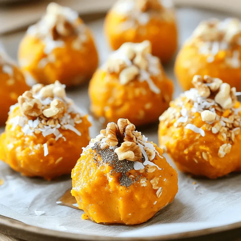 To make these bites, you need a few simple ingredients: - 1 cup creamy pumpkin puree - 1 cup rolled oats - 1/2 cup almond butter (or your choice of nut/seed butter) - 1/4 cup honey or pure maple syrup - 1 teaspoon natural vanilla extract - 2 teaspoons chai spice blend (or a mix of ground cinnamon, ginger, cardamom, and nutmeg) - 1/4 teaspoon fine sea salt These core ingredients create a smooth and flavorful base. The pumpkin puree adds moisture and a rich taste. The oats provide a hearty texture. Almond butter binds everything and gives a nutty flavor. You can customize your bites with these optional add-ins: - 1/2 cup finely chopped walnuts or pecans (for added crunch) - 1/4 cup unsweetened shredded coconut (for a tropical touch) These add-ins boost texture and flavor. Nuts offer a nice crunch, while coconut adds a hint of sweetness. You can easily adapt the recipe for different diets: - Swap almond butter for sunflower seed butter for a nut-free option. - Use agave syrup instead of honey for a vegan choice. - Replace rolled oats with gluten-free oats for a gluten-free treat. These substitutions keep the bites tasty while catering to various dietary needs. Feel free to mix and match to suit your preferences! Start by gathering your ingredients. In a large bowl, add 1 cup of creamy pumpkin puree, 1 cup of almond butter, 1/4 cup of honey, and 1 teaspoon of vanilla extract. Mix these ingredients well using a spatula or wooden spoon. You want the mixture to be smooth and creamy. Take your time to blend everything together. This base will give your bites their rich flavor. Next, it’s time to add the oats and spices. Gradually stir in 1 cup of rolled oats, 2 teaspoons of chai spice blend, and 1/4 teaspoon of sea salt. If you love a crunch, add in 1/2 cup of chopped walnuts or pecans too. Mix everything until the oats are well coated. If you want a tropical touch, now is the time to fold in 1/4 cup of shredded coconut. This will add extra flavor and texture to your bites. Now, it’s time to shape your mixture into bites. With clean, slightly damp hands, take small portions and roll them into balls about 1 inch in diameter. The moisture from your hands helps reduce stickiness. Place the formed bites on a parchment-lined baking sheet or a plate. Once you finish rolling all the bites, refrigerate them for at least 30 minutes. This makes them firm and perfect for snacking. Enjoy these tasty bites chilled, and store any leftovers in an airtight container in the fridge. To roll perfect bites, use slightly damp hands. This helps the mixture stick less. Take a small amount of the mix and roll it between your palms. Aim for about one inch in size. If the mix is too sticky, chill it for a bit. This makes it easier to shape. If you're making many, keep your hands damp to save time. Chai spice blend adds warmth and depth. You can also adjust the spice levels to your taste. If you want more heat, add extra ginger or cardamom. For a sweeter touch, sprinkle in more cinnamon. Always taste as you go. This helps you find the perfect balance. Experimenting with spices can lead to fun new flavors. Store your bites in an airtight container. This keeps them fresh for up to one week. Make sure to chill them before storing. This helps maintain their shape. If you want to keep them longer, freeze them. Just place them in a single layer on a baking sheet first. Once frozen, transfer them to a bag. This way, you can enjoy them anytime! {{image_4}} You can change the taste of your No Bake Chai Pumpkin Bites by using different nut butters. Almond butter adds a mild flavor. Peanut butter gives a rich and bold taste. Cashew butter is smooth and creamy, while sunflower seed butter is great for nut allergies. Each nut butter brings its own twist, so don’t be afraid to experiment! For special occasions, think about adding seasonal flavors. During fall, you can mix in some finely chopped apples or dried cranberries. In winter, try adding a bit of orange zest for a bright taste. For a summer twist, consider adding some fresh berries or mango bits. These additions not only enhance flavor but also make your bites festive! Making these bites gluten-free is easy. Use certified gluten-free oats. To make them vegan, swap honey for maple syrup. Both ingredients keep the bites sweet and delicious. If you want a nut-free option, use sunflower seed butter instead of nut butters. This way, everyone can enjoy these tasty treats, regardless of diet! You can serve No Bake Chai Pumpkin Bites in fun and tasty ways. Place them on a big, colorful platter. You can mix them with fresh fruit like apple slices or berries. This adds a pop of color and flavor. For a fun twist, stick a toothpick in each bite. This makes them easy to grab at parties. If you want to make them even more special, drizzle some honey or maple syrup on top. These bites pair well with many drinks. A warm cup of chai tea matches the spices in the bites. You can also serve them with coffee for a cozy treat. For something cool, iced tea or almond milk works great too. If you want a refreshing option, try sparkling water with a splash of lemon. Each drink brings out the flavors of the bites. To impress your guests, present the bites neatly. Arrange them on a fancy plate and sprinkle extra chai spice on top. You can add a small bowl of honey or maple syrup nearby for dipping. Using mini cupcake liners can add a cute touch. This makes each bite look like a treat. For a festive look, add some seasonal decorations around the platter. These simple tips will make your No Bake Chai Pumpkin Bites the star of any gathering. Yes, you can use canned pumpkin puree. It saves time and works well. Just make sure to choose 100% pure pumpkin, not pumpkin pie filling. This puree gives your bites a smooth texture and rich taste. These bites can last up to one week in the fridge. Store them in an airtight container. This keeps them fresh and tasty. Just take them out when you’re ready to enjoy a snack. You can freeze these bites for later. Place them in a single layer on a tray. Once they are frozen, transfer them to a freezer-safe bag. They can last up to three months in the freezer. Just thaw them in the fridge before eating. In this blog post, we explored making No Bake Chai Pumpkin Bites. We covered essential ingredients and optional add-ins for extra flavor. I shared easy steps for mixing, shaping, and chilling the bites. You learned how to enhance the bites with tips and variations. Finally, I offered serving suggestions. These bites are tasty and fit many diets. Enjoy making them for yourself or sharing with friends!