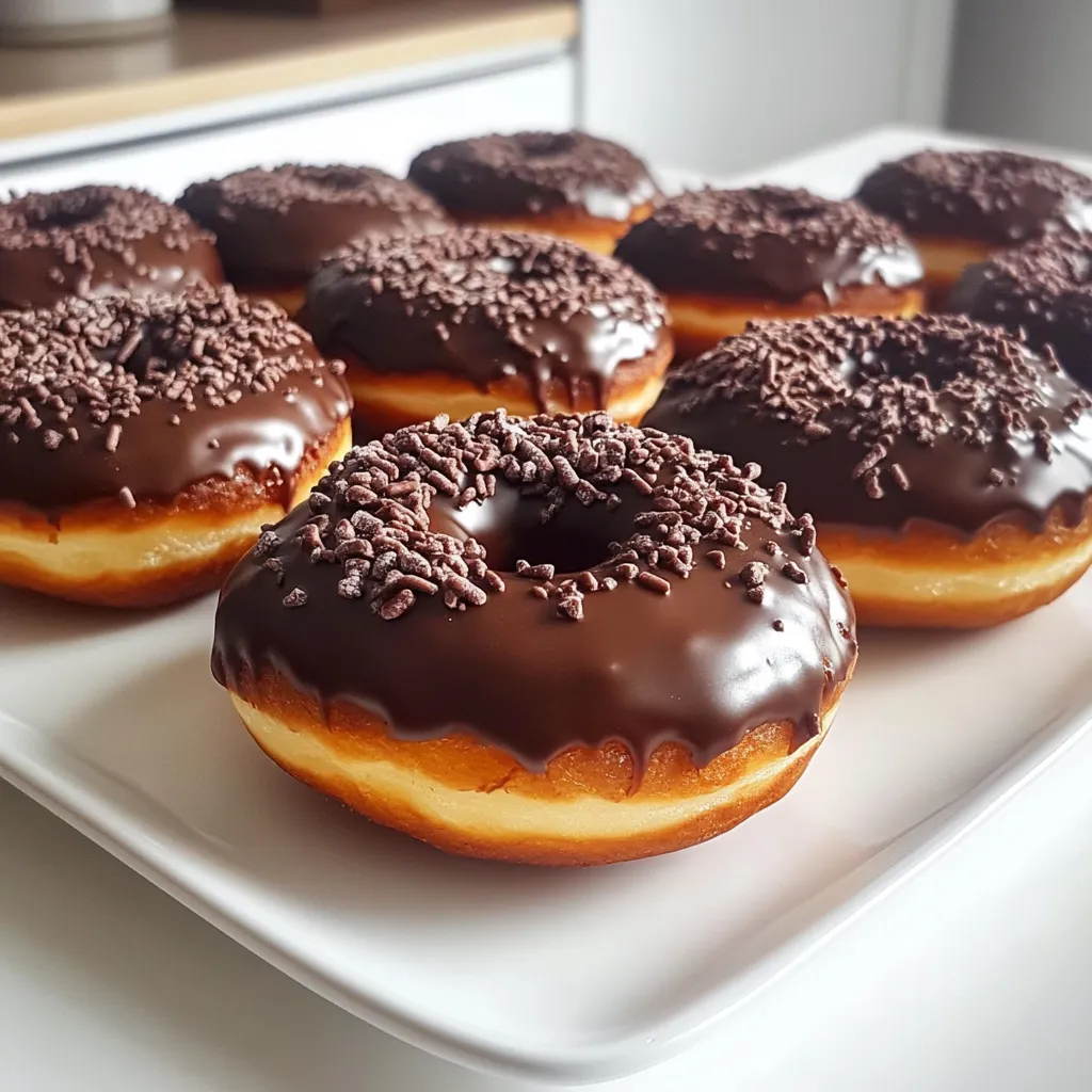 To make the best double chocolate donuts, gather these ingredients: - 1 cup all-purpose flour - 1/2 cup unsweetened cocoa powder - 1 cup granulated sugar - 1 teaspoon baking powder - 1/2 teaspoon baking soda - 1/2 teaspoon salt - 1 large egg - 1/2 cup buttermilk (or milk plus 1/2 tablespoon lemon juice) - 1/4 cup vegetable oil - 1 teaspoon pure vanilla extract - 1/2 cup semi-sweet chocolate chips - 1/4 cup chocolate sprinkles (for topping) You can swap some ingredients if needed: - Use whole wheat flour instead of all-purpose flour for a healthier option. - Replace buttermilk with regular milk mixed with lemon juice for acidity. - Use coconut oil or melted butter instead of vegetable oil for a richer taste. - Try dark chocolate chips for a more intense chocolate flavor. Quality matters for great taste. Here are my suggestions: - Choose unsweetened cocoa powder with a deep color for rich flavor. - Select fresh eggs for the best rise and texture. - Use pure vanilla extract instead of imitation for a true vanilla taste. - Pick semi-sweet chocolate chips with high cocoa content for extra richness. - Always check expiration dates on baking powder and soda for best results. Using quality ingredients helps you create delightful donuts that taste like they came from a bakery. First, preheat your oven to 350°F (175°C). This step is key for even baking. Next, grab your donut pan. Lightly grease it with non-stick spray or vegetable oil. A well-greased pan helps the donuts pop out easily after baking. In a large mixing bowl, add these dry ingredients: - 1 cup all-purpose flour - 1/2 cup unsweetened cocoa powder - 1 cup granulated sugar - 1 teaspoon baking powder - 1/2 teaspoon baking soda - 1/2 teaspoon salt Whisk these ingredients together until they are fully mixed. This step is crucial for uniform flavor and texture. In another bowl, crack one large egg and beat it lightly. Add in: - 1/2 cup buttermilk (or substitute with milk plus 1/2 tablespoon lemon juice) - 1/4 cup vegetable oil - 1 teaspoon pure vanilla extract Stir this mixture until it is smooth. Slowly pour this wet mix into the dry ingredients. Use a spatula or wooden spoon to stir gently. Mix until just combined. Avoid overmixing to keep the donuts light and fluffy. Next, fold in 1/2 cup of semi-sweet chocolate chips. This ensures every donut has a chocolate burst. Prepare a piping bag or a zip-lock bag. Trim off one corner to fill the donut molds easily. Fill each mold about 3/4 full. This gives room for the donuts to rise. Place the pan in the preheated oven. Bake for 10-12 minutes. To check if they are done, insert a toothpick into the center of a donut. If it comes out clean, they are ready. Once baked, let the donuts sit in the pan for about 5 minutes. Then, move them to a wire rack to cool completely. This helps maintain their fluffy texture. To get soft and fluffy donuts, don't overmix your batter. When you mix, stop as soon as the wet and dry ingredients blend. This keeps the donuts airy. Using buttermilk helps too. It adds moisture and creates a tender crumb. Make sure the oven is at the right temperature. An oven thermometer can help ensure accuracy. One common mistake is filling the donut pan too much. Fill each mold only 3/4 full. This allows room for the donuts to rise without spilling over. Another mistake is not letting the donuts cool. If you glaze them while warm, the glaze will melt off. Always let them cool on a wire rack first. You can enhance the flavor of your donuts in fun ways. Try adding a pinch of cinnamon or nutmeg to the dry mix. A splash of almond extract can also give a nice twist. For a richer chocolate taste, use dark chocolate chips instead of semi-sweet. Don’t forget about toppings. You can mix in crushed nuts or coconut for extra texture. {{image_4}} You can change the chocolate in your donuts. Use dark chocolate for a rich taste. It adds depth and a slight bitterness. White chocolate gives a sweet and creamy flavor. You can mix dark and white chocolate for a unique twist. Try adding cocoa nibs for crunch. They enhance the chocolate flavor while adding texture. Donuts can reflect the seasons too. In winter, add peppermint extract for a holiday treat. The mint pairs well with the chocolate. During fall, consider adding a hint of pumpkin spice. It brings warmth and comfort to the flavor. These seasonal twists can make your donuts feel special all year round. Toppings can elevate your donuts. A simple chocolate glaze makes them shiny and sweet. You can also use a vanilla glaze for a different flavor. For crunch, sprinkle nuts or toffee bits on top. If you want a filled donut, pipe in cream or fruit preserves. This adds surprise and delight in every bite. To keep your donuts fresh, place them in an airtight container. This helps lock in moisture and flavor. Make sure they are completely cool before storing. If you stack them, put parchment paper between layers. This prevents sticking. Donuts are best enjoyed within two days at room temperature. For longer storage, consider freezing. To freeze your donuts, first let them cool completely. Then, wrap each donut in plastic wrap. After that, place them in a freezer-safe bag. Be sure to remove as much air as possible. Donuts can last up to three months in the freezer. When you’re ready to eat them, just thaw at room temperature. To reheat your donuts, use the microwave for quick warming. Heat them for about 10-15 seconds. If you prefer a crispy texture, use an oven. Preheat it to 350°F (175°C), then bake for 5-7 minutes. Enjoy them warm for the best taste! Yes, you can easily replace buttermilk. Use regular milk and add 1/2 tablespoon of lemon juice. Let it sit for about five minutes. This will give your donuts a nice tangy flavor. These donuts taste best on the first day. You can store them in an airtight container for up to three days. To keep them fresh longer, consider freezing them. Yes, you can use a muffin tin if you don’t have a donut pan. Just fill each muffin cup about 3/4 full. The baking time may change slightly, so check for doneness with a toothpick. If you lack a donut pan, try using a silicone mold or even a baking sheet. For a baking sheet, pipe the batter into donut shapes using a zip-lock bag, or make donut holes by rolling the batter into balls. You learned about key ingredients, step-by-step instructions, and useful tips for making donuts. Remember, the right ingredients and technique lead to delicious results. Try different flavors, toppings, and storage tips for your perfect treat. Baking is a fun journey, so don't fear mistakes; learn from them. Get creative and share your donut adventures with friends. Enjoy every bite you create!