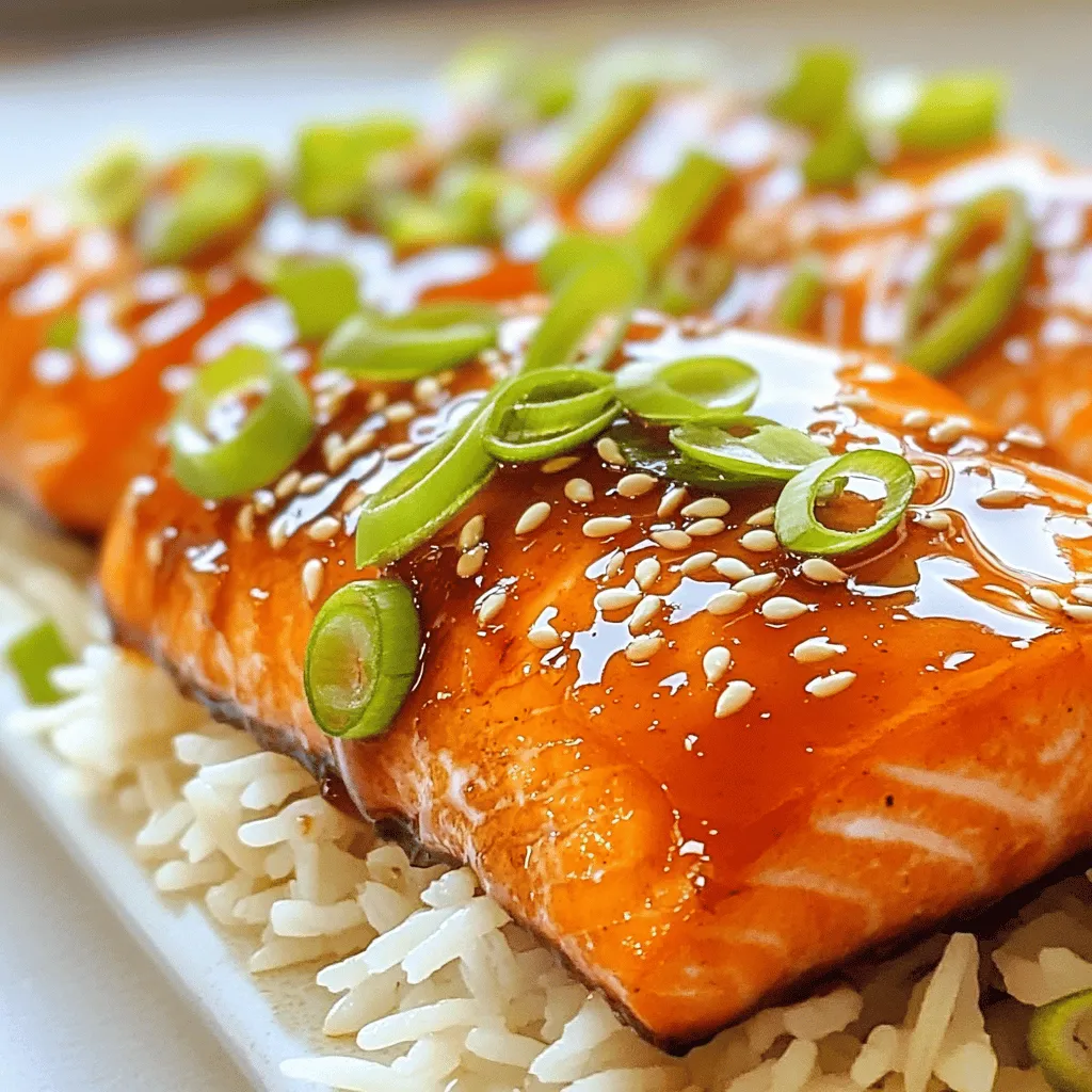 For this dish, you need 4 salmon fillets. Each fillet should weigh about 6 ounces. Fresh salmon works best, as it gives a nice texture and flavor. If you want, you can also use frozen fillets. Just make sure to thaw them before cooking. The marinade is what makes this dish special. Here’s what you need: - ¼ cup honey - 2 tablespoons Sriracha sauce - 2 tablespoons soy sauce - 1 tablespoon fresh ginger, grated - 2 cloves garlic, minced - 1 tablespoon sesame oil - 1 tablespoon rice vinegar - Salt and pepper to taste Mixing these ingredients creates a sweet and spicy glaze. The honey adds sweetness, while the Sriracha gives it a nice kick. The ginger and garlic add depth to the flavor. Garnishes make your dish look great! For this recipe, you need: - 2 green onions, thinly sliced - Sesame seeds The green onions add a fresh crunch. The sesame seeds give a nutty flavor and a pop of color. These small touches make your meal not just tasty but also beautiful! First, preheat your oven to 400°F (200°C). This step is key for even cooking. Next, line a baking sheet with parchment paper. This will make cleanup easy later. In a medium mixing bowl, combine the following ingredients: - ¼ cup honey - 2 tablespoons Sriracha sauce - 2 tablespoons soy sauce - 1 tablespoon fresh ginger, grated - 2 cloves garlic, minced - 1 tablespoon sesame oil - 1 tablespoon rice vinegar Whisk these items together until smooth. This glaze adds sweet and spicy flavor to the salmon. Season both sides of the salmon fillets with salt and pepper. Place them skin-side down on the lined baking sheet. Use a basting brush to apply a thick layer of the honey Sriracha glaze on each fillet. Save some glaze for basting later. Bake the salmon in the oven for 12-15 minutes. It’s done when it flakes easily with a fork. Halfway through baking, baste the salmon with the reserved glaze for extra flavor. After baking, let the salmon rest for a few minutes. This keeps it juicy. Before you serve, add sliced green onions and a sprinkle of sesame seeds on top. This adds a nice touch to your dish. Enjoy your meal! To get the best glaze, mix your sauce well in a bowl. Use honey, Sriracha, and soy sauce for a sweet and spicy flavor. Whisk until smooth. This mix should coat the salmon nicely. Apply it with a basting brush for even coverage. Baste halfway through baking for a stronger taste. Cook salmon at 400°F (200°C) for 12-15 minutes. The fish is done when it flakes easily with a fork. Use a food thermometer to check. The ideal internal temperature is 145°F (63°C). If you don’t have one, look for a slight opacity in the center. This shows it’s cooked just right. Make your dish pop with color and texture. Serve the salmon on a bed of fluffy jasmine rice. Add steamed veggies for a bright look. Garnish with green onions and sesame seeds for style. Drizzle a bit of glaze on top before serving. This gives it a shiny, attractive finish. {{image_4}} You can change the flavors in this dish by swapping some ingredients. For a sweeter taste, try using maple syrup instead of honey. If you like heat, add more Sriracha or use chili paste. For a tangy twist, use lime juice instead of rice vinegar. If you want to try a different protein, you can use chicken or tofu. These changes keep the dish fresh and fun! You can cook honey Sriracha glazed salmon in different ways. Baking is simple and gives a nice, even cook. Just follow the oven steps in the recipe. Grilling adds a smoky flavor. To grill, preheat your grill and oil the grates. Cook the salmon for about 4-5 minutes on each side. This method also gives you lovely grill marks! When it comes to serving, think about color and texture. Plating the salmon over jasmine rice looks great and helps soak up the glaze. You can also serve it on a bed of steamed veggies, like broccoli or green beans, for a healthy choice. For an extra touch, drizzle more honey Sriracha glaze on top. It adds flavor and looks beautiful! After enjoying your Honey Sriracha Glazed Salmon, store leftovers in an airtight container. Keep the salmon in the fridge for up to three days. Make sure it cools to room temperature before sealing. This keeps the fish fresh and tasty for your next meal. To reheat, place the salmon on a baking sheet. Preheat your oven to 350°F (175°C). Heat for about 10 minutes or until warm. This keeps the fish moist and preserves the glaze. You can also use the microwave, but be careful not to overcook it. Heat in short bursts to avoid drying it out. You can freeze the salmon if you want to save it longer. Wrap each fillet tightly in plastic wrap, then place them in a freezer bag. Remove as much air as you can. This helps prevent freezer burn. You can keep the salmon in the freezer for up to three months. When ready to eat, thaw it in the fridge overnight before reheating. Yes, you can use other fish. Options include trout, tilapia, or cod. These fish have a mild taste that works well with the glaze. They cook at similar times as salmon. Just check the cooking times for each fish. Keep the glaze the same for best flavor. Salmon is ready when it flakes easily with a fork. You can also check the inside color. It should be a light pink. Use a food thermometer for more accuracy. The internal temperature should reach 145°F (63°C). If you see opaque flesh, it is done. Many side dishes go well with this salmon. Here are a few ideas: - Steamed jasmine rice - Quinoa salad - Roasted vegetables - Stir-fried bok choy - Cucumber salad These sides balance the flavors of the dish. They also add color to your plate. Enjoy mixing and matching! This blog post shared easy steps to make Honey Sriracha Glazed Salmon. We discussed the best ingredients, from salmon fillets to marinade flavors. You learned how to prepare and bake the salmon to perfection. Using tips and tricks can help you achieve the ideal glaze and presentation. Exploring variations lets you change flavors and cooking methods. Finally, proper storage and reheating keep your leftovers tasty. Enjoy a delicious meal that is both simple and satisfying. You’re now ready to impress with your cooking skills!