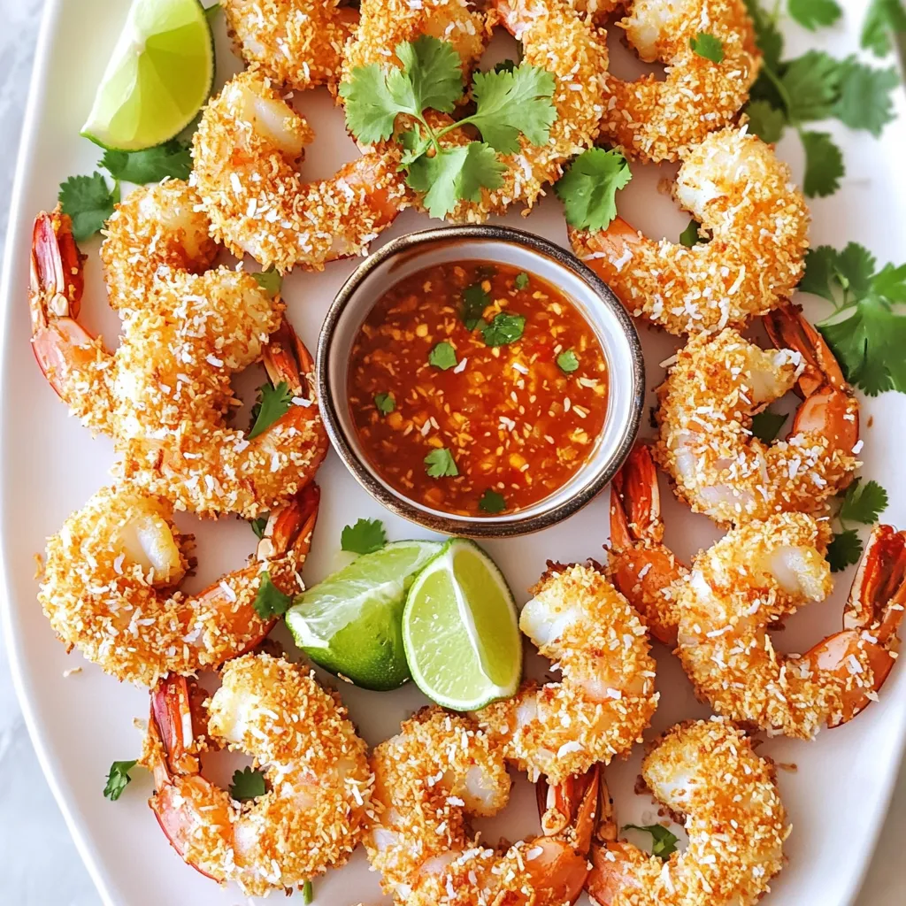 To make Air Fryer Crispy Coconut Shrimp, you need a few simple ingredients. Here’s what you will need: - 1 lb large shrimp, peeled and deveined - 1 cup shredded coconut - 1 cup panko breadcrumbs - 2 large eggs, beaten - 1/2 cup all-purpose flour - 1 tsp garlic powder - 1 tsp paprika - Salt and pepper, to taste - Cooking spray These ingredients work together to create a crunchy, flavorful shrimp dish. I recommend choosing sweetened coconut for a sweeter taste or unsweetened for a more natural flavor. The panko breadcrumbs add a nice crunch that makes this dish extra special. The garlic powder and paprika spice things up, giving your shrimp a great depth of flavor. Gather these ingredients before you start cooking. It makes the process easier and faster. Trust me, having everything ready helps you enjoy the cooking experience. - Start by patting the shrimp dry with paper towels. This step is key. Dry shrimp help the coating stick well. If you skip this, the coating may fall off. - Now, set up your breading station. You will need three bowls. In the first bowl, mix flour, salt, pepper, garlic powder, and paprika. In a second bowl, beat the eggs until smooth. In the last bowl, combine shredded coconut and panko breadcrumbs. - Take a shrimp and coat it in the flour mixture. Shake off the excess flour. This helps avoid clumps on the shrimp. - Next, dip the floured shrimp into the beaten eggs. Make sure it is fully coated. This step helps the next layer stick. - Now, roll the shrimp in the coconut and panko mix. Press gently to make sure the coating sticks to each shrimp nicely. - Preheat your air fryer to 400°F (200°C). This takes about 5 minutes. Preheating helps cook the shrimp evenly. - Lightly spray the air fryer basket with cooking spray. This prevents sticking and helps with crispiness. - Arrange the coated shrimp in a single layer in the basket. Don’t overcrowd it. If needed, cook in batches for even cooking. - Give the tops of the shrimp a light spray of cooking spray. This is key for that golden crispiness we want. - Air fry for 8-10 minutes. Flip the shrimp halfway through to ensure they cook evenly. Look for a golden brown color. - Once cooked, carefully remove the shrimp from the air fryer. Repeat the breading and frying process for any remaining shrimp. To get that perfect crunchy texture, start by patting the shrimp dry. This step is key. It removes extra moisture. When the shrimp are dry, the coating sticks better. Next, use cooking spray wisely. A light mist on the shrimp makes them golden and crispy. Sometimes the coating clumps. To avoid this, shake off excess flour after coating each shrimp. This helps keep the layers smooth. For batch cooking, do not overcrowd the air fryer. Cook in small groups. This way, every shrimp gets even heat. For dipping sauces, sweet chili sauce works great. It adds a nice balance to the shrimp's flavors. You can also try fresh mango salsa for a fruity twist. For a lovely presentation, garnish with lime wedges. Adding bright cilantro on top makes the dish pop! {{image_4}} You can switch up the coating for your coconut shrimp. Instead of shredded coconut, you can use larger coconut flakes. This gives a different texture and bite. You can also use crushed cornflakes or even almond flour to mix things up. Each option adds a unique crunch and flavor. Want to kick up the flavor? Try adding spices to your flour mix. A pinch of cayenne pepper gives a nice heat. You can also add cumin for a warm, earthy taste. Mixing in fresh herbs, like cilantro or parsley, into the breading makes it fresh and bright. This gives your shrimp an extra layer of flavor. To create a full meal, think about your sides. Serve the shrimp with a fresh salad or rice for balance. Grilled vegetables work well too. As for dipping sauces, sweet chili sauce is a classic choice. You could also try a creamy mango dip or a zesty lime sauce. Each one enhances the shrimp's delicious taste. After you enjoy your crispy coconut shrimp, you might have some leftovers. To keep them fresh, let them cool down to room temperature first. Then, place them in an airtight container. This helps keep the shrimp from drying out. You can store them in the fridge for up to two days. If you want to eat them later, freezing is a great option. Reheating shrimp can be tricky. You want to keep them crispy. The best way is to use the air fryer again. Preheat your air fryer to 350°F (175°C). Put the shrimp in the basket and heat for about 5 minutes. Check them to make sure they are hot and crispy. You can also use an oven for reheating, but the air fryer works best. If you want to freeze shrimp, do it right after cooking. Let them cool completely. Then, place them in a single layer on a baking sheet. Freeze them for about an hour. After that, you can move them to a freezer bag. This keeps them from sticking together. You can freeze cooked shrimp for up to three months. If you freeze uncooked shrimp, they can last even longer, up to six months. Yes, you can use frozen shrimp. Just make sure to thaw them first. Place the shrimp in cold water for about 10-15 minutes. Pat them dry before breading. This step is key for a crispy finish. Cook the shrimp for 8-10 minutes. Flip them halfway through cooking. This ensures even browning and crispiness. Keep an eye on them. They should turn golden brown when done. If your shrimp aren't crispy, check a few things. First, make sure you pat the shrimp dry. Excess moisture can hurt crispiness. Also, ensure you use enough cooking spray. Spraying the tops helps create that crunchy layer. Yes, sweetened coconut can add a nice twist. It will make the shrimp taste sweeter. This option works well if you want a fun dessert-like flavor. Adjust the seasonings in your flour mix if needed. This blog post detailed how to make delicious air-fried coconut shrimp. We covered the key ingredients, including shrimp, coconut, and panko. I explained each step, from preparing the shrimp to breading and air frying them. Tips for achieving the perfect crispness and troubleshooting common issues were also shared. In conclusion, this recipe is simple and fun. You can enjoy a tasty meal in no time. Don't hesitate to try different flavors or serve it with your favorite sauces. Your culinary adventures start here!
