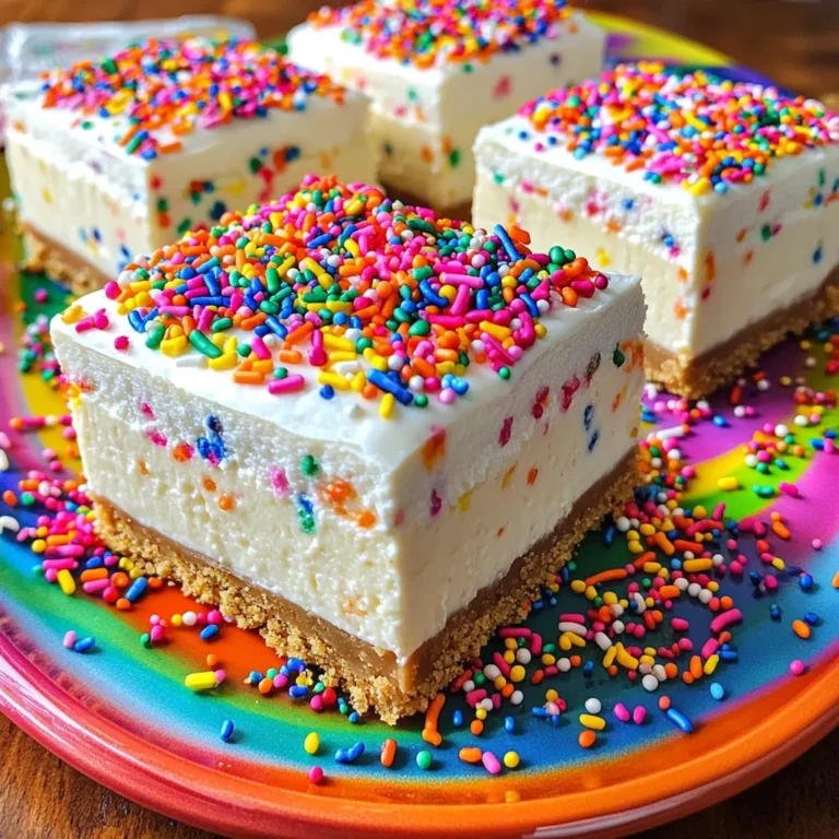 When making No-Bake Birthday Cake Cheesecake Bars, you need these key ingredients: - 1 ½ cups graham cracker crumbs - 1/2 cup unsalted butter, melted - 2 tablespoons granulated sugar - 16 oz cream cheese, softened to room temperature - 1 cup powdered sugar - 1 teaspoon pure vanilla extract - 1 cup heavy whipping cream - 1/2 cup rainbow sprinkles, plus extra for topping Each ingredient plays a vital role in creating a creamy, dreamy dessert. The graham cracker crumbs form the base. They provide a crunchy contrast to the smooth cheesecake. The unsalted butter helps bind the crumbs together. The granulated sugar adds a subtle sweetness to the crust. The cream cheese is the star of the filling. It gives the bars their rich and creamy texture. The powdered sugar sweetens the filling and helps it set. Pure vanilla extract adds a warm, inviting flavor that enhances the overall taste. Heavy whipping cream is essential for that light and fluffy texture. Whipping the cream creates air, making the dessert feel light. Rainbow sprinkles add color and fun. They bring a festive touch to your birthday cake cheesecake bars. By using these ingredients, you create a treat that is not only tasty but also visually appealing. Each bite is a celebration, perfect for any special occasion. First, gather your graham cracker crumbs, melted butter, and granulated sugar in a medium bowl. Mix these ingredients well until it looks like wet sand. This texture is key for a great crust. Next, take the mixture and press it into a lined 9x9-inch baking pan. Use a measuring cup or spatula to press it down firmly. Make sure it forms a solid layer across the bottom. In a large bowl, beat the softened cream cheese with an electric mixer. Do this on medium speed for about 1-2 minutes until it becomes smooth. After that, slowly add the powdered sugar and pure vanilla extract. Keep mixing on medium speed for 2-3 minutes until it is fluffy and well combined. In a separate bowl, pour in the heavy cream. Use a mixer on high speed to whip it. This can take about 3-5 minutes. You need to whip it until stiff peaks form, which means it holds its shape well. Carefully fold the whipped cream into the cream cheese mixture using a spatula. Be gentle so you keep that light texture. Keep folding until there are no streaks left. Then, mix in the rainbow sprinkles. Pour this cheesecake filling over your prepared crust and spread it evenly. Cover the pan with plastic wrap and place it in the fridge. Chill for at least 4 hours, or even overnight for the best texture. This step helps the cheesecake set properly and makes it easier to cut later. When the cheesecake is firm, lift it out using the parchment paper edges. Cut it into bars. For a fun touch, sprinkle extra rainbow sprinkles on top of each bar. Present them on a bright platter for a festive look. Using room temperature ingredients is key. When cream cheese is soft, it mixes better. This helps create a creamy filling. Cold cream cheese can become lumpy. For best results, remove it from the fridge an hour before you start. Folding whipped cream takes care. Start by adding a small amount to the cream cheese mix. Use a spatula to gently mix in. This helps lighten the cream cheese. Then, add the rest of the whipped cream. Fold carefully to keep air in. If you stir too hard, your filling can deflate. Toppings can make your cheesecake bars shine. You can sprinkle extra rainbow sprinkles on top. Whipped cream also adds a nice touch. Try adding fresh berries for a fruity look. Edible flowers can give a fancy feel. Use funfetti or chocolate shavings for more flair. Make it pretty, and enjoy the smiles! {{image_4}} You can mix things up with this cheesecake! Try adding chocolate or strawberry flavors. For a chocolate cheesecake, melt about 4 ounces of chocolate. Fold it into the cream cheese mixture after you beat it smooth. If you want strawberry flavor, use strawberry puree. This can replace some of the powdered sugar for sweetness. You can also toss in some chopped strawberries for extra texture! If you are gluten-free, use gluten-free graham cracker crumbs. Many brands offer these now. You can also use almond flour mixed with a bit of sugar and melted butter for the crust. It works well and adds a nice nutty flavor. Just press it into the pan like you would with regular crumbs. Want a vegan version? Use vegan cream cheese and coconut cream. For the crust, swap in vegan butter for the melted butter. If you want it low-sugar, use a sugar substitute in place of the granulated and powdered sugar. Just be sure to check the conversion ratio on the package. This way, you can enjoy the bars without all the sugar! To keep your cheesecake bars fresh, place them in an airtight container. Make sure to layer parchment paper between the bars to prevent sticking. Store them in the fridge for best taste. They will stay fresh for about five days. If you want to save some for later, you can freeze them. Wrap each bar in plastic wrap, then place them in a freezer bag. This helps protect them from freezer burn. To enjoy them later, thaw the bars in the fridge overnight. These cheesecake bars can last in the fridge for up to five days. If frozen, they can stay good for about three months. Just remember, the sooner you eat them, the better the taste! You can make these bars a day or two in advance. Start by preparing the crust and filling. Follow all the steps but do not cut them yet. After chilling, cover the bars tightly with plastic wrap. This keeps them fresh and tasty. When you are ready to serve, slice them into bars. Add extra sprinkles on top for fun. Yes, you can use low-fat cream cheese if you want a lighter option. Flavored cream cheese, like strawberry or chocolate, adds a twist. Just make sure it is softened for easy mixing. This keeps the texture creamy and smooth. You can use coconut cream or Greek yogurt as lighter options. Both will change the flavor a bit. Coconut cream adds a hint of coconut, while Greek yogurt gives tanginess. Whip them like you would with heavy cream. This keeps your bars fluffy and delicious. You now have a complete guide to making delicious cheesecake bars. We covered every step, from choosing your ingredients to serving them perfectly. Remember to use room temperature ingredients for a smooth texture. Feel free to explore fun flavor variations, like chocolate or strawberry. Lastly, store any leftovers properly to keep them fresh. Enjoy making these treats—they're sure to impress friends and family! Your baking skills can shine with these easy and tasty bars.