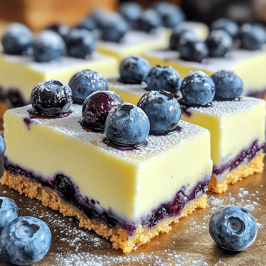 Here’s what you need for these No-Bake Blueberry Cheesecake Squares: - 1 ½ cups graham cracker crumbs - ½ cup unsalted butter, melted - 2 cups cream cheese, softened to room temperature - 1 cup powdered sugar - 1 teaspoon vanilla extract - 1 cup heavy whipping cream - 2 cups fresh blueberries (with extra for topping) - 1 tablespoon freshly squeezed lemon juice - ¼ cup blueberry preserves (optional, for enhanced flavor) Each ingredient plays a key role in creating this dessert. The graham cracker crumbs form a crunchy base. The butter adds richness and helps the crust hold together. Cream cheese gives the cheesecake its creamy texture, while powdered sugar sweetens the filling perfectly. Vanilla extract adds depth of flavor. Heavy whipping cream is essential for a light and airy texture. Fresh blueberries bring a burst of fruity flavor and a lovely color. Lemon juice brightens the taste. If you choose to add blueberry preserves, it enhances the blueberry flavor even more. Having these ingredients ready makes the prep easy and fun! You’ll enjoy mixing and matching flavors as you create this delightful treat. To start, mix 1 ½ cups of graham cracker crumbs with ½ cup of melted butter in a medium bowl. Stir well until all the crumbs are coated. Press this mixture firmly into the bottom of a lined 9x9 inch baking dish. Make sure it is even. Then, place the dish in the refrigerator while you make the cheesecake filling. This will help the crust firm up nicely. Next, in a large bowl, beat 2 cups of softened cream cheese with an electric mixer. Mix until it is smooth and creamy. Gradually add in 1 cup of powdered sugar and 1 teaspoon of vanilla extract. Keep mixing until everything is blended well. You want to avoid any lumps for a perfect texture. In a separate bowl, whip 1 cup of heavy cream using electric beaters until stiff peaks form. This step is key for a light and fluffy cheesecake. Gently fold the whipped cream into the cream cheese mixture. Be careful not to deflate the whipped cream. You want to keep that fluffy texture. Now, take 2 cups of fresh blueberries and mash them in a small bowl with a fork or potato masher. You can leave some whole for extra texture. Add 1 tablespoon of freshly squeezed lemon juice and ¼ cup of blueberry preserves if you like. Mix this well, then gently fold the blueberry mixture into the cheesecake batter. Make sure it is fully combined. Pour the blueberry cheesecake filling over the chilled crust in the baking dish. Use a spatula to spread it out evenly. Smooth the top and gently tap the dish on the counter to release any air bubbles. Cover it with plastic wrap and refrigerate for at least 4 hours. This will help the cheesecake set perfectly. When the cheesecake is set, lift it out of the baking dish using the edges of the parchment paper. Cut it into 12 squares. For a lovely touch, top each square with extra fresh blueberries before serving. Enjoy this delightful treat! - To avoid lumps in the cream cheese mixture, make sure the cream cheese is very soft. Leave it out for an hour before you start. Use an electric mixer on medium speed. Mix until it's smooth, with no lumps left. This step is key for a creamy filling. - When you whip the cream, use a clean bowl and beaters. Whip the cream until it forms stiff peaks. This keeps the cheesecake light and fluffy. Gently fold the whipped cream into the cream cheese mixture. Be careful not to overmix. You want to keep that airy texture. - For blueberry preserves, I recommend brands like Smucker’s or Bonne Maman. They have great flavor and quality. If you want to use fresh blueberries instead, try different types. You can mix in raspberries or blackberries for a fun twist. Each berry adds a unique taste. - For an elegant touch, serve the squares on a pretty platter. You can line the platter with fresh mint leaves or edible flowers. This adds color and freshness. - Use extra blueberries for garnishing. You can also drizzle some blueberry preserves on top. This makes each square look special. A sprinkle of lemon zest also brightens the presentation. {{image_4}} You can change up the fruit in your cheesecake squares. Try using strawberries or raspberries instead of blueberries. These fruits add a nice twist and bring their own flavors. You can also use fruit purees. Blend some strawberries or mangoes for a smooth, fruity layer. If you need a gluten-free treat, swap regular graham crackers for gluten-free ones. Many brands offer tasty options that work great in this recipe. Just make sure to check the label to keep it gluten-free. Want to take your cheesecake to the next level? Add chocolate chips for a sweet touch. You can also mix in lemon zest for a fresh, zesty flavor. If you want a lighter option, try using Greek yogurt instead of cream cheese. It gives a nice tang and keeps it creamy. You can store your no-bake blueberry cheesecake squares in the fridge for up to five days. It’s best to cover them tightly with plastic wrap or place them in an airtight container. This keeps them fresh and prevents any fridge odors from sneaking in. If you want to save some for later, you can freeze the cheesecake squares. First, cut the squares and place them on a baking sheet. Freeze them until firm, about one hour. Then, wrap each square in plastic wrap, and put them in a freezer bag. They can last up to three months in the freezer. When you’re ready to enjoy them, take out the squares and thaw them in the fridge for several hours or overnight. This way, they stay creamy and delicious when you serve them. Yes, you can use frozen blueberries. They work in this recipe. However, frozen blueberries may release more juice than fresh ones. This can make the cheesecake a bit wetter. To avoid this, let the frozen blueberries thaw and drain any excess liquid. If you prefer a firmer texture, fresh blueberries are best. The cheesecake needs at least 4 hours to set. I recommend chilling it overnight for the best results. The longer it chills, the firmer it becomes. This gives the flavors time to meld nicely. Make sure to cover it well to prevent it from absorbing other fridge smells. Yes, you can use a different crust. If you want a gluten-free version, try almond flour or gluten-free cookies. A chocolate crust adds a rich flavor. You can also use a cookie crust made from Oreos or digestive biscuits. Just follow the same steps for mixing and pressing the crust. If you don't have blueberry preserves, don't worry! You can skip it entirely. The cheesecake will still taste great with just the fresh blueberries. For a sweeter touch, try using honey or maple syrup. You can also mix in a bit of jam from another fruit. This will add flavor and color to your cheesecake. This blog post covered every step to make a delicious blueberry cheesecake. We detailed the ingredients, from graham crackers to fresh blueberries, and explained how to prepare each part. You also learned tips for perfecting the texture and creative variations to try. Experimenting with flavors can make your cheesecake unique. Remember to refrigerate it well and enjoy it fresh. Now, you are ready to impress friends and family with your tasty dessert!
